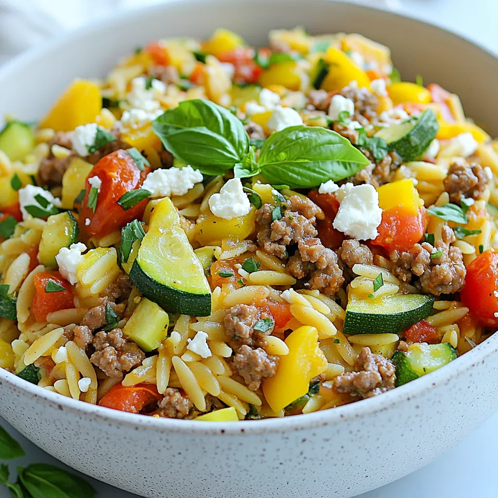 - 1 lb ground turkey - 1 cup orzo pasta - 1 medium onion, diced - 2 cloves garlic, minced - 1 bell pepper, diced (any color) - 1 zucchini, diced - 1 teaspoon dried oregano - 1 teaspoon paprika - Salt and pepper to taste - 1 can (14.5 oz) diced tomatoes (with juices) - 2 cups chicken broth - ½ cup feta cheese, crumbled (optional) - Fresh basil or parsley for garnish Ground turkey is a lean protein that cooks up nicely. It keeps the dish light but filling. Orzo adds a fun twist. It cooks quickly and soaks up flavors, making it perfect for this skillet dish. Fresh vegetables like onion, garlic, bell pepper, and zucchini add taste and color. They mix well with the turkey and orzo. Seasonings like dried oregano and paprika give this meal a warm flavor. I like to add salt and pepper to taste for the best outcome. You can also enhance the dish with optional additions. Diced tomatoes add a nice touch. Chicken broth makes the orzo creamy and rich. For a special treat, sprinkle crumbled feta cheese on top. Fresh herbs like basil or parsley can finish the dish with a burst of color and flavor. {{ingredient_image_1}} 1. Start by heating two tablespoons of olive oil in a large skillet over medium heat. 2. Once hot, add one diced onion. Sauté it for about 3 to 4 minutes until it becomes soft and translucent. 3. Next, add two cloves of minced garlic and one diced bell pepper to the skillet. Cook for another 2 to 3 minutes. You want the bell pepper to soften a bit. 1. Now, increase the heat to medium-high. Add one pound of ground turkey to the skillet. 2. Cook the turkey for about 5 to 6 minutes. Use a spoon to break it up as it browns. 3. Once the turkey is browned, stir in one diced zucchini, one teaspoon of dried oregano, one teaspoon of paprika, and salt and pepper to taste. Cook for another 2 minutes. This softens the zucchini and blends the flavors. 1. It’s time to add one cup of orzo and one can of diced tomatoes (with juices) to the skillet. 2. Pour in two cups of chicken broth and stir everything together. 3. Bring the mixture to a boil, then reduce the heat to simmer. Cover the skillet and let it cook for 12 to 15 minutes. Stir occasionally to prevent sticking. 4. Once the orzo is tender and has absorbed most of the liquid, remove it from the heat. Let it sit covered for 2 to 3 minutes. 5. Fluff the dish with a fork before serving. If you like, top it with crumbled feta cheese and fresh herbs. Enjoy your hearty meal! To prevent orzo from sticking, follow these tips: - Use enough liquid: Always add the correct amount of chicken broth. This keeps the orzo moist. - Stir often: Mix the orzo with a spoon every few minutes. This helps it cook evenly. When browning turkey, ensure even cooking by doing this: - Break it apart: Use a wooden spoon to break the turkey into small pieces. This allows it to cook faster. - Don’t overcrowd the pan: If needed, cook in batches. This helps the turkey brown better. To boost the flavor of your dish, consider these spices: - Crushed red pepper flakes: Adds a nice kick. - Italian seasoning: Great for a herb-filled taste. - Garlic powder: Extra garlicky goodness if you love garlic. A squeeze of lemon at the end brightens the dish. Just add a little juice before serving. This adds a fresh pop of flavor that balances the richness of the turkey. For serving, you have fun options: - Rustic style: Serve directly in the skillet. This looks inviting and casual. - Individual bowls: Portion into bowls and add garnishes. Fresh basil or parsley adds color and flavor. A sprinkle of feta on top makes it look fancy. Pro Tips Use Lean Turkey: Opt for lean ground turkey for a healthier dish, but be mindful not to overcook it to prevent dryness. Add Extra Vegetables: Feel free to include additional vegetables like spinach or mushrooms for more flavor and nutrition. Customize the Cheese: Experiment with different cheeses like goat cheese or mozzarella for varied taste profiles. Make it Spicy: For a kick, add red pepper flakes or diced jalapeños to the skillet while cooking the turkey. {{image_2}} You can easily swap the ground turkey for other meats. Ground chicken works well for a lighter taste. Ground beef adds a rich flavor, and it's a great option. For those who prefer a plant-based diet, try using plant-based ground meat. It mimics the texture of meat and absorbs flavors well. Changing up the veggies can create new flavors. Add spinach or kale for a healthy twist. Mushrooms can give a deep umami taste. Carrots or peas add sweetness and color. Think about the seasons too. In spring, use asparagus and peas. In fall, try butternut squash or kale. If you need a gluten-free option, look for gluten-free orzo. There are many brands that make it from rice or corn. You can also skip the cheese or use dairy-free feta for a dairy-free dish. This way, everyone can enjoy the meal without worry. To store leftovers, place the ground turkey orzo skillet in an airtight container. Cool it to room temperature before sealing. This helps keep it fresh. You can refrigerate it for up to three days. If you want to enjoy it later, make sure to reheat it well before eating. To freeze your dish, allow it to cool completely. Then, transfer it to a freezer-safe container. Make sure to leave some space at the top, as it will expand. You can freeze it for up to three months. When you're ready to eat, thaw it overnight in your fridge. Reheat it in a skillet on medium heat, stirring until hot. You can make this dish ahead of time for easy meals. Cook it as usual, then let it cool. Store it in individual portions for quick lunches or dinners. Pair it with a fresh salad or steamed veggies for a complete meal. You can also serve it with crusty bread for a cozy touch. Yes, you can make this dish ahead of time. It stores well in the fridge. To store, let it cool down first. Then place it in an airtight container. It will last for up to three days. When you are ready to eat, reheat it on the stove. Add a splash of chicken broth to keep it moist. You can also microwave it, stirring every minute until hot. No, traditional orzo is not gluten-free. It is made from wheat. However, you can find gluten-free orzo made from rice or corn. Many stores sell these types. They cook similarly, so you can use them in this recipe. Just check the package for cooking times. To add spice, try adding red pepper flakes. Start with a pinch and taste. You can also add diced jalapeños for a fresh kick. If you like hot sauce, drizzle some on top before serving. These ideas will bring heat and flavor to your orzo skillet. This blog post covers a simple and tasty ground turkey orzo dish. You learned about the key ingredients, step-by-step cooking, useful tips, and variations. This dish is easy to customize and perfect for any meal. Remember to store leftovers properly to enjoy later. Feel free to experiment with spices and vegetables to make it your own. Enjoy cooking and sharing this flavorful recipe!