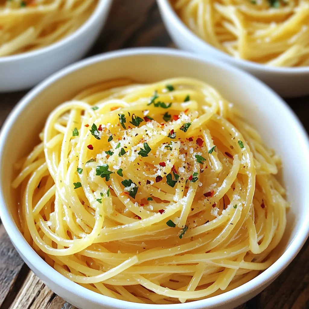 - 200g spaghetti or your choice of pasta - 4 tablespoons unsalted butter - 4 cloves garlic, minced - 1/4 teaspoon red pepper flakes - Salt, to taste - Freshly cracked black pepper, to taste - 1/4 cup grated Parmesan cheese (optional) - Fresh parsley, chopped, for garnish To make a great Minute Garlic Butter Pasta, gather these simple ingredients. Spaghetti is my go-to, but you can use any pasta you like. The unsalted butter gives a rich base. I love using fresh garlic for its strong flavor. A hint of red pepper flakes adds just the right amount of heat. Next, let’s talk about seasonings. Salt is key to enhance the dish. Freshly cracked black pepper gives a nice kick. If you want to go the extra mile, adding Parmesan cheese makes it creamy and delicious. Lastly, chopped parsley brightens the dish and adds color. This recipe is easy, quick, and packed with flavor. You’ll enjoy each bite of this garlic butter delight! {{ingredient_image_1}} To start, fill a large pot with water and add a good amount of salt. Bring the water to a rolling boil. This step is key for flavor. Once boiling, add 200g of your choice of pasta. I love using spaghetti, but you can pick any pasta you want. Cook it for about 8-10 minutes. You want it to be al dente, which means it should still have a little bite to it. When done, remember to save a cup of pasta water before draining the pasta. Next, let’s make the sauce. Grab a large skillet and place it over medium heat. Add 4 tablespoons of unsalted butter to the pan. Watch it melt and start to froth. This is when you add 4 cloves of minced garlic. Sauté it for about 1-2 minutes. You want it to smell amazing and turn lightly golden, so don’t let it burn! After that, sprinkle in 1/4 teaspoon of red pepper flakes for a nice kick. Stir it for about 30 seconds to release the flavors. Now comes the fun part! Add the drained pasta into the skillet. Toss it well to coat the spaghetti in the garlic butter sauce. If it feels dry, slowly add some of that reserved pasta water. This will help make it nice and saucy. Season with salt and freshly cracked black pepper to taste. Toss again for good measure. If you want, sprinkle in 1/4 cup of grated Parmesan cheese. Toss until it melts into the pasta. This adds a nice creamy touch. Using fresh ingredients makes a big difference. Fresh garlic adds a bold taste. Butter should be unsalted for control over saltiness. Always use quality pasta, as it holds sauce well. Pasta water is your secret weapon. It has starch that gives the sauce a nice texture. When you add a little to your pasta, it coats well and makes it creamy. If your dish feels dry, just use a splash of that saved water. Make your dish look inviting. Serve the pasta in deep bowls. This helps the colors pop and keeps it warm. Sprinkle some extra Parmesan on top for flair. A drizzle of melted butter gives it a shiny look. Garnish with fresh parsley. It adds a nice green color and fresh taste. You can also use crushed red pepper for a bit of heat and visual contrast. Your meal will not just taste good; it will also look great! Pro Tips Use Fresh Garlic: Freshly minced garlic gives a stronger flavor compared to pre-minced or jarred options, enhancing the overall taste of your pasta. Adjust Heat Level: Modify the amount of red pepper flakes according to your spice preference. For a milder dish, reduce the amount or omit it altogether. Reserve Pasta Water: Always save some pasta water before draining. It’s starchy and helps to create a silky sauce that clings beautifully to the pasta. Experiment with Herbs: Feel free to add other fresh herbs like basil or oregano for an additional layer of flavor and freshness in your dish. {{image_2}} You can change your pasta to fit your needs. Whole wheat pasta is a great choice. It adds fiber and a nutty taste. Gluten-free pasta is also an option. Many brands make tasty gluten-free pasta that cooks well. You can also try different shapes. Fusilli, penne, or even farfalle work well. Each shape holds the sauce differently, giving a new twist to your dish. To make this dish more exciting, add vegetables. Spinach, cherry tomatoes, or broccoli can brighten the meal. You can also add proteins like chicken, shrimp, or tofu for extra heartiness. Fresh herbs make a big difference too. Basil, thyme, or oregano can add fresh notes. If you like spice, try different peppers. You can use jalapeños for a bolder kick or even a bit of sriracha. Adjust the red pepper flakes to suit your taste. Just remember, start small and taste as you go. This way, you can find the perfect heat level for you. To store leftovers of Minute Garlic Butter Pasta, let it cool first. Place the pasta in an airtight container. This keeps out air and moisture. You can store it in the fridge for up to three days. For storage containers, use glass or plastic containers with tight seals. These prevent spills and keep the pasta fresh. Make sure they are clean and dry before adding the pasta. The best way to reheat pasta is on the stove. Heat a skillet over medium heat. Add a splash of water or a little butter to keep it moist. Stir gently until heated through. You can also use the microwave. Place the pasta in a microwave-safe bowl. Add a bit of water, cover it, and heat in short bursts. This helps maintain the texture and flavor. Avoid overheating, as it can make the pasta dry. Enjoy your meal again! Preparing Minute Garlic Butter Pasta takes just 5 minutes for prep and 10 minutes for cooking. You can have a delicious meal in only 15 minutes. This quick time makes it perfect for busy days. Yes, you can make this pasta ahead of time. Store leftovers in an airtight container in the fridge for up to three days. When you want to eat it, just reheat in a pan over low heat. Add a bit of butter or water to keep it moist. If you don't have Parmesan cheese, there are great alternatives. You can try Pecorino Romano for a sharper taste. Nutritional yeast works well for a dairy-free option. Crumbled feta or goat cheese can also add nice flavors. In this article, we covered how to make Minute Garlic Butter Pasta with simple ingredients and easy steps. I shared tips to enhance the flavor and offered variations to suit your taste. Remember, fresh ingredients make a big difference. Store leftovers properly and reheat wisely to enjoy each bite. With these techniques, your pasta will always impress. Enjoy the journey of cooking and exploring new flavors!