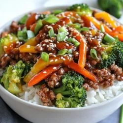- 1 pound ground beef - 2 tablespoons hot honey - 1 tablespoon soy sauce - 1 tablespoon sesame oil - 1 teaspoon garlic powder - 1 teaspoon onion powder - 1 teaspoon ground ginger - 1 cup cooked rice (jasmine or brown) - 1 cup broccoli florets - 1 medium carrot, julienned - ½ red bell pepper, sliced - 2 green onions, sliced (for garnish) - Sesame seeds (for garnish) - Salt and pepper to taste These ingredients come together to create a bold and tasty dish. The hot honey adds just the right kick. The ground beef serves as a hearty base, making this meal filling and satisfying. - Sliced green onions - Sesame seeds Garnishing is key to adding flavor and texture. Green onions give a fresh crunch. Sesame seeds add an appealing look and nutty taste. These simple additions elevate your meal. - Sliced jalapeños for heat - Chopped cilantro for freshness - Lime wedges for a zesty kick Feel free to mix in these extras. Jalapeños can spice things up further. Cilantro offers a fresh touch, while lime brightens the dish. Customize it to match your taste buds! {{ingredient_image_1}} First, heat a large skillet over medium heat. Add 1 pound of ground beef into the skillet. Season the beef with salt, pepper, garlic powder, onion powder, and ground ginger. Cook the beef for about 8 to 10 minutes. Stir and break it apart with a spoon. Once browned, drain any excess fat if needed. Next, lower the heat slightly. Add 2 tablespoons of hot honey and 1 tablespoon of soy sauce to the beef. Stir well to coat the beef evenly. Let it simmer for about 2 to 3 minutes. This will help the sauce thicken and add flavor. In a separate pan, heat 1 tablespoon of sesame oil over medium heat. Add 1 cup of broccoli florets, 1 medium carrot (julienned), and ½ red bell pepper (sliced). Sauté the vegetables for about 5 to 7 minutes. They should be tender but still bright in color. Add a light sprinkle of salt and pepper to taste. Now, it's time to put everything together. In serving bowls, layer 1 cup of cooked rice as the base. Top the rice with the hot honey ground beef mixture. Then, add the sautéed vegetables on top. Finally, for the finishing touch, sprinkle sliced green onions and sesame seeds over the bowls. This adds a nice crunch and boosts the flavor. Your Hot Honey Ground Beef Bowls are now ready to serve! To cook ground beef well, start with a hot skillet. This helps the meat brown nicely. Use a wooden spoon to break it apart as it cooks. Season it with salt, pepper, garlic powder, onion powder, and ground ginger. This will make your beef tasty. Cook until it turns brown, about 8-10 minutes. Drain any extra fat. This step keeps your dish light. You can boost the flavor of your hot honey ground beef bowls. Try adding a splash of lime juice for a zesty twist. You can also mix in some chopped garlic or fresh ginger. These will bring out the dish's warmth. Consider adding some crushed red pepper flakes for extra heat. This will give your meal a nice kick. If you have allergies, there are easy swaps. Use ground turkey or chicken instead of beef for a lighter option. If soy sauce is a concern, try coconut aminos. For a gluten-free option, use tamari sauce. You can substitute hot honey with regular honey plus chili flakes. This keeps the sweet and spicy flavor. Always adjust according to your taste and needs. Pro Tips Balance the Heat: Adjust the amount of hot honey based on your spice tolerance. Start with less if you're unsure, and add more to taste. Perfectly Cooked Vegetables: Keep your vegetables crunchy by sautéing them just until bright and tender. Overcooking can lead to a mushy texture. Rice Variations: Experiment with different rice types like brown, jasmine, or even quinoa for a nutritious twist. Meal Prep Friendly: Prepare the ground beef and sautéed vegetables in advance for quick assembly during busy weeknights. {{image_2}} If you want a low-carb option, try using cauliflower rice. Cauliflower rice has a light, fluffy texture. It pairs well with the hot honey ground beef. To make it, simply pulse cauliflower florets in a food processor until they resemble rice. Sauté the cauliflower rice in a pan for about 5 minutes. Season with salt and pepper. This swap cuts carbs and boosts veggies. For a vegetarian twist, use meat alternatives like plant-based ground beef. Many brands offer tasty options that mimic ground beef well. Cook it just like regular ground beef. Add hot honey and soy sauce as usual. This way, you still enjoy the flavors without meat. You can also use lentils or chickpeas for added protein and texture. You can adjust the spice level to fit your taste. If you prefer milder flavors, reduce the hot honey. You can also mix in a bit of regular honey to balance the heat. For those who love spice, add more hot honey or some chili flakes. Experimenting with spice levels makes the dish fun and personal. To store your hot honey ground beef bowls, allow them to cool. Use airtight containers for leftovers. This helps keep the flavors fresh. You can store them in the fridge for up to three days. Make sure to separate the beef from the rice and veggies. This keeps everything from getting soggy. When you want to enjoy your leftovers, reheat them in the microwave. Place the beef, rice, and veggies in a microwave-safe dish. Heat on high for about 2-3 minutes, stirring halfway. You can also reheat in a skillet. Add a splash of water to keep it moist. Cook over medium heat until heated through. If you want to keep your hot honey ground beef bowls longer, freezing is a great option. Use freezer-safe containers or bags. Make sure to label them with the date. You can freeze them for up to three months. When ready to eat, thaw in the fridge overnight. Then, reheat as mentioned above. Enjoying this tasty meal later is easy! Hot honey is honey mixed with spices or peppers. It gives a sweet and spicy kick to dishes. You can find hot honey in many grocery stores or online. Look for brands that use natural ingredients. You can also check local specialty stores for unique flavors. Yes, you can use other proteins. Ground turkey, chicken, or pork work well. For a vegetarian option, try crumbled tofu or tempeh. Each choice brings its own flavor, so feel free to experiment. Making hot honey at home is easy and fun. Start with one cup of honey. Add 1-2 teaspoons of red pepper flakes or fresh chili peppers. Heat the mix in a saucepan until warm, then let it cool. The longer you let it sit, the spicier it gets. Absolutely! You can add any vegetables you like. Try bell peppers, snap peas, or spinach. Just remember to cut them thin for quick cooking. Adding different colors makes the bowl more appealing and nutritious. Hot honey ground beef bowls can last about 3-4 days in the fridge. Store them in an airtight container. When ready to eat, simply reheat in the microwave or on the stove. Enjoy your flavorful meal again! We covered a great recipe for hot honey ground beef bowls. You learned about key ingredients and tasty garnishes. I shared steps to prepare and assemble your dish easily. Tips help you cook the beef perfectly and add flavors. You can even try variations like low-carb or vegetarian options. Enjoy creating your bowls and feel free to make them your own. This dish is simple, delicious, and fun for everyone!