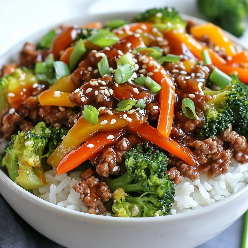 - 1 pound ground beef - 2 tablespoons hot honey - 1 tablespoon soy sauce - 1 tablespoon sesame oil - 1 teaspoon garlic powder - 1 teaspoon onion powder - 1 teaspoon ground ginger - 1 cup cooked rice (jasmine or brown) - 1 cup broccoli florets - 1 medium carrot, julienned - ½ red bell pepper, sliced - 2 green onions, sliced (for garnish) - Sesame seeds (for garnish) - Salt and pepper to taste These ingredients come together to create a bold and tasty dish. The hot honey adds just the right kick. The ground beef serves as a hearty base, making this meal filling and satisfying. - Sliced green onions - Sesame seeds Garnishing is key to adding flavor and texture. Green onions give a fresh crunch. Sesame seeds add an appealing look and nutty taste. These simple additions elevate your meal. - Sliced jalapeños for heat - Chopped cilantro for freshness - Lime wedges for a zesty kick Feel free to mix in these extras. Jalapeños can spice things up further. Cilantro offers a fresh touch, while lime brightens the dish. Customize it to match your taste buds! {{ingredient_image_1}} First, heat a large skillet over medium heat. Add 1 pound of ground beef into the skillet. Season the beef with salt, pepper, garlic powder, onion powder, and ground ginger. Cook the beef for about 8 to 10 minutes. Stir and break it apart with a spoon. Once browned, drain any excess fat if needed. Next, lower the heat slightly. Add 2 tablespoons of hot honey and 1 tablespoon of soy sauce to the beef. Stir well to coat the beef evenly. Let it simmer for about 2 to 3 minutes. This will help the sauce thicken and add flavor. In a separate pan, heat 1 tablespoon of sesame oil over medium heat. Add 1 cup of broccoli florets, 1 medium carrot (julienned), and ½ red bell pepper (sliced). Sauté the vegetables for about 5 to 7 minutes. They should be tender but still bright in color. Add a light sprinkle of salt and pepper to taste. Now, it's time to put everything together. In serving bowls, layer 1 cup of cooked rice as the base. Top the rice with the hot honey ground beef mixture. Then, add the sautéed vegetables on top. Finally, for the finishing touch, sprinkle sliced green onions and sesame seeds over the bowls. This adds a nice crunch and boosts the flavor. Your Hot Honey Ground Beef Bowls are now ready to serve! To cook ground beef well, start with a hot skillet. This helps the meat brown nicely. Use a wooden spoon to break it apart as it cooks. Season it with salt, pepper, garlic powder, onion powder, and ground ginger. This will make your beef tasty. Cook until it turns brown, about 8-10 minutes. Drain any extra fat. This step keeps your dish light. You can boost the flavor of your hot honey ground beef bowls. Try adding a splash of lime juice for a zesty twist. You can also mix in some chopped garlic or fresh ginger. These will bring out the dish's warmth. Consider adding some crushed red pepper flakes for extra heat. This will give your meal a nice kick. If you have allergies, there are easy swaps. Use ground turkey or chicken instead of beef for a lighter option. If soy sauce is a concern, try coconut aminos. For a gluten-free option, use tamari sauce. You can substitute hot honey with regular honey plus chili flakes. This keeps the sweet and spicy flavor. Always adjust according to your taste and needs. Pro Tips Balance the Heat: Adjust the amount of hot honey based on your spice tolerance. Start with less if you're unsure, and add more to taste. Perfectly Cooked Vegetables: Keep your vegetables crunchy by sautéing them just until bright and tender. Overcooking can lead to a mushy texture. Rice Variations: Experiment with different rice types like brown, jasmine, or even quinoa for a nutritious twist. Meal Prep Friendly: Prepare the ground beef and sautéed vegetables in advance for quick assembly during busy weeknights. {{image_2}} If you want a low-carb option, try using cauliflower rice. Cauliflower rice has a light, fluffy texture. It pairs well with the hot honey ground beef. To make it, simply pulse cauliflower florets in a food processor until they resemble rice. Sauté the cauliflower rice in a pan for about 5 minutes. Season with salt and pepper. This swap cuts carbs and boosts veggies. For a vegetarian twist, use meat alternatives like plant-based ground beef. Many brands offer tasty options that mimic ground beef well. Cook it just like regular ground beef. Add hot honey and soy sauce as usual. This way, you still enjoy the flavors without meat. You can also use lentils or chickpeas for added protein and texture. You can adjust the spice level to fit your taste. If you prefer milder flavors, reduce the hot honey. You can also mix in a bit of regular honey to balance the heat. For those who love spice, add more hot honey or some chili flakes. Experimenting with spice levels makes the dish fun and personal. To store your hot honey ground beef bowls, allow them to cool. Use airtight containers for leftovers. This helps keep the flavors fresh. You can store them in the fridge for up to three days. Make sure to separate the beef from the rice and veggies. This keeps everything from getting soggy. When you want to enjoy your leftovers, reheat them in the microwave. Place the beef, rice, and veggies in a microwave-safe dish. Heat on high for about 2-3 minutes, stirring halfway. You can also reheat in a skillet. Add a splash of water to keep it moist. Cook over medium heat until heated through. If you want to keep your hot honey ground beef bowls longer, freezing is a great option. Use freezer-safe containers or bags. Make sure to label them with the date. You can freeze them for up to three months. When ready to eat, thaw in the fridge overnight. Then, reheat as mentioned above. Enjoying this tasty meal later is easy! Hot honey is honey mixed with spices or peppers. It gives a sweet and spicy kick to dishes. You can find hot honey in many grocery stores or online. Look for brands that use natural ingredients. You can also check local specialty stores for unique flavors. Yes, you can use other proteins. Ground turkey, chicken, or pork work well. For a vegetarian option, try crumbled tofu or tempeh. Each choice brings its own flavor, so feel free to experiment. Making hot honey at home is easy and fun. Start with one cup of honey. Add 1-2 teaspoons of red pepper flakes or fresh chili peppers. Heat the mix in a saucepan until warm, then let it cool. The longer you let it sit, the spicier it gets. Absolutely! You can add any vegetables you like. Try bell peppers, snap peas, or spinach. Just remember to cut them thin for quick cooking. Adding different colors makes the bowl more appealing and nutritious. Hot honey ground beef bowls can last about 3-4 days in the fridge. Store them in an airtight container. When ready to eat, simply reheat in the microwave or on the stove. Enjoy your flavorful meal again! We covered a great recipe for hot honey ground beef bowls. You learned about key ingredients and tasty garnishes. I shared steps to prepare and assemble your dish easily. Tips help you cook the beef perfectly and add flavors. You can even try variations like low-carb or vegetarian options. Enjoy creating your bowls and feel free to make them your own. This dish is simple, delicious, and fun for everyone!
