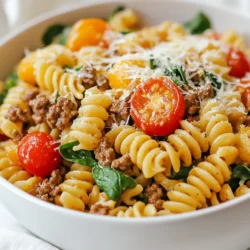 - 8 oz whole wheat pasta - 1 lb lean ground beef - 1 cup low-sodium beef broth - 1 cup cherry tomatoes, halved - 1 cup fresh spinach - 1 medium onion, diced - 3 cloves garlic, minced - 1 teaspoon dried oregano - 1 teaspoon dried basil - Salt and pepper to taste - 1 tablespoon olive oil - Grated Parmesan cheese for serving I love using whole wheat pasta. It adds fiber and keeps you full longer. Lean ground beef gives the dish a hearty protein boost. The low-sodium beef broth keeps the flavors rich without too much salt. Cherry tomatoes add a sweet burst, while fresh spinach brings a pop of color and nutrients. Diced onion and minced garlic form a solid base for the sauce. Dried oregano and basil add depth with their warm, earthy notes. Remember to season with salt and pepper to taste; this step makes all the difference. Olive oil helps cook the onions and garlic, lending richness to the dish. Finally, a sprinkle of grated Parmesan cheese gives a creamy finish that ties everything together. Each ingredient plays a role in creating a tasty and filling meal. {{ingredient_image_1}} First, boil water in a large pot. Add a pinch of salt for flavor. Once the water boils, add 8 oz of whole wheat pasta. Cook it according to the package directions until it is al dente. This usually takes about 8-10 minutes. After cooking, drain the pasta and set it aside. Next, grab a large skillet and heat 1 tablespoon of olive oil over medium heat. Add 1 medium diced onion to the skillet. Cook it for about 3-5 minutes until it is soft and clear. Then, add 3 cloves of minced garlic and 1 lb of lean ground beef. Use a spatula to break up the beef as it cooks. Cook it until the beef is brown and well done. Now, it’s time to mix in the herbs and tomatoes. Add 1 teaspoon of dried oregano and 1 teaspoon of dried basil to the beef mixture. Stir well. Then, add 1 cup of halved cherry tomatoes and 1 cup of low-sodium beef broth. Bring this mixture to a simmer. Let it cook for about 5 minutes. Once it simmers, add 1 cup of fresh spinach. Cook for another 2-3 minutes until the spinach wilts. Lastly, season the mixture with salt and pepper to taste. - Final Steps Add the drained pasta to the skillet. Toss everything together until the pasta is coated with the sauce. Make sure it heats through. Then, serve hot and top with grated Parmesan cheese. Enjoy your high protein beef pasta! To make the best beef pasta, cook the pasta until it is al dente. This means it should be firm but not hard. Drain it well, but save some pasta water. The starchy water helps the sauce stick better. When you sauté the onion, wait until it becomes soft. This brings out its sweet flavor. Add garlic right after so it cooks without burning. Always break apart the ground beef as it cooks. This ensures even cooking and flavor throughout the dish. To boost protein, use lean ground beef. It has less fat and more protein. You can also add other protein sources. Try mixing in cooked lentils or chickpeas. They blend well and add texture. Another great option is to top your dish with a generous amount of grated Parmesan cheese. It not only adds flavor but also packs in extra protein. Preparation can speed up your cooking. Chop the onion and garlic ahead of time. You can also use pre-washed spinach. This saves you a few minutes. When cooking, multitask! While the pasta cooks, prepare the beef mixture. This way, you maximize your time. Finally, clean as you go. It makes the kitchen less messy and the cooking process more enjoyable. Pro Tips Use Lean Beef: Opt for lean ground beef (90% lean or higher) to keep the dish healthy while maximizing protein content. Cook Pasta Al Dente: Ensure the pasta is cooked al dente for the perfect texture and better absorption of the flavors in the sauce. Add Extra Veggies: Feel free to add more vegetables such as bell peppers or zucchini for added nutrition and flavor. Garnish for Flavor: Don’t skip the grated Parmesan cheese; it adds a rich flavor that enhances the overall dish. {{image_2}} You can switch things up with different proteins. Try ground turkey or chicken for a lighter taste. If you want more flavor, use Italian sausage. You can also add veggies like bell peppers or zucchini. They will boost the nutrition and add color to your plate. If you need a gluten-free meal, use gluten-free pasta. There are many types, such as rice or quinoa pasta. Just cook it according to the package. The rest of the recipe stays the same. This way, you can still enjoy a hearty dish without gluten. Want a vegetarian meal? Replace beef with lentils or chickpeas. They are rich in protein and will fill you up. Use vegetable broth instead of beef broth for the sauce. You can still enjoy the same great flavors while keeping it meat-free. After you enjoy your meal, let it cool down. Place the pasta in an airtight container. This keeps the flavors fresh. You can store it in the fridge for up to three days. Keep it away from strong-smelling foods, as pasta can absorb odors. When you are ready to eat again, take the pasta out of the fridge. You can reheat it in a skillet over medium heat. Add a splash of beef broth or water to help it warm up. Stir until it’s hot. You can also use a microwave. Place it in a bowl, cover it, and heat for one to two minutes. If you want to save some for later, freezing is great. Use a freezer-safe container or resealable bag. Make sure to remove as much air as possible. Label it with the date. You can freeze it for up to three months. When you want to eat it, thaw it in the fridge overnight before reheating. This keeps the taste and texture just right. Whole wheat pasta is great for high protein meals. It has more fiber and protein than regular pasta. Other options include chickpea or lentil pasta. These types pack extra protein, making them perfect for this dish. Yes, you can make this dish ahead of time. Cook the pasta and beef mixture separately. Store them in airtight containers in the fridge. When you're ready to eat, just heat them up together. To boost the protein, try adding more lean beef or using ground turkey. You can mix in beans or lentils for extra protein. If you like cheese, sprinkle more Parmesan on top for added protein too. Several side dishes go well with this pasta. A simple green salad with lemon dressing adds freshness. Roasted vegetables can bring more flavor and color to your meal. Garlic bread is also a favorite, perfect for soaking up sauce. In this blog post, we explored the ingredients and steps for a delicious high-protein beef pasta. We covered cooking tips, storage info, and variations to suit your needs. Remember, using fresh ingredients and lean protein makes all the difference. Feel free to customize the recipe with your favorite veggies or proteins. This dish is not only tasty but also offers great nutrition. Now, get cooking and enjoy a healthy meal you can share!