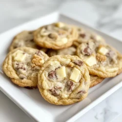 To make Chocolate Chip Cheesecake Cookies, you will need the following ingredients: - 1 cup cream cheese, softened - 1/2 cup unsalted butter, softened - 3/4 cup brown sugar, packed - 1/4 cup granulated sugar - 1 large egg - 1 teaspoon vanilla extract - 1 1/2 cups all-purpose flour - 1/2 teaspoon baking soda - 1/4 teaspoon salt - 1 cup semi-sweet chocolate chips - 1/2 cup crushed graham crackers Each ingredient plays a key role in creating the perfect cookie. The cream cheese gives it that rich, cheesecake flavor. Butter adds moisture and helps the cookies spread. Brown sugar makes them chewy and sweet. The egg binds everything and adds fluffiness. The flour forms the base of the dough, while baking soda helps them rise. Salt enhances the flavors. Chocolate chips add sweetness and richness, and graham crackers bring that classic cheesecake taste. Gather these items before you start. This will make your baking process smooth and enjoyable. Happy baking! {{ingredient_image_1}} 1. Preheat your oven to 350°F (175°C). Prepare a baking sheet by lining it with parchment paper. This helps the cookies not stick. 2. In a large mixing bowl, combine 1 cup of softened cream cheese and 1/2 cup of softened unsalted butter. Use an electric mixer to blend these until they are smooth and fluffy. This step is key for a creamy texture. 3. Next, add 3/4 cup of packed brown sugar and 1/4 cup of granulated sugar to the cream mixture. Beat until everything is well mixed. The sugars add sweetness and help the cookies rise. 4. Incorporate 1 large egg and 1 teaspoon of vanilla extract. Mix well until the batter is smooth. The egg binds the ingredients, while the vanilla adds flavor. 5. In a separate bowl, whisk together 1 1/2 cups of all-purpose flour, 1/2 teaspoon of baking soda, and 1/4 teaspoon of salt. Gradually add this dry mix to the wet ingredients, stirring just until combined. Avoid over-mixing to keep the cookies soft. 6. Now, fold in 1 cup of semi-sweet chocolate chips and 1/2 cup of crushed graham crackers. Mix gently to ensure they are evenly distributed. The graham crackers give that delicious cheesecake flavor. 7. Using a cookie scoop or tablespoon, drop rounded balls of dough onto the prepared baking sheet. Make sure to space them about 2 inches apart for even baking. 8. Bake in the preheated oven for 10 to 12 minutes. Look for lightly golden edges with soft centers. This ensures a chewy texture. 9. After baking, remove the cookies from the oven. Let them cool on the baking sheet for about 5 minutes. Then, transfer them to a wire rack to cool completely. Enjoy the sweet aroma as they cool! - How to achieve the perfect cookie texture To get soft and chewy cookies, do not overmix your dough. Mix just until you see no dry flour. Bake until the edges are light brown, but the center looks soft. This helps keep the inside moist and chewy. - Recommended tools for baking cookies Use a good electric mixer to cream butter and cream cheese. A cookie scoop helps you make even-sized cookies. Parchment paper on your baking sheet makes cleanup easy and helps cookies bake evenly. - Cooling and serving tips Allow the cookies to cool on the sheet for about 5 minutes. Then, move them to a wire rack. This keeps them from getting soggy. Serve warm for a melty chocolate experience, or let them cool for a firmer texture. - Adding spices or extracts For a twist, try adding a pinch of cinnamon or nutmeg. A bit of almond extract can also enhance the cheesecake flavor. Just a small amount can make a big difference in taste. - Alternative chocolate types If you want to mix it up, use milk chocolate or dark chocolate chips. You can also try white chocolate for a sweeter cookie. Each type gives a unique flavor to these delicious cheesecake cookies. Pro Tips Chill the Dough: For even thicker cookies, chill the dough for 30 minutes before baking. This helps prevent spreading and gives you a chewier texture. Use Room Temperature Ingredients: Ensure your cream cheese and butter are at room temperature for easier mixing and a smoother batter. Customize Your Mix-Ins: Feel free to swap out semi-sweet chocolate chips for dark chocolate or even white chocolate for a different twist on flavor! Store Properly: Keep leftover cookies in an airtight container at room temperature for up to a week to maintain freshness. {{image_2}} If you want to make these cookies fit your diet, consider using gluten-free options. You can swap regular flour for a gluten-free blend. Just make sure the blend has xanthan gum for the right texture. For a vegan twist, replace cream cheese with a vegan cream cheese. Use coconut oil instead of butter. You can also use flax eggs or applesauce in place of the egg. Both work well to keep the cookie moist. Feeling adventurous? Try different chip flavors. Dark chocolate or white chocolate chips add a unique taste. You can even mix in peanut butter chips for extra flavor. Adjusting sweetness can change the cookie's vibe. If you prefer a less sweet cookie, cut back on the brown sugar. You can also add a touch of sea salt to balance the sweetness. This adds a nice contrast to the chocolate and cream cheese. To keep your chocolate chip cheesecake cookies fresh, store them at room temperature. Use an airtight container to prevent drying out. Place parchment paper between layers to avoid sticking. If you want to keep them longer, refrigerate them. They will stay fresh for about one week in the fridge. Just remember to seal them well to keep them moist. To freeze cookies properly, first let them cool completely. Then, place them in a single layer on a baking sheet. Freeze until firm, about one hour. After that, transfer them to a freezer bag. Remove as much air as possible to avoid freezer burn. They can last up to three months in the freezer. When you want to enjoy a cookie, take it out and let it thaw at room temperature. You can also reheat it in the oven for a few minutes. This will bring back that fresh-baked taste. How do I prevent my cookies from spreading? To stop cookies from spreading, chill the dough for at least 30 minutes. This helps firm the fat. Use a cookie scoop to keep the shape. Also, make sure to measure your flour correctly. Too little flour can cause spreading. Can I make these cookies in advance? Yes, you can make the cookie dough ahead of time. Just wrap it well and store it in the fridge for up to 3 days. You can also freeze the dough. It lasts for about three months in the freezer. When ready, let it thaw in the fridge before baking. What can I use instead of cream cheese? You can use mascarpone or ricotta cheese as a substitute. Both will give a similar creamy texture. Another option is Greek yogurt, but it may change the flavor a bit. Each choice will still taste great in the cookies. How long do these cookies last? These cookies stay fresh for about a week when stored in an airtight container. If you want them to last longer, freeze them. They can keep for up to three months in the freezer. Just make sure to wrap them well! Now you know how to make delicious cookies with cream cheese and chocolate chips. We covered the key ingredients, steps to prepare, and tips for great results. Remember to store and freeze your cookies correctly to keep them fresh. You can also try different flavors and variations to make this recipe your own. Baking can be fun and rewarding. Enjoy your homemade treats!