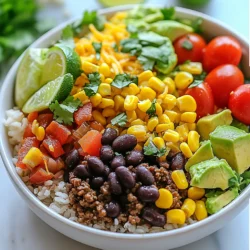 - 1 lb ground beef - 1 cup cooked brown rice - 1 can (15 oz) black beans, drained and rinsed - 1 cup corn (fresh, frozen, or canned) - 1 bell pepper, diced (any color) - 1 small onion, diced - 2 cloves garlic, minced - 1 avocado, diced - 1 cup cherry tomatoes, halved - ½ cup shredded cheddar cheese - ¼ cup fresh cilantro, chopped These ingredients create a tasty and colorful meal. Each component plays a role. The ground beef adds protein and flavor. The brown rice forms a great base. Black beans and corn add texture and nutrition. Fresh veggies like bell pepper, onion, and garlic bring brightness and crunch. For toppings, creamy avocado and juicy cherry tomatoes make each bite special. Shredded cheddar gives a nice cheesy finish. Fresh cilantro adds a pop of flavor. You can mix and match based on your taste. This recipe is flexible and fun. Enjoy experimenting! {{ingredient_image_1}} - Heat 1 tablespoon of olive oil in a large skillet over medium heat. - Add 1 small diced onion and 1 diced bell pepper to the skillet. - Sauté the onion and bell pepper until they are soft, about 5 minutes. - Add 2 minced garlic cloves to the pan for flavor. - Cook the garlic for 1 more minute, stirring often. - Increase the heat to medium-high and add 1 pound of ground beef. - Brown the ground beef, breaking it up as it cooks, for about 7 to 10 minutes. - Drain any fat from the beef once it is browned. - Stir in 1 tablespoon of taco seasoning, salt, and pepper to taste. - Add 1 can of drained black beans and 1 cup of corn. - Cook this mixture for an extra 2 to 3 minutes until it is hot. - Start with a base of 1 cup of cooked brown rice in each bowl. - Top the rice with the seasoned beef mixture. - Add diced avocado, halved cherry tomatoes, and shredded cheddar cheese on top. - Finish with fresh chopped cilantro and serve with lime wedges on the side. To get the perfect browned beef, heat your skillet on medium-high. Add olive oil first, then ground beef. Break it up with a spatula. Let it cook without stirring for a few minutes. This will help it brown nicely. Keep cooking until it’s no longer pink, about 7 to 10 minutes. For sautéing vegetables, start with the onion and bell pepper. Sauté them in olive oil over medium heat. This takes about 5 minutes. After they are soft, add minced garlic. Cook for just one more minute. This gives a great flavor base for your burrito bowls. Consider adding more spices to boost flavor. Try cumin or smoked paprika. These spices add warmth and depth. You can also add some chili powder for a kick. A dash of cayenne can make it spicy! For sauces, salsa works well. You can also use a drizzle of ranch or lime crema. These sauces add moisture and extra taste to your bowl. For sides, think about tortilla chips. They add a nice crunch. You could also serve with a fresh salad for a light touch. If you like beans, add extra black beans or pinto beans. They give more protein and fiber. Don’t forget lime wedges! Squeezing lime adds brightness to each bite. Pro Tips Use Lean Beef: Opt for lean ground beef (80/20 or 90/10) to reduce excess fat and make your burrito bowls healthier. Customize Your Veggies: Feel free to add or substitute vegetables like zucchini, corn, or spinach for extra nutrition and flavor. Spice it Up: Adjust the amount of taco seasoning according to your spice preference, or add fresh jalapeños for more heat. Meal Prep Friendly: Prepare extra servings and store them in the fridge for quick lunches or dinners throughout the week. {{image_2}} You can easily swap out the ground beef for other proteins. Chicken and turkey work well. If you want a vegetarian option, consider using lentils or black beans as the base. For grains, you don’t have to stick with brown rice. Quinoa is a great choice. It adds a nice nutty flavor and packs extra protein. You can also use white rice if you prefer it. Do you like spice? You can make your burrito bowls spicy by adding jalapeños or hot sauce. If you prefer mild flavors, just skip the heat. You can also adapt this recipe with regional ingredients. For a Tex-Mex twist, add some diced tomatoes or green chilies. These ingredients bring a fresh taste to your bowls. If you need gluten-free options, this dish is naturally gluten-free. Just make sure the taco seasoning you use has no gluten. For dairy-free options, skip the cheese or use a dairy-free alternative. Avocado adds creaminess without dairy, making it a tasty choice for everyone. You can store your ground beef burrito bowls in the fridge. First, let them cool to room temperature. Then, place them in an airtight container. They will stay fresh for about 3 to 4 days. If you want to enjoy your leftovers, keep the toppings separate. This will help keep everything fresh and tasty. To freeze your burrito bowls, pack them tightly in freezer-safe containers. Make sure to leave some space at the top, as the food will expand. They can last in the freezer for up to 2 months. When you're ready to eat, just thaw them in the fridge overnight before reheating. This method helps maintain the flavor and texture. To reheat the burrito bowls, the oven works best. Preheat it to 350°F (175°C). Place the bowl in an oven-safe dish and cover it with foil. Heat for about 20 minutes. This keeps your meal warm and prevents drying out. You can also use the microwave for quicker reheating. Just place the bowl in a microwave-safe dish and heat for 2 to 3 minutes. Stir halfway to avoid cold spots. Enjoy your flavorful meal! To make ground beef burrito bowls, follow these steps: 1. Heat olive oil in a skillet. 2. Add diced onion and bell pepper. Cook until soft. 3. Stir in minced garlic for one minute. 4. Increase heat and add ground beef. Brown for 7-10 minutes. 5. Drain excess fat. Mix in taco seasoning, salt, and pepper. 6. Add black beans and corn. Heat for 2-3 minutes. 7. Start with cooked brown rice in bowls. 8. Top with the beef mixture. 9. Add diced avocado and halved cherry tomatoes. 10. Sprinkle shredded cheddar cheese and fresh cilantro on top. 11. Serve with lime wedges for extra flavor. This simple method gives you tasty burrito bowls in about 30 minutes. Yes, you can make ground beef burrito bowls ahead of time. This is great for meal prep. - Cook the beef mixture and store it in an airtight container. - Keep the rice and toppings separate for best taste. - Refrigerate everything for up to three days. - You can also freeze the beef mix for up to three months. When ready to eat, just reheat the beef and rice. Add fresh toppings before serving. There are many tasty toppings for burrito bowls. Here are some popular ones: - Diced avocado - Halved cherry tomatoes - Shredded cheddar cheese - Chopped fresh cilantro - Sour cream or Greek yogurt - Sliced jalapeños for heat - Fresh lime juice for a zesty kick - Salsa or pico de gallo Feel free to mix and match your favorite toppings to create your ideal burrito bowl! This article covered how to make tasty ground beef burrito bowls. We talked about main and fresh ingredients, like beef, rice, bell pepper, and garlic. You learned how to cook and layer the dish step by step. We also shared tips for flavor and serving options. Finally, we shared ways to store and reheat leftovers. Now, you can create your own burrito bowls with confidence. Enjoy the flavors and customize them to your taste!