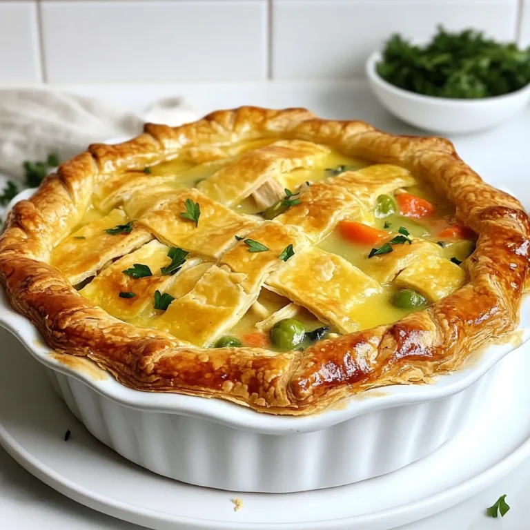 To make a great chicken pot pie, you need the right ingredients. Here’s what you’ll need: - 2 cups shredded cooked chicken - 1 cup frozen mixed vegetables (peas, carrots, corn) - 1 cup chicken broth - ½ cup milk - 1 teaspoon dried thyme - 1 teaspoon onion powder - Salt and pepper to taste - 1 tablespoon olive oil - 1 tablespoon all-purpose flour - 1 pre-made pie crust (store-bought or homemade) - 1 egg, beaten (for egg wash) Each ingredient plays a key role. The chicken adds protein and flavor. Frozen mixed veggies bring color and nutrients. Chicken broth makes the filling rich and savory. Milk adds creaminess, while thyme and onion powder give depth. Olive oil helps cook the filling evenly, and flour thickens the sauce. The pie crust holds it all together, and the egg wash gives it a golden shine. Choosing the right ingredients makes your pot pie taste amazing. Fresh or high-quality items often lead to better results. So, don’t rush this part. Take time to gather what you need. Enjoy the process of cooking! {{ingredient_image_1}} - Set your oven to 425°F (220°C). - Heat a large skillet over medium heat. Add olive oil once hot. - Add the shredded chicken and frozen mixed vegetables to the skillet. - Pour in the chicken broth and milk. Stir in thyme, onion powder, salt, and pepper. - Sprinkle flour into the mix. Stir until the sauce thickens, about 5-7 minutes. - Roll out the pie crust if needed. Fit it into a 9-inch pie dish. - Pour the chicken filling into the crust. Spread it out evenly. - Cover with a second pie crust. Seal the edges with your fingers or a fork. - Cut a few slits in the top crust for steam to escape. Brush the top with beaten egg. - Bake in the preheated oven for 30-35 minutes. Look for a golden brown crust. - Let the pie cool for about 10 minutes before slicing. Enjoy your warm, comforting meal! To make a great chicken pot pie, focus on the crust first. A flaky crust adds that perfect touch. Use cold butter or shortening and mix it with the flour gently. Don't overwork the dough. Just mix until it comes together. This keeps the crust light and flaky. Next, seasoning is key. Use salt and pepper to taste. Add dried thyme and onion powder to boost flavor. Feel free to experiment with herbs like rosemary or sage. Taste the filling before adding it to the crust to ensure it’s just right. One common mistake is overfilling the pie. The filling expands as it cooks. If there’s too much, it can spill out. Use just enough to fill the pie without overflowing. Another mistake is not letting the filling cool. If you pour hot filling into the crust, it can make the crust soggy. Allow the filling to cool for a few minutes before you pour it in. This helps keep your crust nice and crisp. To make your chicken pot pie look inviting, garnish it well. Fresh herbs like parsley or thyme brighten the dish. A sprinkle on top adds color and flavor. For side dishes, consider a simple salad or roasted vegetables. They add freshness and balance the rich pie. You might even serve it with some crusty bread for dipping. These pair nicely with the warm, creamy filling. Pro Tips Use Leftover Chicken: To save time, use leftover rotisserie chicken or any pre-cooked chicken for this recipe. Thicken Your Filling: If you prefer a thicker filling, add an extra tablespoon of flour and cook it longer to achieve the desired consistency. Customize Vegetables: Feel free to add your favorite vegetables such as green beans or potatoes for a personal touch. Egg Wash Alternatives: For a golden crust, you can use milk or cream instead of an egg wash if you want to keep it vegan. {{image_2}} You can switch up the protein in your pot pie. Try turkey for a twist. For a vegetarian option, use mushrooms or lentils. They add a nice texture. You can also mix different veggies. Instead of frozen mixed vegetables, use fresh carrots, peas, or green beans. This change adds flavor and color. Want to boost the taste? Add minced garlic or fresh herbs like rosemary. These ingredients make the filling fragrant and rich. If you want creamier filling, use heavy cream instead of milk. This gives the pot pie a velvety texture that feels luxurious. Not a fan of traditional crust? Try a biscuit topping. It bakes up fluffy and golden. You can also make a gluten-free crust if you need it. Use almond flour or gluten-free all-purpose flour. These alternatives let everyone enjoy this dish without worry. To keep your chicken pot pie fresh, follow these steps: - Refrigeration guidelines: Store leftovers in an airtight container. They stay good for 3-4 days in the fridge. - Freezing tips for longer storage: For longer storage, freeze the pie. Wrap it tightly in plastic wrap and then in foil. It lasts up to 3 months in the freezer. When reheating your pie, you want it warm and tasty. Here’s how: - Best methods for reheating: Preheat your oven to 350°F (175°C). Place the pie on a baking sheet and cover it with foil. Heat for about 20-25 minutes. - Avoiding sogginess in the crust: To keep the crust crispy, avoid microwaving. The oven method keeps it flaky and delicious. The best chicken for pot pie is cooked chicken. You can use rotisserie chicken for ease. Shredded chicken blends well with the filling. Cubed chicken works too, but it takes longer to cook. Shredding gives a soft texture. It also mixes easily with veggies and sauce. Yes, you can prepare the pie ahead. Just make the filling and let it cool. You can fill the crust and cover it. If you want to freeze it, do so unbaked. Wrap it tightly in plastic wrap. This keeps it fresh for about three months. Check the crust for a golden brown color. It should be firm and flaky. The filling needs to be hot throughout. Use a thermometer to check the center. It should reach 165°F for safety. Let it cool for a bit before serving to avoid burns. In this article, you learned how to make a delicious chicken pot pie from start to finish. We covered essential ingredients and detailed steps, from preheating the oven to serving suggestions. Remember to avoid common mistakes for the best results. You can customize your pie with different flavors and crusts. Enjoy the process and share your tasty creation with family and friends. A well-made chicken pot pie brings comfort and joy to any meal. Happy cooking!