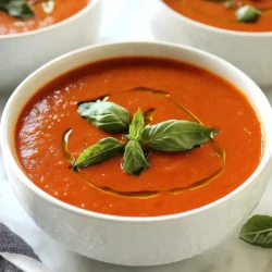 - 4 large ripe tomatoes, roughly chopped - 1 medium onion, chopped - 2 cloves garlic, minced - 1 carrot, diced - 1 celery stalk, diced - 1 cup vegetable broth - 1 cup coconut milk - 2 tablespoons olive oil - 1 teaspoon dried basil - ½ teaspoon sugar - Salt and pepper to taste - Fresh basil leaves for garnish I love using fresh ingredients for my creamy tomato soup. The ripe tomatoes give it a sweet taste. You want them to be juicy and full of flavor. I chop them roughly, which makes cooking easier. The onion and garlic bring warmth and depth. I use a medium onion and two cloves of garlic, minced fine. The carrot adds a nice sweetness, while celery gives it a bit of crunch. Both are diced small to blend well with the other veggies. I use vegetable broth for a rich base. It adds body to the soup without overpowering the tomato flavor. The coconut milk is a game changer. It makes the soup creamy and adds a subtle sweetness. For seasoning, I use two tablespoons of olive oil for sautéing. Dried basil gives a lovely aroma. A little sugar helps balance the acidity of the tomatoes. Salt and pepper round out the flavors. Finally, fresh basil leaves are a must for garnish. They add a pop of color and flavor. This mix of ingredients creates a comforting bowl of creamy tomato soup. It’s perfect for any day! {{ingredient_image_1}} To start, heat 2 tablespoons of olive oil in a large pot over medium heat. Once hot, add the chopped onion and minced garlic. Sauté these for about 5 to 7 minutes. You want them soft and fragrant. Next, add the diced carrot and celery. Stir well and cook for another 5 minutes. This mix builds a great base for your soup. Now, it's time for the star of the show: the tomatoes! Add 4 large, roughly chopped tomatoes to the pot. Also, stir in 1 teaspoon of dried basil and ½ teaspoon of sugar. The sugar helps balance the tomato's acidity. Let everything cook for 5 minutes. You’ll notice the tomatoes start to break down. After that, pour in 1 cup of vegetable broth. Bring this to a boil, then lower the heat and let it simmer for 15 minutes. This step blends all those wonderful flavors. After simmering, grab your immersion blender. Carefully blend the soup until it’s smooth and creamy. If you don’t have one, you can use a regular blender. Just transfer the soup in batches, blend, and then return it to the pot. Finally, stir in 1 cup of coconut milk. This adds a rich creaminess. Season with salt and pepper to taste. Let it simmer for another 5 minutes to warm it up. Your creamy tomato soup is now ready to serve! Choosing the best tomatoes Use ripe, red tomatoes for the best taste. Look for firm, shiny skin. They should feel heavy for their size. If possible, try heirloom varieties. They have rich, sweet flavors that make the soup pop. You can also use canned tomatoes if fresh ones are not available. Just choose whole or diced tomatoes in juice. Balancing acidity with sugar Tomatoes can be quite acidic. To balance this, add a little sugar. Just half a teaspoon can do wonders. This small amount helps round out the flavors. It makes the soup taste sweeter and more balanced. Tips for achieving the right smoothness Blend the soup well to get a creamy texture. Use an immersion blender right in the pot. If you don’t have one, blend in small batches in a countertop blender. Make sure the soup is hot, but not boiling, when blending. This keeps it smooth and prevents splatters. Adjusting thickness with broth If your soup is too thick, add more vegetable broth. Start with a quarter cup and mix it in well. This will help you reach your desired consistency. If you prefer it thicker, blend less or reduce the broth. Best accompaniments (bread, grilled cheese) Creamy tomato soup pairs well with crusty bread. A grilled cheese sandwich is also a classic choice. The melty cheese adds a delightful touch to the meal. You can even dip the sandwich into the soup for added flavor. Ideal garnishes for presentation Garnish with fresh basil leaves for a pop of color. A drizzle of olive oil can add a nice sheen. You can also sprinkle some black pepper or a dash of paprika for extra flair. These simple touches make your soup look more inviting. Pro Tips Use Fresh Tomatoes: Fresh, ripe tomatoes enhance the flavor and quality of the soup, making it taste more vibrant and delicious. Balance Acidity with Sugar: A small amount of sugar helps to balance the acidity of the tomatoes, resulting in a richer and more rounded flavor. Create Creaminess: Coconut milk adds a unique creaminess and a subtle sweetness to the soup, making it more indulgent without dairy. Garnish for Freshness: Fresh basil leaves not only beautify the dish but also add a burst of flavor that complements the soup perfectly. {{image_2}} You can easily make this soup dairy-free. Instead of coconut milk, try using almond or cashew cream. These options keep the soup creamy without dairy. Adding nutritional yeast gives a cheesy flavor. It also adds nutrients, making your soup even better. Want to pack more nutrition into your soup? Add some spinach or bell peppers. These veggies bring color and flavor. You can also add protein to make it heartier. Chickpeas or tofu work well. They soak up the soup's taste and make it filling. Do you like a little heat? Add red pepper flakes or cayenne for a spicy kick. Just a pinch can make a big difference. You can also switch up the herbs. Fresh thyme or oregano add depth to the soup. Experiment with these spices for a unique twist! Store leftover creamy tomato soup in a sealed container. This keeps it fresh and tasty. You can store it in the fridge for up to five days. Be sure to let it cool before sealing it up. If you want to enjoy the rich flavors later, this is a great option. To freeze creamy tomato soup, pour it into freezer-safe containers. Leave some space at the top for expansion. This soup can last up to three months in the freezer. When you're ready to eat, thaw it overnight in the fridge. To reheat, pour the soup into a pot. Heat it over low heat, stirring often. You can also use a microwave. Just heat in short bursts, stirring in between. Enjoy your creamy tomato soup just as you did the first time! Yes, you can use canned tomatoes! They save time and are often sweeter. Look for whole or diced canned tomatoes in juice. Use a 28-ounce can for this recipe. Just add them in the same way as fresh tomatoes. The flavor will still be rich and tasty. To make this soup vegan, swap coconut milk for heavy cream. Coconut milk gives great creaminess. You can also use cashew cream or almond milk for a lighter option. Just ensure any broth you choose is plant-based. Basil is a classic choice. It pairs well with tomatoes. Oregano and thyme also work nicely. Fresh herbs add bold flavor, while dried herbs are convenient. You can add them during cooking for the best taste. Yes, you can! This soup keeps well in the fridge for about three days. Just store it in an airtight container. Reheat on the stove over low heat, adding a splash of broth for creaminess. If your soup is too thin, try these tips: - Add a bit more coconut milk. - Blend in some cooked potatoes. - Stir in cornstarch mixed with water. All these methods will help create a thicker, creamier texture. This blog post covered crafting a delicious creamy tomato soup from scratch. You learned about the key ingredients, step-by-step cooking, and tips for great flavor and texture. We also explored interesting variations and proper storage methods. Remember, you can experiment with ingredients to make this soup your own. The best part? Enjoying it with bread or grilled cheese. Happy cooking!