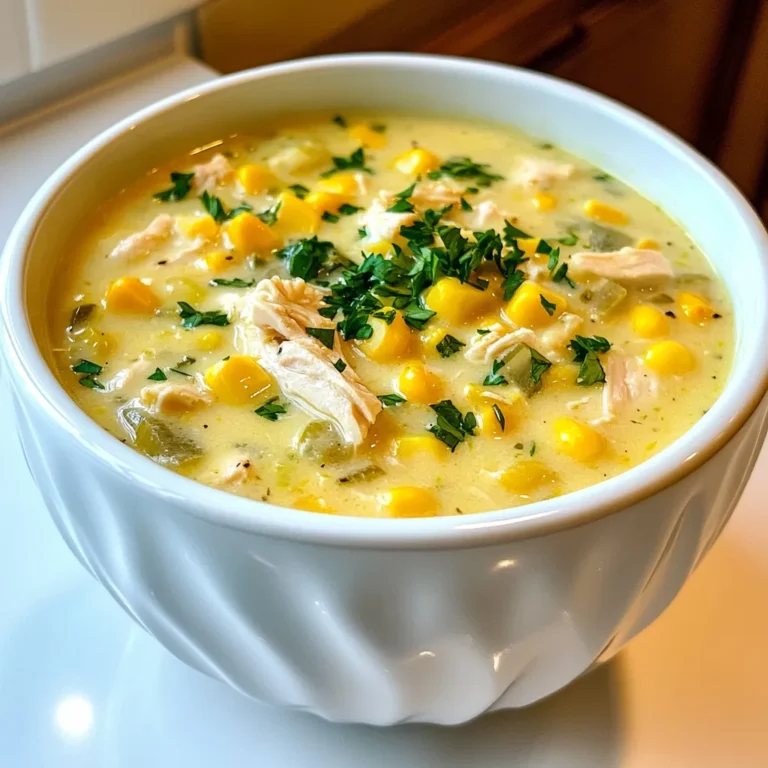 - 2 cups cooked chicken, shredded - 4 cups fresh or frozen corn kernels - 1 medium onion, diced - 2 medium potatoes, diced - 2 cloves garlic, minced - 4 cups chicken broth - 1 cup heavy cream - 1 teaspoon smoked paprika - 1 teaspoon thyme - Salt and pepper, to taste - 2 tablespoons olive oil - Fresh parsley, chopped (for garnish) Using fresh ingredients makes a big difference. Fresh corn gives the chowder a sweet, bright taste. Choose firm, sweet corn if you use fresh. For frozen corn, look for high-quality brands with no added ingredients. Fresh herbs like parsley should be vibrant and fragrant. They add a nice touch to your dish. Use low-sodium chicken broth for better control of salt. This helps you adjust flavors to your liking. You can swap out shredded chicken for turkey or even cooked sausage. If you want a lighter chowder, use half-and-half instead of heavy cream. You may also replace potatoes with sweet potatoes for a twist. If you can’t find smoked paprika, regular paprika works too. For a vegetarian option, use vegetable broth and skip the meat altogether. Adjust the recipe to fit your taste and what you have at home. {{ingredient_image_1}} Start by gathering all your ingredients. You will need: - 2 cups cooked chicken, shredded - 4 cups fresh or frozen corn kernels - 1 medium onion, diced - 2 medium potatoes, diced - 2 cloves garlic, minced - 4 cups chicken broth - 1 cup heavy cream - 1 teaspoon smoked paprika - 1 teaspoon thyme - Salt and pepper, to taste - 2 tablespoons olive oil - Fresh parsley, chopped (for garnish) In a skillet, heat the olive oil over medium heat. Add the diced onion and minced garlic. Sauté until the onion turns soft and clear. This step builds rich flavor for your chowder. Next, transfer the onion and garlic to your crockpot. In the crockpot, add the shredded chicken, corn, and diced potatoes. Pour in the chicken broth and stir in the smoked paprika and thyme. Season with salt and pepper. Mix everything well. Cover the crockpot and cook on low for 6-8 hours or on high for 3-4 hours. The longer you cook, the better the flavors blend together. About 30 minutes before serving, stir in the heavy cream. This makes the chowder creamy and rich. Taste your chowder and adjust the salt and pepper if needed. When ready, ladle the chowder into bowls. Garnish each bowl with fresh parsley for a nice touch. For a great meal, serve with crusty bread on the side. To make your chowder taste even better, use fresh herbs. Fresh thyme adds a bright note. Adding a squeeze of lemon juice before serving brightens the dish. You can also try adding smoked paprika for a nice twist. This gives a rich and smoky flavor that makes every bite special. If you enjoy heat, add a pinch of cayenne pepper. This will warm your chowder right up! For the best taste, aim for longer cooking times. Cooking on low for 6-8 hours allows flavors to blend well. If you're short on time, the high setting works in 3-4 hours. Just keep an eye on the potatoes; they should be fork-tender. Adding heavy cream about 30 minutes before serving makes it creamy. This step is key to achieving that rich texture you crave. If your chowder is too thick, add more chicken broth. Stir it well until you reach your desired consistency. If it's too thin, let it cook a bit longer with the lid off. This helps it thicken naturally. If you find it bland, don’t hesitate to adjust the seasoning. A bit more salt and pepper can make a big difference. Always taste as you go. Pro Tips Use Rotisserie Chicken: For a quick and flavorful shortcut, use store-bought rotisserie chicken. This saves time and adds a delicious smoky flavor to the chowder. Customize with Vegetables: Feel free to add other vegetables like bell peppers or carrots for extra nutrition and color. Just make sure to adjust cooking times accordingly. Thickening the Chowder: If you prefer a thicker chowder, mash some of the potatoes against the side of the crockpot before adding the cream. This will create a heartier texture. Serving Suggestions: Pair the chowder with a fresh garden salad or some homemade cornbread for a complete and satisfying meal. {{image_2}} You can swap the chicken for other proteins. Try shredded turkey for a lighter dish. If you prefer beef, use shredded beef or ground beef. For a heartier taste, consider adding diced ham. Each protein adds its unique flavor to the chowder. To make this dish vegan, replace the chicken with chickpeas or lentils. Use vegetable broth instead of chicken broth. Swap heavy cream with coconut milk or cashew cream for a rich texture. This way, you keep the chowder creamy without dairy. Feel free to mix in seasonal veggies. In summer, add fresh zucchini or bell peppers. In fall, diced butternut squash gives a sweet touch. Winter root veggies like carrots or parsnips also work well. This keeps your chowder fresh and fun with each season! After enjoying Chicken Corn Chowder, store leftovers in an airtight container. Let it cool to room temperature first. Place the container in the fridge. It will stay fresh for up to three days. Make sure to label your container with the date. To reheat, pour the chowder into a pot over medium heat. Stir it often to heat evenly. You can also use the microwave. Place it in a microwave-safe bowl and cover it loosely. Heat in short bursts, stirring in between. Aim for warm, not hot. For long-term storage, freezing is a great option. Use freezer-safe containers or bags. Make sure to leave space for expansion. It will last up to three months in the freezer. When ready to eat, thaw it overnight in the fridge. Reheat it gently on the stove for best results. You can store Chicken Corn Chowder in the fridge for about three to four days. Make sure to use an airtight container. This keeps it fresh and safe to eat. If you want to keep it longer, consider freezing it. In the freezer, it can last for up to three months. Just remember to label your containers with the date. Yes, you can use fresh corn! Fresh corn adds a sweet and crisp taste. If you choose fresh corn, you will need about four cups. Simply cut the kernels off the cob and add them to the chowder. It is a great way to enjoy the seasonal flavor of corn. Chicken Corn Chowder pairs well with several sides. Here are some great options: - Crusty bread for dipping - A simple green salad for freshness - Cornbread for added sweetness - Crackers for some crunch These sides make your meal more filling and fun! In this article, we explored Chicken Corn Chowder. We discussed key ingredients, their quality, and substitutes. I provided clear steps for preparation, cooking, and finishing touches. You learned valuable tips for flavoring, timing, and fixing common issues. We also talked about protein variations, plant-based options, and seasonal veggie ideas. Lastly, I covered storage, reheating, and freezing methods. You now have the tools to make this dish your own. Enjoy creating this comforting chowder!