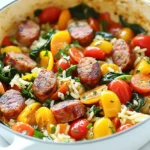 To make a tasty One Pot Smoked Sausage Dinner, gather these simple ingredients: - 1 lb smoked sausage, sliced - 1 cup bell peppers (red, yellow, and green), diced - 1 medium onion, chopped - 2 cups baby spinach - 2 cloves garlic, minced - 1 cup cherry tomatoes, halved - 1 cup vegetable or chicken broth - 1 cup long-grain rice - 1 teaspoon smoked paprika - 1 teaspoon dried oregano - Salt and pepper to taste - 2 tablespoons olive oil - Fresh parsley, chopped (for garnish) Each ingredient adds to the dish's flavor and texture. The smoked sausage gives a rich taste. Fresh vegetables like bell peppers and tomatoes add color and crunch. The rice absorbs the broth, making it hearty. Using spinach adds a nice pop of green. I love how easy it is to find these ingredients. Most are available at any grocery store. Feel free to adjust the veggies based on what you have. Don't forget the seasonings! Smoked paprika and oregano bring out the best flavors. Get ready to enjoy a meal that is quick, full of flavor, and made in one pot! {{ingredient_image_1}} 1. Sautéing the smoked sausage Start by heating 2 tablespoons of olive oil in a large pot over medium heat. Add 1 pound of sliced smoked sausage. Cook for about 5 minutes or until the sausage turns brown. This step adds great flavor to your dish. 2. Adding and cooking vegetables Next, add 1 chopped onion and 1 cup of diced bell peppers (red, yellow, and green) to the pot. Stir in 2 cloves of minced garlic. Cook for another 4-5 minutes until the veggies soften. The colors will brighten and the smell will be amazing! 3. Combining broth and rice Now, toss in 1 cup of halved cherry tomatoes, 1 teaspoon of smoked paprika, 1 teaspoon of dried oregano, salt, and pepper to taste. Mix everything well. Then, pour in 1 cup of vegetable or chicken broth and add 1 cup of long-grain rice. Stir to combine. 1. Boiling and simmering the mixture Bring your pot to a boil. Once it starts bubbling, reduce the heat to low and cover the pot. Let it simmer for about 20 minutes. The rice will soak up the liquid and flavors. 2. Incorporating baby spinach After 20 minutes, remove the pot from heat. Fold in 2 cups of baby spinach. Stir until the spinach wilts down. This adds a nice pop of color and nutrition. 1. Garnishing with parsley For a fresh touch, sprinkle chopped parsley on top of your dish. This adds flavor and makes it look nice. 2. Plating and presentation tips Serve the one-pot smoked sausage dinner hot. Use shallow bowls for a great look. Pair it with crusty bread for a complete meal. Enjoy! To make rice perfect in a one-pot meal, use long-grain rice. Rinse it before cooking to remove extra starch. This helps keep your rice fluffy. Add the rice after the broth to absorb all the flavors. Stir gently to mix it well but avoid over-stirring. This keeps the grains separate and tender. Adjust seasonings based on your taste. If you like it spicy, add a pinch of cayenne pepper. For a milder dish, stick to salt and pepper. Remember, the smoked sausage adds flavor, so taste as you go. This way, you can make the dish just right for you. Pair your smoked sausage dinner with a simple salad or crusty bread. A fresh green salad adds a nice crunch. Bread is perfect for soaking up the savory broth. You can also serve it with roasted vegetables for extra color and nutrients. To reheat, use the stove or microwave. If using the stove, add a splash of broth to prevent sticking. Heat until warm, stirring gently. In the microwave, cover the dish and heat in short bursts. Stir between intervals for even heating. Enjoy your meal warm and full of flavor! Pro Tips Use high-quality sausage: Opt for a smoked sausage that is made from high-quality meat for the best flavor and texture. Prep your ingredients: Chop all your vegetables and sausage beforehand to make the cooking process smoother and quicker. Don’t skip the seasoning: Adjust the seasoning according to your taste. Adding a pinch of cayenne pepper can give it an extra kick! Let it rest: After cooking, let the dish sit covered for a few minutes before serving to enhance the flavors and allow the rice to firm up slightly. {{image_2}} You can switch up the sausage in this dish for variety. Chicken or turkey sausage works great. These options are leaner and still pack a punch of flavor. Feel free to change the vegetables too. If you don’t have bell peppers, use zucchini or mushrooms. You can also toss in some asparagus or carrots for a crunchy twist. Mixing and matching keeps things fun and fresh. To boost the flavor, add spices or herbs. A pinch of cayenne adds heat. Fresh thyme or basil can also elevate the taste. Switching the broth changes the dish too. Use beef broth for a richer flavor or vegetable broth for a lighter taste. Each option brings a unique twist to your one pot smoked sausage dinner. To keep your one pot smoked sausage dinner fresh, let it cool first. Place leftovers in an airtight container. The dish stays good in the fridge for up to four days. When you want to eat it again, simply reheat on the stove or in the microwave. Make sure to stir it well while heating. This helps keep the flavors even. If you want to save some for later, freezing works great! Divide the meal into portions. Use freezer-safe containers or bags. Be sure to remove as much air as possible. Label each container with the date. The dish will stay good in the freezer for about three months. When you are ready to eat, thaw it in the fridge overnight. Then, reheat it in the pot or microwave until hot all the way through. Enjoy your meal, even after freezing! Yes, you can use brown rice. Keep in mind that brown rice takes longer to cook. You will need to add more liquid and extend the cooking time by about 10-15 minutes. This will ensure the rice is tender and absorbs all the flavors. If you use a slow cooker, it will take about 4-6 hours on low heat. Just add all the ingredients to the slow cooker. Stir well, then cover and let it cook. This method makes the flavors blend nicely, and the dish becomes very tasty. You can replace smoked sausage with chicken sausage or turkey sausage. If you want a vegetarian option, use plant-based sausage. You can also add beans for protein. These options still give you great flavor and make the dish fun and healthy. You learned about making a tasty dish with smoked sausage, fresh veggies, and seasonings. I shared simple steps to prepare and cook the meal. You now know tips for cooking rice and serving it well. I also suggested variations and storage tips for leftovers. Cooking should be fun and easy. With these ideas, you can create your own delicious meals. Try new flavors and enjoy your cooking adventures!