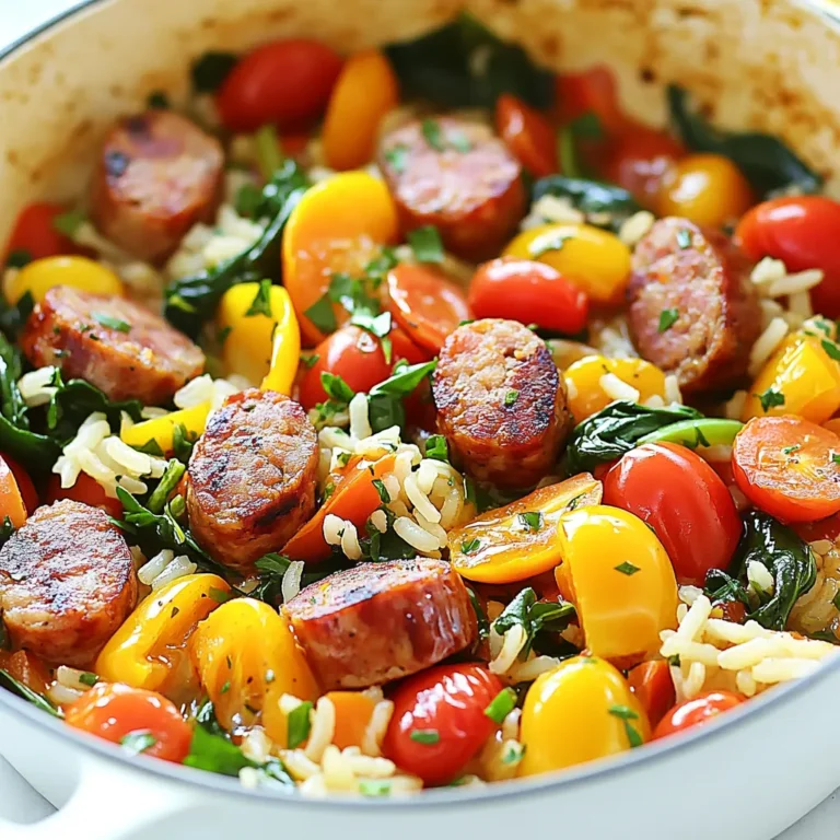 To make a tasty One Pot Smoked Sausage Dinner, gather these simple ingredients: - 1 lb smoked sausage, sliced - 1 cup bell peppers (red, yellow, and green), diced - 1 medium onion, chopped - 2 cups baby spinach - 2 cloves garlic, minced - 1 cup cherry tomatoes, halved - 1 cup vegetable or chicken broth - 1 cup long-grain rice - 1 teaspoon smoked paprika - 1 teaspoon dried oregano - Salt and pepper to taste - 2 tablespoons olive oil - Fresh parsley, chopped (for garnish) Each ingredient adds to the dish's flavor and texture. The smoked sausage gives a rich taste. Fresh vegetables like bell peppers and tomatoes add color and crunch. The rice absorbs the broth, making it hearty. Using spinach adds a nice pop of green. I love how easy it is to find these ingredients. Most are available at any grocery store. Feel free to adjust the veggies based on what you have. Don't forget the seasonings! Smoked paprika and oregano bring out the best flavors. Get ready to enjoy a meal that is quick, full of flavor, and made in one pot! {{ingredient_image_1}} 1. Sautéing the smoked sausage Start by heating 2 tablespoons of olive oil in a large pot over medium heat. Add 1 pound of sliced smoked sausage. Cook for about 5 minutes or until the sausage turns brown. This step adds great flavor to your dish. 2. Adding and cooking vegetables Next, add 1 chopped onion and 1 cup of diced bell peppers (red, yellow, and green) to the pot. Stir in 2 cloves of minced garlic. Cook for another 4-5 minutes until the veggies soften. The colors will brighten and the smell will be amazing! 3. Combining broth and rice Now, toss in 1 cup of halved cherry tomatoes, 1 teaspoon of smoked paprika, 1 teaspoon of dried oregano, salt, and pepper to taste. Mix everything well. Then, pour in 1 cup of vegetable or chicken broth and add 1 cup of long-grain rice. Stir to combine. 1. Boiling and simmering the mixture Bring your pot to a boil. Once it starts bubbling, reduce the heat to low and cover the pot. Let it simmer for about 20 minutes. The rice will soak up the liquid and flavors. 2. Incorporating baby spinach After 20 minutes, remove the pot from heat. Fold in 2 cups of baby spinach. Stir until the spinach wilts down. This adds a nice pop of color and nutrition. 1. Garnishing with parsley For a fresh touch, sprinkle chopped parsley on top of your dish. This adds flavor and makes it look nice. 2. Plating and presentation tips Serve the one-pot smoked sausage dinner hot. Use shallow bowls for a great look. Pair it with crusty bread for a complete meal. Enjoy! To make rice perfect in a one-pot meal, use long-grain rice. Rinse it before cooking to remove extra starch. This helps keep your rice fluffy. Add the rice after the broth to absorb all the flavors. Stir gently to mix it well but avoid over-stirring. This keeps the grains separate and tender. Adjust seasonings based on your taste. If you like it spicy, add a pinch of cayenne pepper. For a milder dish, stick to salt and pepper. Remember, the smoked sausage adds flavor, so taste as you go. This way, you can make the dish just right for you. Pair your smoked sausage dinner with a simple salad or crusty bread. A fresh green salad adds a nice crunch. Bread is perfect for soaking up the savory broth. You can also serve it with roasted vegetables for extra color and nutrients. To reheat, use the stove or microwave. If using the stove, add a splash of broth to prevent sticking. Heat until warm, stirring gently. In the microwave, cover the dish and heat in short bursts. Stir between intervals for even heating. Enjoy your meal warm and full of flavor! Pro Tips Use high-quality sausage: Opt for a smoked sausage that is made from high-quality meat for the best flavor and texture. Prep your ingredients: Chop all your vegetables and sausage beforehand to make the cooking process smoother and quicker. Don’t skip the seasoning: Adjust the seasoning according to your taste. Adding a pinch of cayenne pepper can give it an extra kick! Let it rest: After cooking, let the dish sit covered for a few minutes before serving to enhance the flavors and allow the rice to firm up slightly. {{image_2}} You can switch up the sausage in this dish for variety. Chicken or turkey sausage works great. These options are leaner and still pack a punch of flavor. Feel free to change the vegetables too. If you don’t have bell peppers, use zucchini or mushrooms. You can also toss in some asparagus or carrots for a crunchy twist. Mixing and matching keeps things fun and fresh. To boost the flavor, add spices or herbs. A pinch of cayenne adds heat. Fresh thyme or basil can also elevate the taste. Switching the broth changes the dish too. Use beef broth for a richer flavor or vegetable broth for a lighter taste. Each option brings a unique twist to your one pot smoked sausage dinner. To keep your one pot smoked sausage dinner fresh, let it cool first. Place leftovers in an airtight container. The dish stays good in the fridge for up to four days. When you want to eat it again, simply reheat on the stove or in the microwave. Make sure to stir it well while heating. This helps keep the flavors even. If you want to save some for later, freezing works great! Divide the meal into portions. Use freezer-safe containers or bags. Be sure to remove as much air as possible. Label each container with the date. The dish will stay good in the freezer for about three months. When you are ready to eat, thaw it in the fridge overnight. Then, reheat it in the pot or microwave until hot all the way through. Enjoy your meal, even after freezing! Yes, you can use brown rice. Keep in mind that brown rice takes longer to cook. You will need to add more liquid and extend the cooking time by about 10-15 minutes. This will ensure the rice is tender and absorbs all the flavors. If you use a slow cooker, it will take about 4-6 hours on low heat. Just add all the ingredients to the slow cooker. Stir well, then cover and let it cook. This method makes the flavors blend nicely, and the dish becomes very tasty. You can replace smoked sausage with chicken sausage or turkey sausage. If you want a vegetarian option, use plant-based sausage. You can also add beans for protein. These options still give you great flavor and make the dish fun and healthy. You learned about making a tasty dish with smoked sausage, fresh veggies, and seasonings. I shared simple steps to prepare and cook the meal. You now know tips for cooking rice and serving it well. I also suggested variations and storage tips for leftovers. Cooking should be fun and easy. With these ideas, you can create your own delicious meals. Try new flavors and enjoy your cooking adventures!