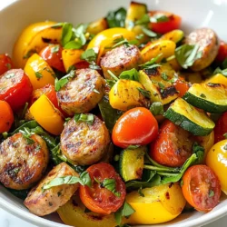 - 1 lb Italian chicken or turkey sausage, sliced - 1 bell pepper (red or yellow), diced - 1 zucchini, chopped - 1 cup cherry tomatoes, halved - 1 cup spinach leaves - 1 medium onion, chopped - 3 cloves garlic, minced - 2 tablespoons olive oil - 1 teaspoon dried oregano - 1 teaspoon paprika - Salt and pepper to taste - Fresh basil or parsley for garnish To make my Sausage and Veggie Skillet, I use fresh and simple ingredients. The choice of sausage impacts the flavor. I prefer Italian chicken or turkey sausage for its rich taste and lower fat content. Bell peppers add sweetness and color. You can use red or yellow, whichever you prefer. Zucchini brings a nice crunch and pairs well with the other veggies. Cherry tomatoes burst with juice and add a fresh taste. I use fresh spinach for nutrition and a lovely green color. Onions and garlic are the backbone of this dish. They create a base that makes everything taste better. Olive oil is my go-to for cooking. It adds healthy fats and depth of flavor. Dried oregano and paprika give it that classic Italian flair. Finally, don’t forget salt and pepper to balance everything. For garnish, fresh basil or parsley adds a pop of color and bright flavor. This mix of ingredients makes the dish colorful, healthy, and very tasty. {{ingredient_image_1}} - Heat 2 tablespoons of olive oil in a large skillet over medium heat. - Add 1 medium chopped onion and cook until it softens, about 3-4 minutes. - Next, add 1 pound of sliced Italian chicken or turkey sausage. Cook it until browned, about 5-7 minutes. Stir it often to brown evenly. - Mix in 3 cloves of minced garlic and cook for 1 minute until it smells good. - Add 1 diced bell pepper and 1 chopped zucchini to the skillet. Sauté for 4-5 minutes until the veggies start to soften. - Then, mix in 1 cup of halved cherry tomatoes, 1 teaspoon of dried oregano, and 1 teaspoon of paprika. Cook for 3-4 minutes. The tomatoes should burst and release their juices. - Fold in 1 cup of spinach leaves and cook for 2 more minutes until they wilt. - Remove the skillet from heat and season with salt and pepper to taste. - Garnish with fresh basil or parsley before serving. - Portion the dish into 4 servings and enjoy! - Choosing the best sausage: I recommend using Italian chicken or turkey sausage. These have great flavor and are leaner. Look for ones without fillers for a healthier option. - Tips for cutting vegetables evenly: Cut all the veggies to similar sizes. This helps them cook evenly. For bell peppers, remove seeds and slice in strips. Zucchini should be cut into half-moons. Aim for about half an inch thick. - Cooking times for optimal texture: Cook the sausage for 5-7 minutes until brown. Saute the onions for 3-4 minutes until soft. The bell peppers and zucchini take about 4-5 minutes. This keeps all veggies tender yet crisp. - Suggested seasoning additions: Besides oregano and paprika, try adding a pinch of red pepper flakes. This gives a nice kick. Fresh herbs like thyme or rosemary also work well. - Alternative oils for sautéing: If you want a different flavor, use avocado oil or canola oil. These have high smoke points and enhance the dish. - Recommended sides to pair: Serve this skillet with crusty bread or over rice. Both options soak up the tasty juices and balance the meal. Pro Tips Choose Your Sausage Wisely: Opt for high-quality Italian sausage for maximum flavor. Chicken or turkey sausage is a healthier option without sacrificing taste. Veggie Variations: Feel free to substitute or add your favorite vegetables like mushrooms, broccoli, or asparagus for a personal touch. Fresh Herbs Make a Difference: While basil and parsley are great garnishes, consider adding fresh thyme or oregano for an aromatic twist. One-Pan Wonder: This dish is perfect for meal prep! Make a large batch and store it in the fridge for quick lunches or dinners throughout the week. {{image_2}} You can change the veggies in this dish to mix things up. Try using broccoli, green beans, or carrots. Each adds new colors and flavors. You can also use different types of sausage. Try spicy sausage for heat or smoked sausage for a rich taste. If you want a vegetarian or vegan option, choose plant-based sausage. You can also skip the sausage and add more veggies like mushrooms or eggplant. To make it extra creamy, add cheese. A sprinkle of mozzarella or feta can do wonders. If you like heat, add chili flakes while cooking. This gives the dish a nice kick. For international flavors, think about adding curry powder for an Indian twist or cumin for a Mexican flair. You can also try fresh herbs like cilantro or dill for a fresh taste. Experiment with these ideas to find your favorite version! To keep your sausage and veggie skillet fresh, store it in the fridge. Use an airtight container to seal it tightly. This helps keep out air and moisture. Your leftovers will stay good for up to three days. If you want to save it longer, freezing is a great option. To freeze the skillet dish, let it cool first. Then, place it in a freezer-safe container or bag. Label it with the date. You can freeze it for up to three months. When you’re ready to eat it, just thaw it overnight in the fridge. For reheating, the stovetop works best. Start by placing the skillet over medium heat. Add a splash of water or broth to prevent sticking. Stir often until heated through, about 5-7 minutes. If you prefer the microwave, put your serving in a microwave-safe bowl. Cover it with a microwave lid or a damp paper towel. Heat it for one minute, then stir. Heat in 30-second bursts until hot, checking often. Enjoy your tasty meal again! You can make this dish healthier by using lean sausage. Look for chicken or turkey sausage. Use more veggies for added nutrients. You can add broccoli, kale, or carrots. Try cooking with less oil. Instead of two tablespoons, use just one. Season with herbs to boost flavor without extra fat. Lastly, avoid adding salt until the end to control sodium. Yes, you can prep this meal ahead of time. Chop the veggies and slice the sausage in advance. Store them in the fridge for up to two days. You can also cook the dish fully and store it. Just keep it in an airtight container. It will last for about three to four days. Reheat it on the stove or in the microwave. If you don’t have spinach, try using kale or Swiss chard. Both greens add great flavor and nutrients. You can also use arugula for a peppery kick. Another option is to use frozen spinach. Just thaw and drain it before adding. These swaps will still give you a tasty and colorful dish. Yes, the Sausage and Veggie Skillet is gluten-free. Just ensure your sausage is labeled gluten-free. Most chicken and turkey sausages are safe. All the vegetables and spices used are also gluten-free. This dish is perfect for those with gluten sensitivities. Enjoy it worry-free! This blog post covered everything you need for a tasty sausage and veggie skillet. We outlined key ingredients, easy steps, and helpful tips. You learned how to swap ingredients and store leftovers, too. This dish is not only simple; it’s also flexible and full of flavor. Feel free to get creative with your choices. Enjoy your cooking, and make it your own!