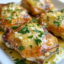 - 4 bone-in, skin-on chicken thighs - 4 cloves garlic, minced - 1/2 cup grated Parmesan cheese - 1/4 cup unsalted butter, melted - 1 tablespoon olive oil - 1 tablespoon fresh parsley, chopped - 1 teaspoon paprika - Salt and pepper to taste For this dish, I love using chicken thighs. They stay juicy and have great flavor. The garlic adds a nice kick, while the Parmesan brings a rich, cheesy taste. Butter and olive oil help keep the chicken moist and add depth. I like to mix in fresh parsley for a pop of color. Paprika gives a hint of warmth and spice. Don't forget to season with salt and pepper. This simple mix of ingredients makes a delicious meal that everyone will enjoy. Gather these items before you start cooking. Having everything ready makes the process smooth and fun! {{ingredient_image_1}} 1. Preheating the oven Start by preheating your oven to 400°F (200°C). This ensures even cooking. 2. Mixing marinade ingredients In a mixing bowl, combine: - 1/4 cup unsalted butter, melted - 4 cloves garlic, minced - 1 tablespoon olive oil - 1 teaspoon paprika - Salt and pepper to taste Stir well until mixed. 3. Coating the chicken thighs Add 4 bone-in, skin-on chicken thighs to the bowl. Mix until they are well coated with the garlic butter mixture. 1. Arranging chicken in the dish Place the coated chicken thighs skin-side up in a baking dish. Make sure they are spaced out for even cooking. 2. Cheese application and baking time Sprinkle 1/2 cup grated Parmesan cheese generously over each chicken thigh. Bake in the oven for 35-40 minutes. The chicken should be golden brown and reach an internal temperature of 165°F (75°C). 3. Broiling for a crispy finish In the last 5 minutes, switch your oven to broil. This will give your chicken a crispy, golden crust. Keep an eye on it to prevent burning! Once done, you can add fresh parsley as a garnish before serving. Enjoy your savory garlic Parmesan chicken! To make sure your Garlic Parmesan Chicken cooks evenly, choose chicken thighs of similar size. This way, they will all cook at the same rate. Before baking, let the chicken sit at room temperature for about 15 minutes. This helps the meat cook more evenly. For a crispy skin, pat the chicken dry with a paper towel. This removes extra moisture. When you coat the chicken with the garlic butter mixture, be sure to get under the skin. This adds flavor and helps the skin crisp up. In the last five minutes of baking, switch your oven to broil. This gives your chicken a nice golden crust. Keep an eye on it so it doesn't burn! Garnishing your dish makes it look special. Once your chicken is done, sprinkle fresh parsley on top. This adds a pop of color and fresh taste. You can also drizzle leftover garlic butter from the baking dish over the chicken. It adds more flavor and makes it shine. For side dishes, serve your Garlic Parmesan Chicken with a fresh green salad. Steamed vegetables like broccoli or green beans also go well. You could even serve it with roasted potatoes for a hearty meal. Each side adds a nice touch to your plate! Pro Tips Marinate for Extra Flavor: For an even richer flavor, consider marinating the chicken thighs in the garlic butter mixture for a few hours or overnight before baking. Use Fresh Ingredients: Fresh garlic and parsley will enhance the flavor profile of this dish, making it more aromatic and vibrant. Check Internal Temperature: Always use a meat thermometer to ensure the chicken is cooked through, reaching an internal temperature of 165°F (75°C) for safety and juiciness. Rest Before Serving: Allow the chicken to rest for about 5 minutes after removing it from the oven. This helps the juices redistribute, making the meat more tender and flavorful. {{image_2}} You can change the taste of Garlic Parmesan Chicken by trying different cheeses. Here are some great options: - Mozzarella: It melts well and adds a creamy texture. - Cheddar: It gives a sharp flavor that pairs nicely with garlic. - Feta: It brings a tangy taste that can brighten the dish. You can also add spices to bring some heat. Consider using: - Cayenne pepper: A little can go a long way. - Crushed red pepper flakes: They add a nice kick. Mix these into your garlic butter for a spicy twist! You can cook Garlic Parmesan Chicken in different ways. Grilling is one option. It gives the chicken a smoky flavor. To grill: 1. Preheat your grill to medium heat. 2. Coat the chicken thighs with the garlic butter mix. 3. Place them on the grill for about 25-30 minutes. Turn them halfway. Baking is the classic method. However, if you want a quick option, try an Instant Pot. To use an Instant Pot: 1. Add the chicken and garlic butter mix to the pot. 2. Seal the lid and cook on high for about 10 minutes. 3. Quick-release the steam and check for doneness. Each method offers a unique taste and texture, so feel free to experiment! To store leftovers, let the chicken cool first. Place it in an airtight container. This keeps the flavors fresh. You can store it in the fridge for up to three days. Always check for any signs of spoilage before eating. For freezing, wrap each piece of chicken tightly in plastic wrap. Then, place them in a freezer bag. This helps prevent freezer burn. You can freeze the chicken for up to three months. When you want to eat it, thaw it in the fridge overnight. To reheat, place the chicken in a preheated oven at 350°F (175°C). Heat until warm, about 20-25 minutes. This way, the chicken stays juicy and tasty. Enjoy your Garlic Parmesan Chicken even days later! Yes, you can use chicken breasts. They will cook faster than thighs. Adjust the baking time to around 25-30 minutes. Always check the internal temperature. It should reach 165°F (75°C). This recipe is already gluten-free! The ingredients do not include any gluten. Just ensure your Parmesan cheese and butter are gluten-free, too. Always read labels to be sure. You can serve this chicken with many sides. A fresh green salad pairs well. Steamed vegetables or rice are also great options. For a hearty meal, try garlic bread or mashed potatoes. You now have a clear path to making garlic Parmesan chicken. We covered the key ingredients, easy steps, and helpful tips. You learned about storage and even variations to try. Now, you can enjoy this dish your way. Cooking should be fun and tasty. Keep experimenting with flavors and techniques. I'm excited to see your version of this meal shine!