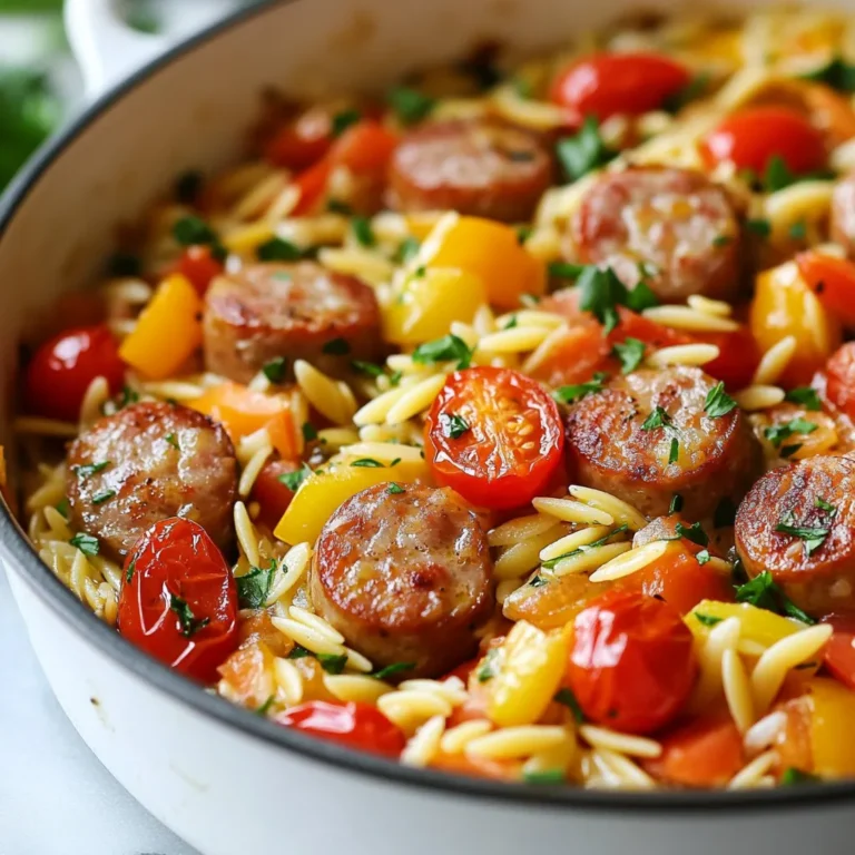 For this dish, you need a few key ingredients. Gather the following items: - 1 lb Italian chicken sausage, sliced - 2 tbsp unsalted butter - 4 cloves garlic, minced - 1 small onion, finely chopped - 1 bell pepper (any color), diced - 1 cup orzo pasta - 4 cups low-sodium chicken broth - 1 cup cherry tomatoes, halved - 1 tsp dried Italian herbs (oregano, basil, thyme) - Salt and pepper to taste - Fresh parsley, chopped for garnish - Grated Parmesan cheese, for serving These ingredients blend well to create rich flavors and a comforting meal. Butter adds a creamy richness to the dish. I prefer unsalted butter, as it lets me control the salt. Use fresh, high-quality Italian chicken sausage for the best taste. You can find it in most grocery stores. Slice it evenly for even cooking. Cook it until it's nice and browned. This step builds deep flavor in the dish. Fresh vegetables make this dish vibrant and healthy. I like to use a mix of onion and bell pepper. They add sweetness and color. Garlic is a must for that robust flavor. Cherry tomatoes burst with juice and add brightness. For herbs, dried Italian herbs work well. They add a hint of earthiness. Fresh parsley at the end gives a pop of color and freshness. Using these fresh additions brings the meal to life and makes it enjoyable. {{ingredient_image_1}} To start, grab a large pot or Dutch oven. You want this pot to hold all the yummy goodness. Melt 2 tablespoons of unsalted butter over medium heat. This butter will give our dish a rich base. Once it’s melted, add 1 pound of sliced Italian chicken sausage. Cook the sausage for about 5 to 7 minutes. You want it browned and fully cooked. Next, add 4 minced garlic cloves, 1 finely chopped small onion, and 1 diced bell pepper. Sauté these for 3 to 4 minutes. This step makes your kitchen smell amazing! The veggies should soften and release their flavors. Once the sausage is cooked and the veggies are soft, it’s time to mix in the orzo. Add 1 cup of orzo pasta to the pot. Stir everything well to coat the pasta with the butter and flavors. Now, pour in 4 cups of low-sodium chicken broth. This broth adds moisture and depth to our dish. Bring this mixture to a gentle boil. Then, add 1 cup of halved cherry tomatoes and 1 teaspoon of dried Italian herbs. Season with salt and pepper to taste. After adding the broth and tomatoes, reduce the heat to a simmer. Cover the pot and let it cook for about 10 to 12 minutes. Stir occasionally to prevent sticking. You want the orzo to become tender and soak up most of the liquid. When done, take the pot off the heat. Let it sit for a couple of minutes. This helps the flavors to meld together. Fluff the orzo with a fork and check the seasoning. Adjust if needed. Now, your one-pot garlic butter sausage orzo is ready to serve! Garnish with fresh parsley and a sprinkle of grated Parmesan. Enjoy! To boost the garlic butter flavor, use fresh garlic. Fresh garlic gives a brighter taste. You can also add a pinch of red pepper flakes for heat. This little touch makes a big difference. Don’t forget to taste as you go! You can also drizzle a bit of garlic oil on top before serving. This adds a nice finishing touch. Cook your orzo until it is al dente. This means it will be firm but not hard. It usually takes about 10-12 minutes in the broth. Stir it occasionally to keep it from sticking. If it starts to look dry, add a splash more broth. Keep an eye on it to make sure it cooks just right. For a great presentation, use a large bowl or plate. Garnish each serving with fresh parsley. This adds a pop of color and freshness. Sprinkle grated Parmesan on top for extra flavor. You can also serve it with a side salad or warm bread. This makes a lovely meal that looks as good as it tastes. Pro Tips Use Fresh Ingredients: Whenever possible, opt for fresh herbs and vegetables to enhance the flavor of the dish. Adjust the Liquid: If you prefer a creamier texture, feel free to add a splash of heavy cream or more broth as needed. Customize Your Sausage: Experiment with different types of sausage, such as spicy Italian or turkey sausage, for unique flavor profiles. Perfecting the Orzo: Stir the orzo occasionally while it simmers to prevent sticking and ensure even cooking. {{image_2}} You can change the sausage for different flavors. Try pork sausage for a richer taste. Turkey sausage is a lighter option. If you want spice, use chorizo. Each choice adds its own twist to the dish. Just make sure to cook it well. Feel free to add more veggies to boost nutrition. Spinach or kale works great. You can also add zucchini or mushrooms for texture. If you want more protein, consider adding cooked chicken or shrimp. This makes the dish heartier and more filling. To make this dish gluten-free, use gluten-free orzo. Many brands offer good alternatives. For a vegan option, swap the sausage for plant-based sausage. Use olive oil instead of butter. Add nutritional yeast for a cheesy flavor without dairy. These changes keep the dish delicious and satisfying. To store your One-Pot Garlic Butter Sausage Orzo, let it cool first. Use an airtight container to keep it fresh. This dish stays good in the fridge for up to three days. Make sure to label the container with the date. This way, you know when to enjoy it. When you reheat the orzo, add a splash of chicken broth. This keeps it moist and tasty. You can use the microwave or the stove. If using the stove, heat it over low heat. Stir it often to avoid sticking. This brings back the creamy texture and great flavor. You can freeze the leftovers for later. Place the orzo in a freezer-safe container. It lasts for up to three months in the freezer. To thaw, move it to the fridge overnight. Reheat it with some broth for the best taste. Enjoy your flavorful dish anytime! Yes, you can use other pasta shapes. Penne, fusilli, or even shells work well. Each type will bring a unique texture to your dish. Just remember to adjust the cooking time based on the pasta you choose. Follow the package instructions for best results. Orzo cooks quickly, so other pastas may need a bit longer. To spice up your dish, add crushed red pepper flakes. Start with a pinch, then taste and adjust. You can also try using spicy sausage instead of Italian chicken sausage. For more heat, include fresh jalapeños or diced green chilies while cooking. These additions will give your dish a nice kick. This dish pairs well with a simple green salad. A fresh Caesar salad or arugula with lemon vinaigrette complements the flavors nicely. Garlic bread is another great option. It adds crunch and a bit more garlic goodness to your meal. If you want something heartier, serve it with roasted vegetables. This blog post outlined how to make One-Pot Garlic Butter Sausage Orzo. We covered the main ingredients, cooking steps, and helpful tips. You learned about adding flavor and ways to store leftovers. Remember, you can adjust this dish to fit your tastes. Whether using different sausages or adding more veggies, the options are endless. Enjoy creating this meal, and share it with friends and family. Your kitchen will smell great, and everyone will love it!