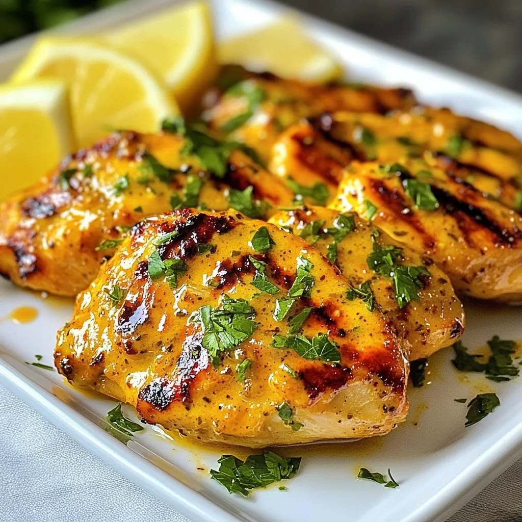 - 4 boneless, skinless chicken breasts - 1/2 cup unsalted butter, softened - 1/2 cup buttermilk - 2 tablespoons garlic powder - 1 tablespoon onion powder - 1 tablespoon smoked paprika - 1 teaspoon cayenne pepper (optional for heat) - 1 teaspoon salt - 1 teaspoon black pepper - 2 tablespoons fresh parsley, chopped (for garnish) - Lemon wedges (for serving) The recipe calls for four chicken breasts. Each breast should be boneless and skinless for best results. You will need a half cup of unsalted butter. Make sure it is softened before mixing. Use half a cup of buttermilk to add creaminess. For spices, measure two tablespoons of garlic powder and one tablespoon of onion powder. Use one tablespoon of smoked paprika for flavor depth. If you like heat, add one teaspoon of cayenne pepper. You will also need one teaspoon each of salt and black pepper. Finally, chop two tablespoons of fresh parsley for garnish. You can serve the chicken with lemon wedges for an extra zing. If you don’t have buttermilk, mix one cup of regular milk with one tablespoon of vinegar. Let it sit for five minutes to thicken. For the butter, you could use olive oil, but the flavor will change. If you want less spice, skip the cayenne pepper. You can also use skin-on chicken thighs for a richer taste. If you prefer a milder flavor, reduce the garlic powder. For a fresh twist, try fresh herbs like basil or cilantro instead of parsley. {{ingredient_image_1}} Start by gathering your ingredients. In a mixing bowl, combine these items: - 1/2 cup unsalted butter, softened - 1/2 cup buttermilk - 2 tablespoons garlic powder - 1 tablespoon onion powder - 1 tablespoon smoked paprika - 1 teaspoon cayenne pepper (if you want heat) - 1 teaspoon salt - 1 teaspoon black pepper Mix all the ingredients well. You want a smooth, creamy marinade. This mix will give your chicken great flavor. Now, grab 4 boneless, skinless chicken breasts. Place them in a resealable plastic bag or shallow dish. Pour the marinade over the chicken. Make sure every piece is coated well. Seal the bag or cover the dish. Put it in the fridge for at least 2 hours. For the best taste, let it marinate overnight. You can cook your chicken in two ways: grilling or baking. If grilling, preheat your grill to medium-high heat (about 375°F/190°C). When ready, take the chicken out of the marinade. Let any extra marinade drip off and save it for basting. Grill the chicken for 6-7 minutes on each side. Make sure the chicken reaches an internal temperature of 165°F (75°C). Baste with the leftover marinade while cooking for extra flavor. If you prefer baking, place the marinated chicken on a baking sheet. Bake at the same temperature, checking for doneness after 20 minutes. After cooking, let the chicken rest for 5 minutes. This helps keep it juicy. Garnish with chopped fresh parsley and serve with lemon wedges for a fresh taste. Enjoy your Texas Roadhouse Style Butter Chicken! Marinating is key for great flavor. Use a resealable bag or dish. The butter mix should cover each chicken piece well. For best results, marinate overnight. This lets the flavors soak in deeply. If short on time, two hours still works well. Cooking at the right temperature is important. Aim for medium-high heat, about 375°F (190°C). This heat cooks the chicken evenly. It keeps the meat juicy while giving it a nice char. Use a meat thermometer to check for doneness. The chicken should reach 165°F (75°C) inside. To get those beautiful grill marks, make sure the grill is hot. Place the chicken on the grill and don’t move it for the first 3-4 minutes. This allows the grill to sear the meat. Rotate the chicken 90 degrees to create crosshatch marks. Flip the chicken after the first side has cooked well. Enjoy your perfectly grilled butter chicken! Pro Tips Marinate Longer: For the best flavor, marinate the chicken overnight. This allows the spices to penetrate the meat thoroughly. Adjust Spice Levels: If you prefer a milder dish, omit the cayenne pepper or reduce the amount. You can always add hot sauce later if desired. Check Doneness: Use a meat thermometer to ensure the chicken reaches an internal temperature of 165°F (75°C) for safe consumption. Rest Before Slicing: Let the chicken rest for at least 5 minutes after grilling. This helps the juices redistribute, keeping the meat moist. {{image_2}} To make your butter chicken spicier, add more cayenne pepper. Start with 1 teaspoon. Adjust to your taste. If you want even more heat, try adding chopped jalapeños. You can also use a spicy hot sauce in the marinade. This adds a nice kick and extra flavor. For a milder dish, skip the cayenne pepper. You can also reduce the garlic powder and smoked paprika. Kids often enjoy less intense flavors. Try adding honey for a touch of sweetness. This helps balance the spices and makes the dish appealing to young eaters. Butter chicken pairs well with rice or mashed potatoes. Try serving it with warm bread, like naan or rolls. A fresh salad can add color and crunch. Consider a simple green salad with lemon dressing. For extra zest, serve lemon wedges on the side. This enhances the dish and adds brightness. After cooking, let your butter chicken cool down a bit. Place it in an airtight container. You can store it in the fridge for up to four days. Make sure to keep it sealed tight. This helps keep it fresh and prevents any odd smells. When you're ready to eat, just take it out, and you're good to go! If you want to save some for later, you can freeze it. Let the chicken cool completely first. Place it in a freezer-safe container or a resealable bag. It can stay in the freezer for about three months. Just remember to label it with the date. This way, you know when to use it before it loses flavor. When you're ready to enjoy your frozen butter chicken, take it out and let it thaw in the fridge overnight. If you need to heat it quickly, you can use the microwave. Heat it on medium power for about 2-3 minutes, stirring halfway. Check to make sure it's hot all the way through. You can also reheat it on the stove. Just place it in a pan over low heat. Stir occasionally until it's warm. Enjoy your delicious meal again! Texas Roadhouse Style Butter Chicken is a rich and creamy dish. It uses a flavorful marinade made from butter, buttermilk, and spices. The chicken absorbs these tasty flavors, making it juicy and delicious. It's perfect for gatherings or a simple family dinner. You can serve it with lemon wedges for an extra zing. Yes, you can use chicken thighs instead of breasts. Thighs are juicier and add more flavor. They also cook well with the marinade. Just make sure to adjust the cooking time as they may need a little longer. Aim for the same internal temperature of 165°F. To know if the chicken is fully cooked, use a meat thermometer. Insert it into the thickest part of the chicken. It should read 165°F. If you don’t have a thermometer, cut the chicken. The meat should be white with no pink inside. Yes, you can make this dish in advance. Marinate the chicken overnight for the best flavor. Cook it the next day when you're ready to eat. You can also prepare the marinade and store it in the fridge for up to three days. You can serve butter chicken with rice or warm naan bread. Both soak up the tasty sauce well. For a fresh touch, add a side salad or steamed veggies. Lemon wedges are great to brighten the flavors, too. We covered the key ingredients for butter chicken, including measurements and substitutions. I shared step-by-step instructions for marinating and cooking using different methods. You learned tips for perfecting your dish, plus tasty variations and storage advice. Remember, cooking is fun and you can always try new things. Enjoy making your butter chicken tasty and satisfying, no matter how you serve it!