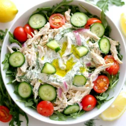- 2 cups cooked chicken breast, shredded - 1 cup plain Greek yogurt - 1 cucumber, finely diced - 2 cloves garlic, minced - 1 tablespoon fresh dill, chopped - 1 tablespoon olive oil - 1 tablespoon lemon juice - Salt and pepper to taste - 1 cup cherry tomatoes, halved - ½ red onion, thinly sliced - 4 cups mixed greens or arugula - Cooked chicken breast: This is the main protein. It keeps you full and adds flavor. - Plain Greek yogurt: This is the base for the tzatziki dressing. It adds creaminess and tang. - Cucumber: It adds crunch and freshness. Plus, it helps cool the dish. - Garlic: This adds a bold flavor. It gives the salad a nice kick. - Fresh dill: This herb gives a bright taste. It makes the salad feel light and fresh. - Olive oil: This adds richness and helps blend the dressing. It's also heart-healthy. - Lemon juice: This adds acidity. It brightens the flavors and balances the creamy yogurt. - Salt and pepper: These are basic seasonings. They enhance the overall taste of the salad. - Cherry tomatoes: These add sweetness and color. They make the salad more visually appealing. - Red onion: This adds a bit of bite. It also gives a nice color contrast. - Mixed greens or arugula: This forms the salad base. It adds volume and nutrients. - Chicken breast: You can use rotisserie chicken for ease. - Greek yogurt: Use regular yogurt if you prefer. - Cucumber: Zucchini works well if you want a different texture. - Garlic: Garlic powder can replace fresh garlic if needed. - Fresh dill: Dried dill can substitute, but use less. - Olive oil: Avocado oil is a great alternative. - Lemon juice: Lime juice works in a pinch. - Salt and pepper: Use your favorite seasoning blends for variety. - Cherry tomatoes: Any small tomato works, like grape tomatoes. - Red onion: Sweet onion or green onion can be used instead. - Mixed greens or arugula: Spinach or kale can serve as a base too. Start by gathering your ingredients for the tzatziki dressing. In a large bowl, mix these items: - 1 cup plain Greek yogurt - 2 cloves garlic, minced - 1 tablespoon fresh dill, chopped - 1 tablespoon olive oil - 1 tablespoon lemon juice - Salt and pepper to taste Stir these ingredients well until they blend into a smooth dressing. This dressing is the heart of the salad. The yogurt adds creaminess, while garlic and dill give it a fresh kick. Now it’s time to build your salad. First, lay out 4 cups of mixed greens or arugula in a large salad bowl. This will be the base of your dish. Spoon the tzatziki dressing over the shredded chicken and finely diced cucumber. - 2 cups cooked chicken breast, shredded - 1 cucumber, finely diced Mix gently, ensuring every piece is coated in the dressing. Spread this chicken mixture over the greens. Now, scatter 1 cup of halved cherry tomatoes and ½ thinly sliced red onion on top. - 1 cup cherry tomatoes, halved - ½ red onion, thinly sliced For a finishing touch, drizzle a bit more olive oil if you like. Toss the salad gently just before serving, or leave it as is for a lovely look. When mixing, be gentle to keep the salad looking nice. The goal is to keep the greens crisp. If you want to add more flavor, consider extra herbs like parsley or mint. You can also add nuts for crunch. If you like spice, a sprinkle of cayenne pepper works well too. Using fresh ingredients makes a big difference. Choose ripe tomatoes and crisp greens. For an easy meal, use leftover chicken or store-bought rotisserie chicken. This dish shines with fresh flavors, making it a delight to share. Shredding chicken can be easy. First, ensure your chicken is cooked and warm. Use two forks to pull the chicken apart. This method gives you nice, even pieces. You can also use your hands, but be careful not to burn yourself. If you have leftover chicken, it works great too. Just make sure it’s moist for the best flavor. To boost the taste, consider adding herbs. Fresh parsley or mint can add a nice touch. A bit of lemon zest gives a bright flavor. You might also try adding feta cheese. It adds creaminess and a salty bite. If you like spice, a pinch of cayenne or paprika works well too. Just mix these in when you combine the dressing with the chicken. When serving, make it look nice. Use large bowls or plates for an inviting look. Sprinkle fresh dill on top for color. You can add lemon wedges on the side for a zesty kick. This salad pairs well with pita bread or rice. For a picnic, pack it in a jar for easy eating. Tzatziki chicken salad is great cold and perfect for warm days! {{image_2}} You can make a low-carb version of this salad easily. Instead of using mixed greens, try using lettuce wraps. They add crunch and keep carbs low. You can also skip the cherry tomatoes. They add sweetness but can raise carbs. Use more cucumbers for a fresh bite. This keeps your salad light and tasty. Feel free to add more veggies to your salad. Chopped bell peppers add color and crunch. Shredded carrots bring a touch of sweetness. You might like adding radishes for a spicy kick. All these flavors blend well with the tzatziki dressing. Toss the extras in the salad for more texture and flavor. To give your Tzatziki Chicken Salad a Mediterranean twist, add some olives. Kalamata olives work great for a salty taste. Feta cheese is another good choice. It adds creaminess and a tangy flavor. You can also sprinkle in some capers for a briny touch. These additions will really enhance the flavors and give your salad a new life. To keep your tzatziki chicken salad fresh, place leftovers in an airtight container. It’s best to store it in the fridge. Make sure to eat it within three days for the best taste. The flavors will blend nicely, making it even more delicious. I recommend using glass or plastic containers with tight lids. Glass containers are great because they don’t stain or absorb odors. If you want to save space, use shallow containers. This will help the salad cool down faster. You don't need to heat tzatziki chicken salad. It tastes best cold. If you must, microwave it on low for about 20 to 30 seconds. Be careful not to cook it. Heating can change the texture of the yogurt and chicken. Enjoy it fresh from the fridge! You can use sour cream as a substitute for Greek yogurt. It gives a similar tangy flavor. Plain yogurt also works well, but it may be thinner. If you want a dairy-free option, try coconut yogurt. It adds creaminess but changes the taste a bit. Yes, you can make this salad ahead of time. I recommend making it a few hours before serving. The flavors will blend nicely in the fridge. Just wait to add the greens until you are ready to serve. This keeps the salad fresh and crisp. Tzatziki chicken salad is a healthy choice. It has lean protein from the chicken and probiotics from the yogurt. The cucumbers add hydration and crunch, while the greens provide vitamins. Using olive oil adds healthy fats. Overall, it’s tasty and nutritious! In this blog post, we covered all you need to know about Tzatziki Chicken Salad. We explored the essential ingredients and their roles, plus helpful substitutes. I shared step-by-step instructions for making the dressing and assembling the salad. You learned tips for shredding chicken and enhancing flavor, along with storage advice. Try the variations for a fresh twist. This salad is not just healthy; it’s also tasty. With these insights, you can enjoy making this dish your own. Get creative and enjoy eating your flavorful creation!