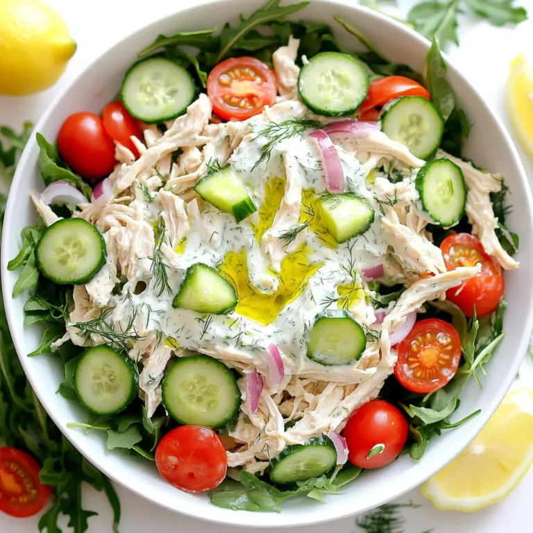 - 2 cups cooked chicken breast, shredded - 1 cup plain Greek yogurt - 1 cucumber, finely diced - 2 cloves garlic, minced - 1 tablespoon fresh dill, chopped - 1 tablespoon olive oil - 1 tablespoon lemon juice - Salt and pepper to taste - 1 cup cherry tomatoes, halved - ½ red onion, thinly sliced - 4 cups mixed greens or arugula - Cooked chicken breast: This is the main protein. It keeps you full and adds flavor. - Plain Greek yogurt: This is the base for the tzatziki dressing. It adds creaminess and tang. - Cucumber: It adds crunch and freshness. Plus, it helps cool the dish. - Garlic: This adds a bold flavor. It gives the salad a nice kick. - Fresh dill: This herb gives a bright taste. It makes the salad feel light and fresh. - Olive oil: This adds richness and helps blend the dressing. It's also heart-healthy. - Lemon juice: This adds acidity. It brightens the flavors and balances the creamy yogurt. - Salt and pepper: These are basic seasonings. They enhance the overall taste of the salad. - Cherry tomatoes: These add sweetness and color. They make the salad more visually appealing. - Red onion: This adds a bit of bite. It also gives a nice color contrast. - Mixed greens or arugula: This forms the salad base. It adds volume and nutrients. - Chicken breast: You can use rotisserie chicken for ease. - Greek yogurt: Use regular yogurt if you prefer. - Cucumber: Zucchini works well if you want a different texture. - Garlic: Garlic powder can replace fresh garlic if needed. - Fresh dill: Dried dill can substitute, but use less. - Olive oil: Avocado oil is a great alternative. - Lemon juice: Lime juice works in a pinch. - Salt and pepper: Use your favorite seasoning blends for variety. - Cherry tomatoes: Any small tomato works, like grape tomatoes. - Red onion: Sweet onion or green onion can be used instead. - Mixed greens or arugula: Spinach or kale can serve as a base too. Start by gathering your ingredients for the tzatziki dressing. In a large bowl, mix these items: - 1 cup plain Greek yogurt - 2 cloves garlic, minced - 1 tablespoon fresh dill, chopped - 1 tablespoon olive oil - 1 tablespoon lemon juice - Salt and pepper to taste Stir these ingredients well until they blend into a smooth dressing. This dressing is the heart of the salad. The yogurt adds creaminess, while garlic and dill give it a fresh kick. Now it’s time to build your salad. First, lay out 4 cups of mixed greens or arugula in a large salad bowl. This will be the base of your dish. Spoon the tzatziki dressing over the shredded chicken and finely diced cucumber. - 2 cups cooked chicken breast, shredded - 1 cucumber, finely diced Mix gently, ensuring every piece is coated in the dressing. Spread this chicken mixture over the greens. Now, scatter 1 cup of halved cherry tomatoes and ½ thinly sliced red onion on top. - 1 cup cherry tomatoes, halved - ½ red onion, thinly sliced For a finishing touch, drizzle a bit more olive oil if you like. Toss the salad gently just before serving, or leave it as is for a lovely look. When mixing, be gentle to keep the salad looking nice. The goal is to keep the greens crisp. If you want to add more flavor, consider extra herbs like parsley or mint. You can also add nuts for crunch. If you like spice, a sprinkle of cayenne pepper works well too. Using fresh ingredients makes a big difference. Choose ripe tomatoes and crisp greens. For an easy meal, use leftover chicken or store-bought rotisserie chicken. This dish shines with fresh flavors, making it a delight to share. Shredding chicken can be easy. First, ensure your chicken is cooked and warm. Use two forks to pull the chicken apart. This method gives you nice, even pieces. You can also use your hands, but be careful not to burn yourself. If you have leftover chicken, it works great too. Just make sure it’s moist for the best flavor. To boost the taste, consider adding herbs. Fresh parsley or mint can add a nice touch. A bit of lemon zest gives a bright flavor. You might also try adding feta cheese. It adds creaminess and a salty bite. If you like spice, a pinch of cayenne or paprika works well too. Just mix these in when you combine the dressing with the chicken. When serving, make it look nice. Use large bowls or plates for an inviting look. Sprinkle fresh dill on top for color. You can add lemon wedges on the side for a zesty kick. This salad pairs well with pita bread or rice. For a picnic, pack it in a jar for easy eating. Tzatziki chicken salad is great cold and perfect for warm days! {{image_2}} You can make a low-carb version of this salad easily. Instead of using mixed greens, try using lettuce wraps. They add crunch and keep carbs low. You can also skip the cherry tomatoes. They add sweetness but can raise carbs. Use more cucumbers for a fresh bite. This keeps your salad light and tasty. Feel free to add more veggies to your salad. Chopped bell peppers add color and crunch. Shredded carrots bring a touch of sweetness. You might like adding radishes for a spicy kick. All these flavors blend well with the tzatziki dressing. Toss the extras in the salad for more texture and flavor. To give your Tzatziki Chicken Salad a Mediterranean twist, add some olives. Kalamata olives work great for a salty taste. Feta cheese is another good choice. It adds creaminess and a tangy flavor. You can also sprinkle in some capers for a briny touch. These additions will really enhance the flavors and give your salad a new life. To keep your tzatziki chicken salad fresh, place leftovers in an airtight container. It’s best to store it in the fridge. Make sure to eat it within three days for the best taste. The flavors will blend nicely, making it even more delicious. I recommend using glass or plastic containers with tight lids. Glass containers are great because they don’t stain or absorb odors. If you want to save space, use shallow containers. This will help the salad cool down faster. You don't need to heat tzatziki chicken salad. It tastes best cold. If you must, microwave it on low for about 20 to 30 seconds. Be careful not to cook it. Heating can change the texture of the yogurt and chicken. Enjoy it fresh from the fridge! You can use sour cream as a substitute for Greek yogurt. It gives a similar tangy flavor. Plain yogurt also works well, but it may be thinner. If you want a dairy-free option, try coconut yogurt. It adds creaminess but changes the taste a bit. Yes, you can make this salad ahead of time. I recommend making it a few hours before serving. The flavors will blend nicely in the fridge. Just wait to add the greens until you are ready to serve. This keeps the salad fresh and crisp. Tzatziki chicken salad is a healthy choice. It has lean protein from the chicken and probiotics from the yogurt. The cucumbers add hydration and crunch, while the greens provide vitamins. Using olive oil adds healthy fats. Overall, it’s tasty and nutritious! In this blog post, we covered all you need to know about Tzatziki Chicken Salad. We explored the essential ingredients and their roles, plus helpful substitutes. I shared step-by-step instructions for making the dressing and assembling the salad. You learned tips for shredding chicken and enhancing flavor, along with storage advice. Try the variations for a fresh twist. This salad is not just healthy; it’s also tasty. With these insights, you can enjoy making this dish your own. Get creative and enjoy eating your flavorful creation!