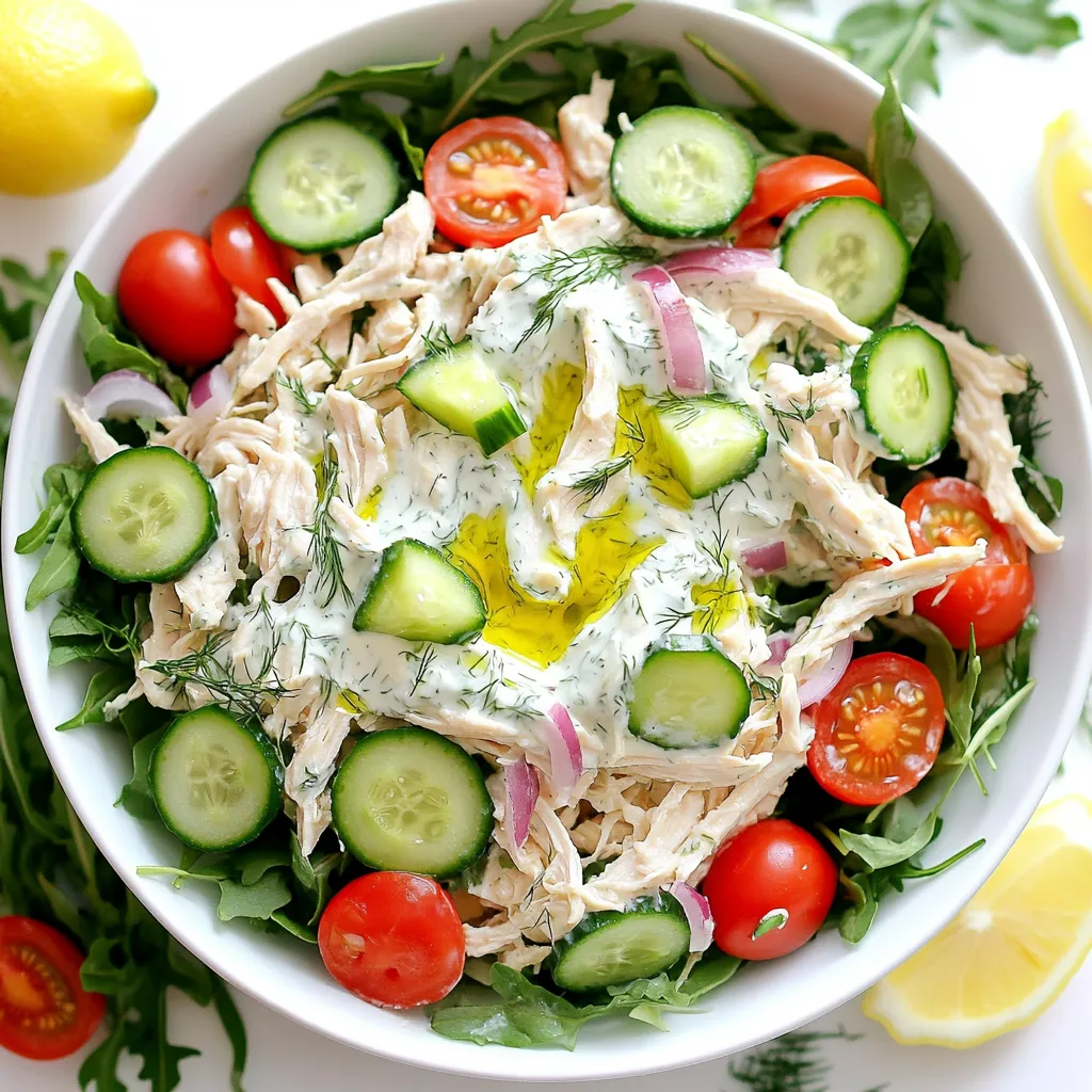 - 2 cups cooked chicken breast, shredded - 1 cup plain Greek yogurt - 1 cucumber, finely diced - 2 cloves garlic, minced - 1 tablespoon fresh dill, chopped - 1 tablespoon olive oil - 1 tablespoon lemon juice - Salt and pepper to taste - 1 cup cherry tomatoes, halved - ½ red onion, thinly sliced - 4 cups mixed greens or arugula - Cooked chicken breast: This is the main protein. It keeps you full and adds flavor. - Plain Greek yogurt: This is the base for the tzatziki dressing. It adds creaminess and tang. - Cucumber: It adds crunch and freshness. Plus, it helps cool the dish. - Garlic: This adds a bold flavor. It gives the salad a nice kick. - Fresh dill: This herb gives a bright taste. It makes the salad feel light and fresh. - Olive oil: This adds richness and helps blend the dressing. It's also heart-healthy. - Lemon juice: This adds acidity. It brightens the flavors and balances the creamy yogurt. - Salt and pepper: These are basic seasonings. They enhance the overall taste of the salad. - Cherry tomatoes: These add sweetness and color. They make the salad more visually appealing. - Red onion: This adds a bit of bite. It also gives a nice color contrast. - Mixed greens or arugula: This forms the salad base. It adds volume and nutrients. - Chicken breast: You can use rotisserie chicken for ease. - Greek yogurt: Use regular yogurt if you prefer. - Cucumber: Zucchini works well if you want a different texture. - Garlic: Garlic powder can replace fresh garlic if needed. - Fresh dill: Dried dill can substitute, but use less. - Olive oil: Avocado oil is a great alternative. - Lemon juice: Lime juice works in a pinch. - Salt and pepper: Use your favorite seasoning blends for variety. - Cherry tomatoes: Any small tomato works, like grape tomatoes. - Red onion: Sweet onion or green onion can be used instead. - Mixed greens or arugula: Spinach or kale can serve as a base too. Start by gathering your ingredients for the tzatziki dressing. In a large bowl, mix these items: - 1 cup plain Greek yogurt - 2 cloves garlic, minced - 1 tablespoon fresh dill, chopped - 1 tablespoon olive oil - 1 tablespoon lemon juice - Salt and pepper to taste Stir these ingredients well until they blend into a smooth dressing. This dressing is the heart of the salad. The yogurt adds creaminess, while garlic and dill give it a fresh kick. Now it’s time to build your salad. First, lay out 4 cups of mixed greens or arugula in a large salad bowl. This will be the base of your dish. Spoon the tzatziki dressing over the shredded chicken and finely diced cucumber. - 2 cups cooked chicken breast, shredded - 1 cucumber, finely diced Mix gently, ensuring every piece is coated in the dressing. Spread this chicken mixture over the greens. Now, scatter 1 cup of halved cherry tomatoes and ½ thinly sliced red onion on top. - 1 cup cherry tomatoes, halved - ½ red onion, thinly sliced For a finishing touch, drizzle a bit more olive oil if you like. Toss the salad gently just before serving, or leave it as is for a lovely look. When mixing, be gentle to keep the salad looking nice. The goal is to keep the greens crisp. If you want to add more flavor, consider extra herbs like parsley or mint. You can also add nuts for crunch. If you like spice, a sprinkle of cayenne pepper works well too. Using fresh ingredients makes a big difference. Choose ripe tomatoes and crisp greens. For an easy meal, use leftover chicken or store-bought rotisserie chicken. This dish shines with fresh flavors, making it a delight to share. Shredding chicken can be easy. First, ensure your chicken is cooked and warm. Use two forks to pull the chicken apart. This method gives you nice, even pieces. You can also use your hands, but be careful not to burn yourself. If you have leftover chicken, it works great too. Just make sure it’s moist for the best flavor. To boost the taste, consider adding herbs. Fresh parsley or mint can add a nice touch. A bit of lemon zest gives a bright flavor. You might also try adding feta cheese. It adds creaminess and a salty bite. If you like spice, a pinch of cayenne or paprika works well too. Just mix these in when you combine the dressing with the chicken. When serving, make it look nice. Use large bowls or plates for an inviting look. Sprinkle fresh dill on top for color. You can add lemon wedges on the side for a zesty kick. This salad pairs well with pita bread or rice. For a picnic, pack it in a jar for easy eating. Tzatziki chicken salad is great cold and perfect for warm days! {{image_2}} You can make a low-carb version of this salad easily. Instead of using mixed greens, try using lettuce wraps. They add crunch and keep carbs low. You can also skip the cherry tomatoes. They add sweetness but can raise carbs. Use more cucumbers for a fresh bite. This keeps your salad light and tasty. Feel free to add more veggies to your salad. Chopped bell peppers add color and crunch. Shredded carrots bring a touch of sweetness. You might like adding radishes for a spicy kick. All these flavors blend well with the tzatziki dressing. Toss the extras in the salad for more texture and flavor. To give your Tzatziki Chicken Salad a Mediterranean twist, add some olives. Kalamata olives work great for a salty taste. Feta cheese is another good choice. It adds creaminess and a tangy flavor. You can also sprinkle in some capers for a briny touch. These additions will really enhance the flavors and give your salad a new life. To keep your tzatziki chicken salad fresh, place leftovers in an airtight container. It’s best to store it in the fridge. Make sure to eat it within three days for the best taste. The flavors will blend nicely, making it even more delicious. I recommend using glass or plastic containers with tight lids. Glass containers are great because they don’t stain or absorb odors. If you want to save space, use shallow containers. This will help the salad cool down faster. You don't need to heat tzatziki chicken salad. It tastes best cold. If you must, microwave it on low for about 20 to 30 seconds. Be careful not to cook it. Heating can change the texture of the yogurt and chicken. Enjoy it fresh from the fridge! You can use sour cream as a substitute for Greek yogurt. It gives a similar tangy flavor. Plain yogurt also works well, but it may be thinner. If you want a dairy-free option, try coconut yogurt. It adds creaminess but changes the taste a bit. Yes, you can make this salad ahead of time. I recommend making it a few hours before serving. The flavors will blend nicely in the fridge. Just wait to add the greens until you are ready to serve. This keeps the salad fresh and crisp. Tzatziki chicken salad is a healthy choice. It has lean protein from the chicken and probiotics from the yogurt. The cucumbers add hydration and crunch, while the greens provide vitamins. Using olive oil adds healthy fats. Overall, it’s tasty and nutritious! In this blog post, we covered all you need to know about Tzatziki Chicken Salad. We explored the essential ingredients and their roles, plus helpful substitutes. I shared step-by-step instructions for making the dressing and assembling the salad. You learned tips for shredding chicken and enhancing flavor, along with storage advice. Try the variations for a fresh twist. This salad is not just healthy; it’s also tasty. With these insights, you can enjoy making this dish your own. Get creative and enjoy eating your flavorful creation!