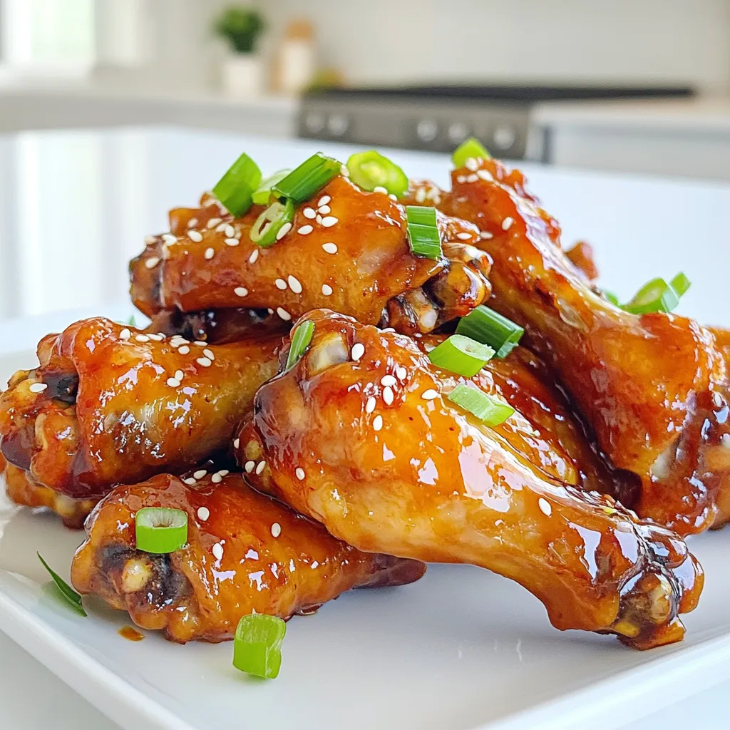 For the best Korean BBQ wings, gather these main items: - 2 pounds chicken wings - 1/4 cup soy sauce - 2 tablespoons gochujang (Korean red chili paste) - 1 tablespoon honey - 1 tablespoon sesame oil The marinade makes the wings flavorful. You need: - 3 cloves garlic, minced - 1 teaspoon grated ginger - 1 tablespoon rice vinegar - Salt and pepper to taste Garnishes add a nice touch. Consider these options: - 2 teaspoons sesame seeds - 2 green onions, sliced To start, grab a large mixing bowl. Add the following ingredients: - 1/4 cup soy sauce - 2 tablespoons gochujang - 1 tablespoon honey - 1 tablespoon sesame oil - 3 cloves garlic, minced - 1 teaspoon grated ginger - 1 tablespoon rice vinegar - Salt and pepper to taste Mix all these well. You want a smooth blend. This marinade brings bold flavors to the wings. Now, take your 2 pounds of chicken wings. Add them to the bowl with the marinade. Make sure each wing gets fully coated. Cover the bowl, then place it in the fridge. Let it sit for at least 1 hour. For the best taste, marinate overnight. Preheat your air fryer to 380°F (193°C). After marinating, take the wings out. Set aside the leftover marinade for later. Place the wings in the air fryer basket in a single layer. Cook for 25-30 minutes. Shake the basket halfway through for even cooking. While the wings cook, heat the reserved marinade in a small saucepan. Heat it over medium for about 5-7 minutes. This will thicken to become your glaze. Once the wings turn golden brown and crispy, brush them with the glaze. Cook for another 5 minutes in the air fryer. Finally, remove the wings and let them rest for a few minutes. Serve them with a sprinkle of sesame seeds and sliced green onions for a fresh touch. Enjoy your delicious wings! To get the wings nice and crispy, first, dry them well. Pat them with paper towels to remove excess moisture. This helps the skin crisp up in the air fryer. Preheat the air fryer to 380°F (193°C). Cooking them at this temperature gives you that perfect crunch. Remember to shake the basket halfway through cooking. This ensures even crisping on all sides. Marinating is key for flavor. I like to marinate the wings for at least one hour. For the best taste, let them sit overnight. Make sure to cover the bowl tightly. This keeps the flavor in and the wings moist. When you are ready to cook, shake off any excess marinade. This prevents soggy wings. One common mistake is overcrowding the air fryer basket. This can lead to uneven cooking. Always cook in a single layer for the best results. Another mistake is skipping the resting time after cooking. Letting the wings rest for a few minutes lets the juices settle. This keeps them juicy and flavorful when you bite in. {{image_2}} You can change the flavor of your wings by mixing up the marinade. Try adding orange juice for a citrus twist. You can also use pineapple juice for a sweet touch. If you like it spicy, add more gochujang or some red pepper flakes. For a smoky flavor, mix in a bit of smoked paprika. Each change makes your wings unique! If you have allergies, there are easy swaps. Use tamari instead of soy sauce for a gluten-free option. You can also make a honey substitute using maple syrup if you're vegan. For those allergic to sesame, use olive oil instead of sesame oil. Just make sure your other ingredients are safe for your needs. Air Fryer Korean BBQ wings pair well with many sides. Serve them with steamed rice for a filling meal. You can also add a fresh salad or some crunchy veggies. Pickled radishes are great for a tangy bite. If you want a snack, try serving them with kimchi. This adds a nice kick and complements the wings well. To store leftover wings, let them cool slightly. Place them in an airtight container. You can keep them in the fridge for up to three days. If you want them to last longer, freezing is a great option. Just make sure they are completely cool before putting them away. To freeze the wings, place them in a freezer-safe bag. Remove as much air as you can before sealing. This helps prevent freezer burn. You can freeze them for up to three months. Thaw them overnight in the fridge before reheating. For the best taste, reheat the wings in your air fryer. Set the air fryer to 350°F (175°C). Cook for about 10-15 minutes until they are hot and crispy. You can also use an oven if you don’t have an air fryer. Just cover them loosely with foil to keep them from drying out. Enjoy those tasty wings! Yes, you can use frozen wings! Just make sure to thaw them first. This helps the marinade soak in. For best results, marinate the wings overnight. Then, follow the cooking steps as usual. To add more heat, use extra gochujang. You can also add red pepper flakes or sliced fresh chili peppers. Adjust the amount based on your heat tolerance. Taste the marinade before adding more spice. Korean BBQ wings go well with many sauces! Try a sweet chili sauce or a soy dipping sauce. You can also use a garlic aioli or a creamy ranch dressing. These add a nice contrast to the spicy wings. You can store leftover wings in the fridge for up to 3 days. Make sure to place them in an airtight container. When ready to eat, reheat them in the air fryer for the best texture. You learned how to make tasty Air Fryer Korean BBQ wings. We covered key ingredients, marinade tips, and cooking steps. I shared ways to make your wings crispy and avoid common mistakes. Variations and storage tips ensure you can enjoy these wings anytime. Dive into your kitchen with confidence. Enjoy delicious, homemade wings any day!