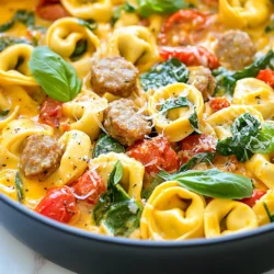 - 12 oz cheese tortellini (fresh or frozen) - 1 lb Italian sausage (mild or spicy, casings removed) - 1 medium onion, diced - 2 cloves garlic, minced - 1 red bell pepper, diced - 2 cups baby spinach - 1 can (15 oz) diced tomatoes, undrained - 1 cup chicken broth - 1 teaspoon dried oregano - 1 teaspoon dried basil - ½ teaspoon red pepper flakes (optional for heat) - Salt and pepper to taste - 2 tablespoons olive oil - ¼ cup grated Parmesan cheese (optional for serving) - Fresh basil leaves for garnish Gather these ingredients before you start cooking. This will make it easier to follow each step. The mix of cheese tortellini and Italian sausage gives this dish its rich flavor. Fresh vegetables like bell peppers and spinach add bright colors and nutrients. The spices and herbs are key to bringing out the taste. They help create a warm, comforting meal that everyone will enjoy. Don’t forget the Parmesan cheese; it adds a lovely touch at the end. Fresh basil leaves make a great garnish. They bring extra flavor and make your dish look beautiful. {{ingredient_image_1}} - Heat 2 tablespoons of olive oil over medium heat in a large skillet. - Add 1 pound of Italian sausage, breaking it apart with a wooden spoon. Cook for about 5-7 minutes until browned. If there's excess grease, remove it. - Next, introduce 1 medium diced onion and 1 diced red bell pepper to the pan. - Cook for about 5 minutes until the onion is soft and translucent. The peppers should be softened too. - Stir in 2 cloves of minced garlic and cook for 1 more minute until fragrant. - Add 1 can of diced tomatoes (with juice), 1 cup of chicken broth, 1 teaspoon of dried oregano, 1 teaspoon of dried basil, and optional ½ teaspoon of red pepper flakes. Season with salt and pepper. Bring this mixture to a simmer. - Once it simmers, add 12 oz of cheese tortellini to the pan. Stir well to combine. - Cover the skillet and cook the tortellini for 8-10 minutes, according to package instructions. - When the tortellini are cooked through, gently fold in 2 cups of baby spinach. Cook for another 1-2 minutes until the spinach wilts. - If you like, sprinkle with ¼ cup of grated Parmesan cheese before serving. Best way to cook sausage for optimal flavor: Start by heating olive oil in a large pan over medium heat. Add the sausage, breaking it apart with a spoon. Cook it for about 5-7 minutes until it turns brown and is fully cooked. This step brings out the rich flavors of the sausage. Removing any extra grease can help keep the dish light. How to achieve perfectly tender tortellini: When adding tortellini to the pan, stir it well in the sauce. Cover the pan and let it cook for 8-10 minutes. Follow the package instructions for the best results. This method ensures that the tortellini absorb the sauce flavor while cooking. Creative presentation options for serving One Pan Tortellini with Sausage: Serve the dish directly from the pan for a rustic look. You can add fresh basil leaves on top for color. A sprinkle of grated Parmesan cheese makes it even more appealing. Ideal side dishes and pairings to complement the recipe: Pair this dish with a light salad or crusty bread. A glass of white wine can enhance the meal. These options balance the flavors and round out the dining experience. Overcooking tortellini: One common mistake is cooking tortellini too long. This can make them mushy. Keep an eye on the cooking time and taste them to check for doneness. Not properly seasoning the dish: Another mistake is forgetting to season. Always taste the dish before serving. Adjust salt, pepper, and herbs to your liking. Proper seasoning brings all the flavors together. Pro Tips Use Fresh Ingredients: Whenever possible, opt for fresh vegetables and high-quality sausage to enhance the flavors of the dish. Customize the Heat: Adjust the amount of red pepper flakes based on your spice preference; omit them for a milder dish. Meal Prep Friendly: This dish is great for meal prep; simply store leftovers in an airtight container and reheat for a quick meal. Experiment with Greens: Feel free to substitute or add other leafy greens like kale or Swiss chard for added nutrition and flavor. {{image_2}} You can switch the sausage for chicken or turkey sausage. These options are leaner and still tasty. If you want a meatless meal, try plant-based sausage or legumes like chickpeas. They add protein and flavor without meat. Both choices keep the dish fun and healthy. Feel free to toss in more vegetables like zucchini or mushrooms. These add texture and nutrients. You can also swap in seasonal vegetables for fresh flavors. Think bell peppers in summer or root veggies in winter. This way, every meal feels unique and bright. Mix in different herbs or spices to change the flavor. For example, add thyme or rosemary for a new twist. You can also try adding a splash of cream or different cheeses. Creamy versions can be rich and comforting. Experiment with what you like best to create your own signature dish! To keep your One Pan Tortellini with Sausage fresh, store leftovers right away. Use airtight containers for the best results. This dish stays good in the fridge for about 3 to 4 days. Make sure it cools down first before sealing. You can place it in glass or plastic containers. You can also use freezer bags if you prefer. If you want to save some for later, freezing works well. Divide the dish into meal-sized portions. Use freezer-safe containers or bags. Label each bag with the date, so you remember when you froze it. It can last in the freezer for up to 3 months. For reheating, move the dish to the fridge to thaw overnight. If you're in a hurry, you can thaw it in the microwave. To heat up your One Pan Tortellini with Sausage, you have a few options. The stovetop method keeps the texture nice. Just add a splash of water or broth to the pan, and heat it over low heat. Stir occasionally to warm it evenly. If you use a microwave, place the dish in a microwave-safe container. Cover it to avoid drying out. Heat it in short bursts, stirring in between. Both methods work well, so choose what fits your time best. Cooking tortellini usually takes about 8-10 minutes. Check the package for exact times. You want them tender but not mushy. Yes, frozen tortellini works great! Just add a few extra minutes to the cooking time. They will cook well in the same sauce. You can use chicken or turkey sausage. For a vegetarian option, try plant-based sausage or even beans. Both will add flavor. Absolutely! One Pan Tortellini with Sausage stores well. You can make it ahead and reheat for quick meals. Just keep it in an airtight container. Yes, use gluten-free tortellini. Many stores offer this option. Check the ingredients to ensure they are safe for your diet. To change the heat, use more or fewer red pepper flakes. You can also choose spicy sausage for extra kick. Adjust to your taste! This article outlines how to prepare a delicious One Pan Tortellini with Sausage. We covered main and additional ingredients, step-by-step instructions, and tips to avoid common mistakes. You learned about variations for proteins, vegetables, and flavor enhancements. Lastly, we discussed storage and reheating methods. Now, you have everything you need to create this tasty dish. Enjoy the cooking process and share your results!