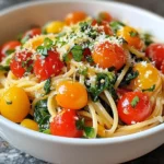 - 8 oz whole wheat spaghetti - 2 cups fresh spinach, washed and roughly chopped - 2 cups cherry tomatoes, halved - 3 cloves garlic, minced - 1/4 cup olive oil - 1 teaspoon red pepper flakes - 1/2 teaspoon salt - 1/2 teaspoon black pepper - 1/4 cup fresh basil leaves, chopped - Zest of 1 lemon - 1/4 cup Parmesan cheese, grated (optional) To make Spinach Tomato Pasta, you need simple ingredients. Whole wheat spaghetti gives a healthy touch. Fresh spinach adds color and nutrients. Cherry tomatoes bring sweetness and a burst of flavor. Next, we have the aromatics. Garlic adds depth and aroma. Olive oil helps everything blend together. A bit of red pepper flakes gives a kick. Salt and black pepper round out the taste. Garnishes can elevate your dish. Fresh basil adds a fragrant note. Lemon zest brightens flavors and adds freshness. Parmesan cheese is optional but adds richness. You can mix and match these ingredients to suit your taste. Enjoy creating this easy and tasty meal! {{ingredient_image_1}} To start, boil water in a large pot. Add salt to the water for flavor. Once boiling, add 8 ounces of whole wheat spaghetti. Cook it until it is al dente. This usually takes about 8 to 10 minutes. Keep an eye on it so it doesn’t get too soft. After cooking, reserve about 1/2 cup of the pasta water. This water is starchy and helps the sauce stick. Drain the rest of the water and set the spaghetti aside. Next, it’s time to prepare the aromatics. In the same pot, heat 1/4 cup of olive oil over medium heat. Then, add 3 minced garlic cloves. Sauté the garlic for about 1 minute. It should smell great but don’t let it burn. After that, add 2 cups of halved cherry tomatoes. Cook these for about 5 to 7 minutes. You want them to blister and soften. Now, it’s time to combine everything. Add 2 cups of chopped spinach to the pot. Also, sprinkle in 1 teaspoon of red pepper flakes, 1/2 teaspoon of salt, and 1/2 teaspoon of black pepper. Cook this mixture for another 2 to 3 minutes. Stir until the spinach wilts and blends with the garlic and tomatoes. Next, return the drained spaghetti to the pot. Gradually add the reserved pasta water while tossing everything together. This will create a nice sauce. To finish, stir in 1/4 cup of chopped fresh basil and the zest of 1 lemon. If you like, sprinkle some grated Parmesan cheese on top. Enjoy your Spinach Tomato Pasta! Ensuring perfect pasta texture To get that perfect al dente bite, cook the spaghetti in salted water. Follow the package time closely. It’s key to taste the pasta a minute before the time ends. Drain it, but save some pasta water for later. Balancing flavors The key to great taste is layering flavors. Start with the garlic in hot olive oil. Let it sizzle, but don’t burn it. After that, add the tomatoes. Their sweetness will shine as they cook. Finally, add spinach and seasonings to tie everything together. Garnishing for visual appeal Garnishing makes your dish pop! Use fresh basil leaves as a bright touch. A sprinkle of Parmesan cheese adds richness. Drizzle a bit of olive oil for a glossy finish. Serving suggestions Serve the pasta in shallow bowls. This not only looks great but also makes it easier to eat. Pair it with a fresh salad or crusty bread for a complete meal. Overcooking spinach Spinach cooks fast. If you overcook it, it becomes mushy. Add it last and cook just until it wilts. This keeps its vibrant green color and fresh taste. Using insufficient pasta water Pasta water is your friend. It adds starch and helps bind the sauce. If the dish feels dry, slowly add the reserved water until you reach the right consistency. Pro Tips Fresh Spinach: Always use fresh spinach for the best flavor and texture. Wilted spinach can alter the dish's freshness and appeal. Tomato Variety: Using a mix of different cherry tomato varieties can enhance the dish's color and flavor profile. Adjusting Spice: Feel free to adjust the amount of red pepper flakes based on your spice tolerance. Start with less if you prefer a milder dish. Pasta Water: Reserve enough pasta water to achieve the desired sauciness. It contains starch that helps bind the sauce to the pasta. {{image_2}} You can mix up the pasta type to fit your taste. Try penne, fusilli, or gluten-free pasta if you prefer. Different shapes can change the way the sauce sticks. For greens, spinach is great, but you can use kale or arugula. These options add unique flavors and textures. If you like more color, consider bell peppers or zucchini. If you're gluten-free, use gluten-free pasta instead. Many brands make tasty options that work well. Just check the cooking time, as it can differ from regular pasta. For a vegan version, skip the Parmesan cheese. You can use nutritional yeast for a cheesy flavor. Also, be sure to confirm your pasta is egg-free. Want to boost flavor? Adding cooked chicken or shrimp makes this dish heartier. Just sauté the protein before adding the garlic. Herbs and spices can change the taste too. Try oregano, thyme, or even a sprinkle of lemon juice. Fresh herbs like parsley or dill also add great flavor. Mix and match to find your favorite combination! To keep your Spinach Tomato Pasta fresh, follow these tips: - Let the pasta cool down before storing. - Use airtight containers to avoid moisture. - Store in the fridge for up to 3 days. This method helps keep the flavors intact. When it's time to enjoy your leftovers, use these methods: - Heat in the microwave for 1-2 minutes, stirring halfway. - For stove-top reheating, add a splash of water to the pan. - Warm gently over low heat to keep the pasta's texture. These methods help preserve the taste and prevent dryness. If you want to save some for later, follow these steps: - Cool the pasta completely before freezing. - Place in freezer-safe containers or bags. - It can last up to 2 months in the freezer. When you're ready to eat, thaw in the fridge overnight. Reheat as mentioned above for the best results. You can easily make Spinach Tomato Pasta vegetarian by skipping the Parmesan cheese. Instead, use a plant-based cheese or nutritional yeast for a cheesy flavor. The rest of the recipe is already vegetarian-friendly. Just focus on the fresh spinach, cherry tomatoes, and whole wheat spaghetti to create a rich and satisfying meal. Yes, you can use frozen spinach! Just thaw and drain it well before using. Frozen spinach is more watery than fresh, so remove as much moisture as you can. This way, your pasta won't get soggy, and the flavors will stay bright. Spinach Tomato Pasta pairs well with a side salad or garlic bread. A simple mixed greens salad with vinaigrette adds freshness. Garlic bread provides a nice crunch. You could also serve grilled chicken or fish for a heartier meal. Leftovers will stay fresh in the fridge for about 3 to 5 days. Store the pasta in an airtight container to keep it from drying out. If you want to save some for later, you can freeze it too! This blog post covered how to make Spinach Tomato Pasta, exploring its key ingredients, cooking steps, and tips for success. You can enjoy this dish by using fresh whole wheat spaghetti, tender spinach, and ripe cherry tomatoes. Remember to avoid common mistakes, like overcooking spinach. Explore variations to keep the meal exciting, and don’t forget about proper storage techniques. With these insights, you can create a delicious, healthy pasta dish that fits your needs, satisfies your palate, and impresses your guests. Enjoy your cooking adventure!