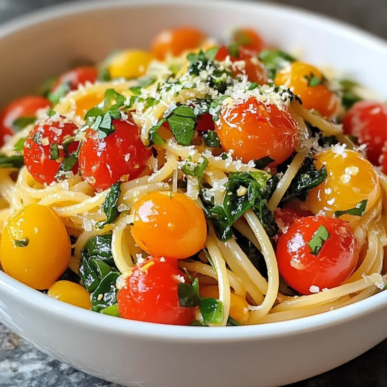- 8 oz whole wheat spaghetti - 2 cups fresh spinach, washed and roughly chopped - 2 cups cherry tomatoes, halved - 3 cloves garlic, minced - 1/4 cup olive oil - 1 teaspoon red pepper flakes - 1/2 teaspoon salt - 1/2 teaspoon black pepper - 1/4 cup fresh basil leaves, chopped - Zest of 1 lemon - 1/4 cup Parmesan cheese, grated (optional) To make Spinach Tomato Pasta, you need simple ingredients. Whole wheat spaghetti gives a healthy touch. Fresh spinach adds color and nutrients. Cherry tomatoes bring sweetness and a burst of flavor. Next, we have the aromatics. Garlic adds depth and aroma. Olive oil helps everything blend together. A bit of red pepper flakes gives a kick. Salt and black pepper round out the taste. Garnishes can elevate your dish. Fresh basil adds a fragrant note. Lemon zest brightens flavors and adds freshness. Parmesan cheese is optional but adds richness. You can mix and match these ingredients to suit your taste. Enjoy creating this easy and tasty meal! {{ingredient_image_1}} To start, boil water in a large pot. Add salt to the water for flavor. Once boiling, add 8 ounces of whole wheat spaghetti. Cook it until it is al dente. This usually takes about 8 to 10 minutes. Keep an eye on it so it doesn’t get too soft. After cooking, reserve about 1/2 cup of the pasta water. This water is starchy and helps the sauce stick. Drain the rest of the water and set the spaghetti aside. Next, it’s time to prepare the aromatics. In the same pot, heat 1/4 cup of olive oil over medium heat. Then, add 3 minced garlic cloves. Sauté the garlic for about 1 minute. It should smell great but don’t let it burn. After that, add 2 cups of halved cherry tomatoes. Cook these for about 5 to 7 minutes. You want them to blister and soften. Now, it’s time to combine everything. Add 2 cups of chopped spinach to the pot. Also, sprinkle in 1 teaspoon of red pepper flakes, 1/2 teaspoon of salt, and 1/2 teaspoon of black pepper. Cook this mixture for another 2 to 3 minutes. Stir until the spinach wilts and blends with the garlic and tomatoes. Next, return the drained spaghetti to the pot. Gradually add the reserved pasta water while tossing everything together. This will create a nice sauce. To finish, stir in 1/4 cup of chopped fresh basil and the zest of 1 lemon. If you like, sprinkle some grated Parmesan cheese on top. Enjoy your Spinach Tomato Pasta! Ensuring perfect pasta texture To get that perfect al dente bite, cook the spaghetti in salted water. Follow the package time closely. It’s key to taste the pasta a minute before the time ends. Drain it, but save some pasta water for later. Balancing flavors The key to great taste is layering flavors. Start with the garlic in hot olive oil. Let it sizzle, but don’t burn it. After that, add the tomatoes. Their sweetness will shine as they cook. Finally, add spinach and seasonings to tie everything together. Garnishing for visual appeal Garnishing makes your dish pop! Use fresh basil leaves as a bright touch. A sprinkle of Parmesan cheese adds richness. Drizzle a bit of olive oil for a glossy finish. Serving suggestions Serve the pasta in shallow bowls. This not only looks great but also makes it easier to eat. Pair it with a fresh salad or crusty bread for a complete meal. Overcooking spinach Spinach cooks fast. If you overcook it, it becomes mushy. Add it last and cook just until it wilts. This keeps its vibrant green color and fresh taste. Using insufficient pasta water Pasta water is your friend. It adds starch and helps bind the sauce. If the dish feels dry, slowly add the reserved water until you reach the right consistency. Pro Tips Fresh Spinach: Always use fresh spinach for the best flavor and texture. Wilted spinach can alter the dish's freshness and appeal. Tomato Variety: Using a mix of different cherry tomato varieties can enhance the dish's color and flavor profile. Adjusting Spice: Feel free to adjust the amount of red pepper flakes based on your spice tolerance. Start with less if you prefer a milder dish. Pasta Water: Reserve enough pasta water to achieve the desired sauciness. It contains starch that helps bind the sauce to the pasta. {{image_2}} You can mix up the pasta type to fit your taste. Try penne, fusilli, or gluten-free pasta if you prefer. Different shapes can change the way the sauce sticks. For greens, spinach is great, but you can use kale or arugula. These options add unique flavors and textures. If you like more color, consider bell peppers or zucchini. If you're gluten-free, use gluten-free pasta instead. Many brands make tasty options that work well. Just check the cooking time, as it can differ from regular pasta. For a vegan version, skip the Parmesan cheese. You can use nutritional yeast for a cheesy flavor. Also, be sure to confirm your pasta is egg-free. Want to boost flavor? Adding cooked chicken or shrimp makes this dish heartier. Just sauté the protein before adding the garlic. Herbs and spices can change the taste too. Try oregano, thyme, or even a sprinkle of lemon juice. Fresh herbs like parsley or dill also add great flavor. Mix and match to find your favorite combination! To keep your Spinach Tomato Pasta fresh, follow these tips: - Let the pasta cool down before storing. - Use airtight containers to avoid moisture. - Store in the fridge for up to 3 days. This method helps keep the flavors intact. When it's time to enjoy your leftovers, use these methods: - Heat in the microwave for 1-2 minutes, stirring halfway. - For stove-top reheating, add a splash of water to the pan. - Warm gently over low heat to keep the pasta's texture. These methods help preserve the taste and prevent dryness. If you want to save some for later, follow these steps: - Cool the pasta completely before freezing. - Place in freezer-safe containers or bags. - It can last up to 2 months in the freezer. When you're ready to eat, thaw in the fridge overnight. Reheat as mentioned above for the best results. You can easily make Spinach Tomato Pasta vegetarian by skipping the Parmesan cheese. Instead, use a plant-based cheese or nutritional yeast for a cheesy flavor. The rest of the recipe is already vegetarian-friendly. Just focus on the fresh spinach, cherry tomatoes, and whole wheat spaghetti to create a rich and satisfying meal. Yes, you can use frozen spinach! Just thaw and drain it well before using. Frozen spinach is more watery than fresh, so remove as much moisture as you can. This way, your pasta won't get soggy, and the flavors will stay bright. Spinach Tomato Pasta pairs well with a side salad or garlic bread. A simple mixed greens salad with vinaigrette adds freshness. Garlic bread provides a nice crunch. You could also serve grilled chicken or fish for a heartier meal. Leftovers will stay fresh in the fridge for about 3 to 5 days. Store the pasta in an airtight container to keep it from drying out. If you want to save some for later, you can freeze it too! This blog post covered how to make Spinach Tomato Pasta, exploring its key ingredients, cooking steps, and tips for success. You can enjoy this dish by using fresh whole wheat spaghetti, tender spinach, and ripe cherry tomatoes. Remember to avoid common mistakes, like overcooking spinach. Explore variations to keep the meal exciting, and don’t forget about proper storage techniques. With these insights, you can create a delicious, healthy pasta dish that fits your needs, satisfies your palate, and impresses your guests. Enjoy your cooking adventure!