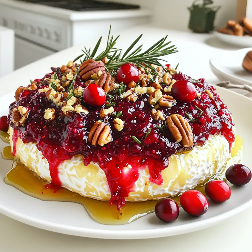 - 1 round of Brie cheese (about 8 oz) - 1 cup cranberry sauce (homemade or store-bought) - 1/4 cup chopped pecans or walnuts Brie cheese is the star of this dish. Its rich, creamy texture pairs perfectly with the sweet-tart cranberry sauce. You can use homemade or store-bought cranberry sauce, depending on your time and skills. Chopped pecans or walnuts add a nice crunch and depth of flavor. - 1 tablespoon honey - 1 teaspoon fresh rosemary, finely chopped - Fresh cranberries for garnish Honey brings extra sweetness to the mix. It balances the tang of the cranberries. Fresh rosemary adds a hint of earthiness. You can use fresh cranberries as a garnish, giving your dish a festive look. - Crackers - Sliced baguette Serve this baked Brie with a variety of crackers or slices of fresh baguette. Both options work well for scooping up the melted cheese and topping. The crunch of the crackers or the softness of the baguette makes every bite delightful. - Preheat your oven to 350°F (175°C). - Line a baking sheet with parchment paper. This will help with easy cleanup later. - In a small bowl, mix together the cranberry sauce, chopped pecans, honey, and rosemary. - Make sure everything blends well. This mix will be the star on top of the Brie. - Place the Brie round on the prepared baking sheet. - Pour the cranberry mixture over the top of the Brie. Ensure it is evenly covered. - Bake the Brie in the preheated oven for about 15-20 minutes. Look for the cheese to be soft and gooey, but not fully melted. - Carefully take the baking sheet out of the oven. Let the Brie rest for a couple of minutes before serving. When you pick Brie cheese, look for a creamy texture. The rind should be white and soft. Check for fresh aroma and no strong odors. Aim for a round of Brie around 8 ounces for this recipe. This size melts well and serves a good number of people. A high-quality Brie enhances the dish's flavor. To get the right melt, don’t overcook the Brie. Bake it for just 15 to 20 minutes at 350°F. You want it soft and gooey but not runny. Keep an eye on it as it cooks. If it starts to bubble too much, it's time to take it out. Let it sit for a couple of minutes before serving. This helps it hold its shape. Garnishing makes your dish look festive. Add fresh cranberries on top for color. You can also sprinkle chopped pecans around it. Serve the baked Brie with an assortment of crackers or sliced baguette. This adds texture and makes it easy for guests to enjoy. A pretty presentation impresses everyone at your holiday gathering. {{image_2}} You can switch up the cranberry sauce for other fruit preserves or compotes. Try apricot or fig jam for a sweet twist. You can also use a mix of different nuts. Chopped almonds or pistachios add a nice crunch. For added depth, mix in dried fruits or spices. Chopped dried cherries or a pinch of cinnamon work well. You can also experiment with herbs. Thyme or sage can give the dish a fresh flavor. Wine can elevate your dish. A fruity white wine like Riesling pairs nicely. You can also offer other appetizers alongside. Cured meats or fresh vegetables with dip complement the rich cheese perfectly. After enjoying your baked Brie, store any leftovers in the fridge. First, let it cool down. Wrap the Brie tightly in plastic wrap or place it in an airtight container. This keeps it fresh and prevents it from drying out. Proper storage is key for great taste later. Leftovers can last up to four days in the fridge. If you don't eat it all, you still have time to enjoy it! When you want to reheat your baked Brie, take care not to lose its lovely texture. The best way to reheat it is in the oven. Preheat the oven to 350°F (175°C). Place the Brie on a baking sheet and cover it with foil. Heat it for about 10 minutes. This method warms the cheese without making it too runny. You can also use a microwave, but be careful. Heat it in short bursts of 15 seconds. Check it often to keep it from melting too much. Enjoy your warm, gooey Brie again! Yes, you can! While Brie is creamy and mild, other cheeses work well too. Here are some great options: - Camembert: Similar to Brie but has a stronger flavor. - Goat cheese: Offers a tangy taste and creamy texture. - Havarti: This cheese melts well and has a buttery flavor. - Cream cheese: A softer option that pairs well with toppings. You can prepare parts of this dish ahead. Here’s how: - Mix the cranberry sauce, nuts, honey, and rosemary a day before. - Store the mixture in an airtight container in the fridge. - On the day you serve, simply pour the mixture over the Brie and bake. - This saves time and helps the flavors blend well. Baked Brie pairs well with many tasty sides. Here are some great choices: - Crackers: Choose a variety for different textures. - Sliced baguette: Fresh bread adds a nice crunch. - Fruits: Apples or pears bring a sweet touch. - Veggies: Carrots and celery sticks add a fresh crunch. - Dips: Try serving with a sweet or savory dip for variety. In this article, we explored how to make baked Brie with cranberry sauce and nuts. You learned about the main ingredients, helpful tips for cooking, and creative serving ideas. Remember, using high-quality Brie and careful baking will enhance your dish. Feel free to try different toppings or pairings to suit your taste. Whether you're hosting a gathering or enjoying it alone, this baked Brie will impress. Enjoy the creamy goodness and share it with others!