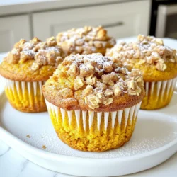 - 1 cup all-purpose flour - 1 cup whole wheat flour - 1 teaspoon baking powder - 1 teaspoon baking soda - 1 teaspoon ground cinnamon - 1/2 teaspoon ground nutmeg - 1/4 teaspoon ground ginger - 1/2 teaspoon salt I use a mix of all-purpose and whole wheat flour. This blend gives the muffins a light texture. Baking powder and baking soda help the muffins rise. The spices add warmth and flavor. Cinnamon, nutmeg, and ginger create that cozy, fall taste. A pinch of salt balances the sweet flavors. - 1 cup canned pumpkin puree - 1 cup granulated sugar - 1/2 cup brown sugar, packed - 1/2 cup vegetable oil - 3 large eggs - 1 teaspoon vanilla extract Canned pumpkin puree is the star here. It adds moisture and a rich flavor. I use both granulated and brown sugar for sweetness. Brown sugar gives a deeper taste. Vegetable oil keeps the muffins soft. Eggs act as binders, while vanilla extract adds a hint of warmth. - 1/2 cup walnuts or pecans, chopped I love adding nuts for extra crunch. Chopped walnuts or pecans give great texture. They also add a nutty flavor that pairs well with pumpkin. - 1/2 cup all-purpose flour - 1/2 cup brown sugar, packed - 1/4 cup unsalted butter, softened - 1 teaspoon ground cinnamon - 1/4 cup rolled oats The streusel topping is a must. It adds a sweet, crumbly layer on top. I mix flour, brown sugar, and cinnamon for flavor. Softened butter makes the topping rich. Rolled oats add chewiness and a rustic touch. This topping makes every muffin feel like a treat! First, preheat your oven to 350°F (175°C). This step is key for getting a nice rise. While the oven heats, prepare your muffin tin. You can line it with paper liners or grease it well. This helps the muffins come out easily after baking. In a mixing bowl, combine 1/2 cup all-purpose flour, 1/2 cup brown sugar, softened butter, 1 teaspoon ground cinnamon, and 1/4 cup rolled oats. Use a fork to blend these ingredients until they look crumbly. Set this mixture aside for later. It will add a sweet crunch on top. In a large bowl, whisk together the dry ingredients. This includes 1 cup all-purpose flour, 1 cup whole wheat flour, 1 teaspoon baking powder, 1 teaspoon baking soda, 1 teaspoon ground cinnamon, 1/2 teaspoon ground nutmeg, 1/4 teaspoon ground ginger, and 1/2 teaspoon salt. Make sure everything is evenly mixed to ensure tasty muffins. In another bowl, combine 1 cup canned pumpkin puree, 1 cup granulated sugar, 1/2 cup brown sugar, 1/2 cup vegetable oil, 3 large eggs, and 1 teaspoon vanilla extract. Mix these together until smooth. The pumpkin gives a rich flavor and moisture to the muffins. Gradually fold the wet mixture into the dry ingredients. Do this gently until just combined. If you want, stir in 1/2 cup chopped walnuts or pecans for extra texture. Be careful not to overmix, or the muffins may turn out tough. Spoon the batter into the muffin tin, filling each cup about 2/3 full. This allows room for the muffins to rise. Evenly sprinkle the prepared streusel topping over the batter in each cup. Bake in your preheated oven for 18-22 minutes. Check for doneness with a toothpick. If it comes out clean, the muffins are ready. Let them cool in the tin for about 5 minutes. Then, transfer them to a wire rack to cool completely. Enjoy your delicious treats! - Ensuring the perfect muffin texture: For fluffy muffins, use room temperature ingredients. This helps them mix well. When mixing, stop as soon as everything is combined. This keeps the muffins light and tender. - Tips for not overmixing: Mix gently. Use a spatula to fold the wet and dry ingredients. If you see some lumps, that’s okay! Overmixing can lead to tough muffins, so be kind to your batter. - Best way to serve muffins: Serve these muffins warm. You can sprinkle powdered sugar on top or drizzle caramel sauce for an extra touch. These small details make a big difference in taste and look. - Pairing with beverages: These muffins pair wonderfully with coffee or tea. A warm cup of chai or a smooth latte will enhance the flavors. Enjoy them as a cozy breakfast or snack. - What to do if muffins sink: If your muffins sink, they may have too much liquid or not enough flour. Ensure you measure ingredients accurately. Next time, check your oven temperature, too. A hot oven helps muffins rise well. - How to fix dry muffins: If your muffins are dry, add a little milk or yogurt to the batter next time. You can also cover them with a damp paper towel for a few seconds. This can help add moisture back into the muffins. {{image_2}} You can make your pumpkin streusel coffee cake muffins even more fun. Adding chocolate chips gives a sweet touch. You can mix in half a cup of chocolate chips when you combine the wet and dry ingredients. This makes the muffins rich and tasty. You can also use different nuts or seeds. Instead of walnuts or pecans, try almonds or sunflower seeds. Just replace the nuts in the recipe with your choice. This adds a nice crunch to every bite. If you want gluten-free muffins, use gluten-free flour blends. They work well in this recipe. Just swap the all-purpose flour with a gluten-free mix. Ensure it has a good binding agent like xanthan gum. For vegan muffins, replace the eggs with flax eggs. Mix one tablespoon of flaxseed meal with three tablespoons of water. Let it sit for five minutes to thicken. Replace the vegetable oil with applesauce for moisture. This keeps your muffins soft and delicious. Add seasonal fruits for a fresh twist. Chopped cranberries or diced apples can brighten your muffins. Just fold in about a cup of either fruit when mixing the batters. This adds a pop of flavor and color. You can also add zests like orange or lemon. Grate the zest from one orange or lemon and mix it in. This gives a bright citrus note that pairs well with pumpkin. Enjoy exploring these fun variations! To keep your pumpkin streusel coffee cake muffins fresh, store them in an airtight container. This method helps retain moisture and flavor. You can keep them at room temperature for up to three days. If you want them to last longer, place them in the fridge. They should stay good for about a week in there. You can freeze these muffins if you want to save some for later. Allow the muffins to cool completely first. Wrap each muffin in plastic wrap and place them in a freezer bag. They can last for up to three months in the freezer. When you’re ready to eat one, take it out and thaw it in the fridge overnight. To reheat, pop it in the microwave for about 20 seconds or until warm. To prevent your muffins from drying out, try these tips. First, don’t overbake them. Check for doneness with a toothpick. If it comes out clean, they are ready. Also, adding a little extra oil or applesauce can help keep them moist. Lastly, always store your muffins in an airtight container right after they cool. This keeps them soft and fresh for longer. To help your muffins rise well, use fresh baking powder and baking soda. Make sure your oven is preheated to the right temperature. Mixing the wet and dry ingredients gently helps too. Do not overmix the batter; this keeps the muffins light and fluffy. Lastly, fill the muffin cups about two-thirds full for the best rise. Yes! You can prepare the batter a day before. Mix the wet and dry ingredients, then store the batter in the fridge. You can also bake the muffins and store them. Just cool them completely, then keep them in an airtight container. They stay fresh for about three days at room temperature. You can use applesauce or mashed bananas as a pumpkin alternative. Sweet potato puree also works well. If you're looking for a different flavor, try butternut squash puree. Each will give a unique taste while keeping the muffins moist. To boost flavor, add spices like cloves or allspice. You can also mix in chocolate chips, nuts, or dried fruit. A splash of maple syrup or a bit of orange zest can make a big difference too. Experiment with your favorite flavors to find the perfect blend. Using only whole wheat flour may change the texture. Whole wheat flour is denser, which can make your muffins heavy. If you want to use it, try mixing half whole wheat and half all-purpose flour. This way, you get a good texture while keeping some whole grain benefits. This blog post covered everything you need to make delicious pumpkin muffins. We went over key ingredients, like flour, pumpkin puree, and sugar. I also provided step-by-step instructions to guide you through baking. Plus, there are tips for perfect texture and serving ideas. If you want to make these muffins your own, try different mix-ins or storage techniques. With this knowledge, you can enjoy fresh, tasty treats anytime. Enjoy baking and tasting your delicious muffins!