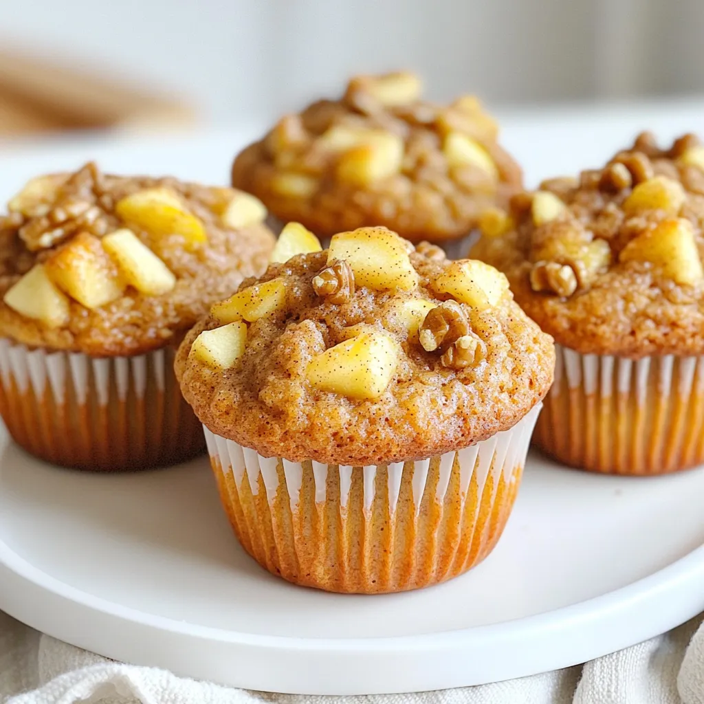 To make your apple cinnamon muffins, gather these simple ingredients: - 2 cups all-purpose flour - 1 cup granulated sugar - 1 tablespoon baking powder - 1 teaspoon baking soda - 1 teaspoon ground cinnamon - ½ teaspoon salt - 1 cup unsweetened applesauce - ½ cup vegetable oil - 2 large eggs - 1 teaspoon vanilla extract - 1 ½ cups apple, peeled and diced (about 2 medium apples) - ½ cup chopped walnuts or pecans (optional) - 1 tablespoon brown sugar (for topping) - Additional cinnamon (for topping) Using fresh ingredients is key to great flavor. Fresh apples bring natural sweetness and moisture. They also add a nice texture to each bite. Fresh baking powder and baking soda help the muffins rise well. They create that fluffy muffin we all love. Always check the expiration dates on your ingredients. This small step ensures your muffins taste their best. You can customize these muffins! Here are some fun ideas: - Nuts: Chopped walnuts or pecans add crunch and flavor. - Brown Sugar: A sprinkle on top gives a sweet, caramel-like finish. - Cinnamon Sugar: Mix extra cinnamon with sugar for a tasty topping. - Dried Fruits: Raisins or cranberries can add a fruity twist. Feel free to mix and match these options. Your apple cinnamon muffins can be as unique as you are! First, preheat your oven to 350°F (175°C). This heat will help the muffins rise. Next, grab your muffin tin. Line it with paper liners or grease it lightly with cooking spray. This step keeps the muffins from sticking. In a large bowl, whisk together the dry ingredients. Use 2 cups of all-purpose flour, 1 cup of granulated sugar, 1 tablespoon of baking powder, 1 teaspoon of baking soda, 1 teaspoon of ground cinnamon, and ½ teaspoon of salt. Mix until everything is well blended. This blend creates a good base for the muffins. In another bowl, combine the wet ingredients. You need 1 cup of unsweetened applesauce, ½ cup of vegetable oil, 2 large eggs, and 1 teaspoon of vanilla extract. Mix well until smooth. Then, pour the wet mix into the dry mix. Stir gently until just combined. You want to avoid overmixing. A few lumps are just fine. Next, fold in 1 ½ cups of peeled and diced apples. If you want, add ½ cup of chopped walnuts or pecans for extra crunch. Using a spoon or an ice cream scoop, fill each muffin cup about ¾ full with the batter. This allows room for the muffins to rise. Now, let’s make the topping. In a small bowl, mix 1 tablespoon of brown sugar with a sprinkle of cinnamon. Sprinkle this mixture generously over the tops of each muffin. This adds a sweet touch. Place the muffin tin in your preheated oven. Bake for 18-20 minutes. To check for doneness, insert a toothpick into the center of a muffin. If it comes out clean, they are ready. Once baked, remove the muffins from the oven. Let them cool in the tin for about 5 minutes. After that, transfer them to a wire rack to cool completely. Enjoy your fresh, warm muffins! To get that perfect bakery-style texture, you need a few key steps. First, use a mix of baking powder and baking soda. This helps your muffins rise nicely. Second, do not overmix the batter. Stir it just until combined. A few lumps are okay. This keeps the muffins light and fluffy. Lastly, fill your muffin cups about three-quarters full. This allows them to rise beautifully without overflowing. There are some common mistakes to watch out for. One big mistake is using old ingredients. Always check the dates on your baking powder and baking soda. If they are expired, your muffins won't rise. Another mistake is overmixing. This can make your muffins dense and tough. Finally, avoid opening the oven door too soon. This lets out heat and can cause your muffins to sink. Mixing the batter correctly is crucial. Start by whisking the dry ingredients together in one bowl. In a separate bowl, mix the wet ingredients well. When you combine them, pour the wet into the dry. Then, gently fold in the diced apples. Use a spatula for this, as it helps keep the batter light. Remember, the key is to be gentle. This way, your muffins will be soft and airy. {{image_2}} You can make these muffins gluten-free. Just replace all-purpose flour with a gluten-free blend. Look for a blend that has xanthan gum. This helps mimic the structure of regular flour. Use the same amount, two cups, for better results. The muffins will still taste great and stay fluffy! Want to make these muffins vegan? It’s simple! Instead of eggs, use flax eggs. To make a flax egg, mix one tablespoon of flaxseed meal with three tablespoons of water. Let it sit for five minutes. For the milk, swap the applesauce with a plant-based milk like almond or oat milk. Use coconut oil instead of vegetable oil. These swaps will keep your muffins moist and tasty. You can easily change the flavor of your muffins. Add ½ cup of raisins for a sweet twist. You can also mix in different spices, like nutmeg or ginger, for a unique taste. Try adding a pinch of cardamom for warmth. For a crunchy texture, toss in some chopped walnuts or pecans. Each option adds a fun touch to your apple cinnamon muffins! To keep your apple cinnamon muffins fresh, store them in an airtight container. This helps prevent them from drying out. Place a paper towel at the bottom of the container. This absorbs moisture and keeps the muffins soft. You can also wrap each muffin in plastic wrap for extra protection. Store them at room temperature for up to three days. If you want to keep them longer, consider freezing them. Freezing is a great way to save your apple cinnamon muffins for later. Allow them to cool completely first. Then, wrap each muffin tightly in plastic wrap. After wrapping, put them in a freezer-safe bag or container. Be sure to remove as much air as possible to prevent freezer burn. You can freeze them for up to three months. When you're ready to enjoy them, just thaw them in the fridge overnight. Reheating your muffins can bring back that fresh-baked flavor. You can use an oven or microwave. For the oven, preheat it to 350°F (175°C). Place the muffins on a baking sheet and heat for about 10 minutes. This gives them a nice crispy top. If you’re in a hurry, use the microwave. Heat each muffin for 15-20 seconds. Just be careful not to overheat, or they may become tough. Enjoy your warm muffins just like you made them fresh! To make your muffins rise higher, use fresh baking powder. Make sure your oven is preheated to 350°F (175°C). Fill each muffin cup about ¾ full, but not too much. Avoid overmixing the batter. A few lumps are okay. This helps create air pockets that expand while baking. Yes, you can use different types of apples. Honeycrisp, Granny Smith, or Fuji work great. Each apple brings its own flavor and sweetness. Mixing a couple of types can add depth to your muffins. Just make sure to peel and dice them well. If you don’t have applesauce, you can use mashed bananas or pureed pears. Both will keep your muffins moist. You can also try yogurt for a different texture. If you use yogurt, reduce the sugar a bit, as yogurt can be sweet. Apple cinnamon muffins last about 2 to 3 days at room temperature. Store them in an airtight container to keep them fresh. If they start to feel dry, try reheating them in the microwave for a few seconds. This will bring back some moisture. In this article, we covered how to make tasty apple cinnamon muffins. We discussed key ingredients, the importance of freshness, and optional add-ins. I shared step-by-step baking instructions and tips for perfect texture. We also looked at flavor variations and storage tips for your muffins. Baking muffins can be fun and rewarding. Experiment with flavors and enjoy your creations! Happy baking!