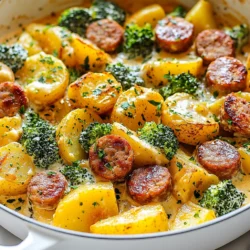 - 1 pound smoked sausage, sliced - 4 medium potatoes, diced - 1 cup broccoli florets - 1 cup heavy cream - 1 packet ranch dressing mix (around 1 oz) - 1 tablespoon olive oil - 1 teaspoon garlic powder - 1 teaspoon onion powder - Salt and pepper to taste - Fresh parsley, chopped {{ingredient_image_1}} First, grab a large skillet and heat one tablespoon of olive oil over medium heat. Add the sliced sausage to the hot oil. Sear the sausage for about 5 to 7 minutes. You want it to get a nice brown color. When it’s done, remove the sausage from the skillet and set it aside on a plate. In the same skillet, add the diced potatoes. Season them with one teaspoon of garlic powder, one teaspoon of onion powder, salt, and pepper to taste. Cook the potatoes for about 10 to 12 minutes. Stir them occasionally. You want them to become tender and golden. Check them often to make sure they don’t burn. Next, stir in the broccoli florets. Cook for an additional 5 minutes until the broccoli is tender. Reduce the heat to low and return the cooked sausage to the skillet. Pour in one cup of heavy cream. Sprinkle the ranch dressing mix over the top. Stir well to combine all the ingredients. Let the mixture simmer for another 5 to 7 minutes. Stir occasionally until everything is heated through and the sauce thickens slightly. To ensure your potatoes are tender, cut them into small, even pieces. This helps them cook evenly. Cook them for about 10-12 minutes, stirring often. Check for a golden color and a fork-tender texture. Avoid overcooking, as they can turn mushy. For the creamy consistency, add heavy cream slowly. This lets you control the thickness. Stir well after adding the ranch dressing mix. Simmer gently for 5-7 minutes. This helps the sauce thicken and flavors blend nicely. You can enhance flavor by adding fresh herbs. Try thyme or rosemary for a nice touch. A dash of paprika adds a bit of warmth. If you like more spice, consider a pinch of red pepper flakes. To modify the creaminess, adjust the amount of heavy cream. Use less for a lighter dish. If you want it richer, add more cream. Taste as you go, and adjust seasoning too. For a complete meal, serve with a simple green salad. A side of crusty bread pairs well too. It helps soak up the creamy sauce. When it comes to presentation, serve straight from the skillet. This adds a rustic charm. Garnish with fresh parsley for a pop of color. It makes the dish look even more inviting. Pro Tips Choose the Right Potatoes: Yukon Gold or red potatoes are ideal for this dish as they hold their shape well and provide a creamy texture. Don’t Rush the Sausage: Allow the sausage to brown properly in the skillet for a richer flavor that enhances the overall dish. Make it Healthier: Consider using a lighter cream or replacing some of the cream with chicken broth for a lower-calorie option. Experiment with Vegetables: Feel free to add other veggies like bell peppers or spinach for extra nutrients and flavor variety. {{image_2}} You can change the sausage type to chicken or turkey. These options keep the dish light. If you prefer a vegetarian approach, try using plant-based sausage. For seafood lovers, shrimp adds a nice touch. Bacon can also boost the flavor. Just remember to cook it first, then follow the same steps. Feel free to add more veggies. Bell peppers and carrots work well. You can also toss in spinach or zucchini. Seasonal veggies can add freshness. In winter, root vegetables like sweet potatoes are great. In summer, try fresh corn or peas. This dish can adapt to what you have on hand. To make this dish gluten-free, choose a gluten-free ranch mix. The potatoes and cream are naturally gluten-free. For dairy-free options, replace heavy cream with coconut milk or a dairy-free cream. These swaps keep the dish creamy without the dairy. Always check labels to ensure your ingredients fit your dietary needs. To store leftovers safely, let the dish cool down first. Use airtight containers to keep it fresh. Glass or plastic containers work well for this. Store in the fridge for up to three days. Make sure to label the container with the date. The best way to reheat the skillet is on the stove. Use medium heat and add a splash of cream or broth. This keeps the dish creamy. Stir it often to warm it evenly. You can also use a microwave, but cover it to avoid splatters. Heat in short bursts, stirring in between. Yes, this dish can be frozen! To freeze, let it cool completely. Divide it into portions and place them in freezer-safe bags. Remove as much air as possible before sealing. To thaw, place it in the fridge overnight. Reheat it on the stove or microwave when ready to eat. Yes, you can use many types of potatoes. Yukon Gold and red potatoes work best. They hold their shape well and become creamy when cooked. Other options are russet potatoes or fingerling potatoes. They also add nice flavor. Just make sure to cut them into even pieces for even cooking. Leftovers will last for about three to four days in the fridge. Store them in an airtight container. Make sure to let the dish cool before sealing it. This will help keep it fresh. If you want to keep it longer, consider freezing it. You can make this dish dairy-free easily. Use coconut cream or cashew cream instead of heavy cream. Both options add creaminess without dairy. For the ranch dressing mix, look for a dairy-free version at the store. You can also make your own with herbs and spices. This blog post covered how to make a tasty skillet dish with simple ingredients. We talked about key items like smoked sausage, potatoes, and broccoli. You learned step-by-step cooking instructions and tips to perfect texture and flavor. We also explored variations for dietary needs and storage methods. In conclusion, this dish is easy to make and fun to adapt. Try it out and make it your own! Enjoy your cooking adventure and share this recipe with friends!