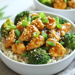 - 2 boneless, skinless chicken breasts - 2 cups broccoli florets - 1 cup brown rice - 4 cloves garlic, minced - 1 tablespoon ginger, grated - 1/4 cup low-sodium soy sauce - 2 tablespoons honey - 1 tablespoon sesame oil - 1 tablespoon olive oil - 1 tablespoon rice vinegar - Optional seasonings: 1/2 teaspoon red pepper flakes, salt, and pepper Gathering fresh ingredients is key. I love using bright green broccoli florets. They add color and crunch. The chicken breasts should be boneless and skinless for ease. This makes cooking simple. For the garlic sauce, fresh garlic is a must. It gives a strong flavor. I also use ginger for warmth and sweetness. Low-sodium soy sauce keeps it tasty without too much salt. Honey adds a hint of sweetness that balances the dish. Don't forget the oils! Sesame oil adds a nutty flavor, while olive oil helps cook the chicken. Rice vinegar brightens the sauce. If you like heat, consider adding red pepper flakes. Just a little can make a big difference. Each ingredient plays a part in making these Chicken and Broccoli Bowls special. Let's get cooking! {{ingredient_image_1}} - Rinse the brown rice under cold water. This removes extra starch. - Boil about 2 cups of water in a pot. Add the rinsed rice. - Lower the heat and cover. Let it simmer for 30-40 minutes until soft. - Heat 1 tablespoon of olive oil in a large skillet over medium-high heat. - Add 2 diced chicken breasts. Season with salt and pepper. - Cook for 5-7 minutes, stirring often, until the chicken is browned. - Toss in 2 cups of broccoli florets with the chicken in the skillet. - Sauté for 4-5 minutes. The broccoli should be bright green and tender. - In a small bowl, whisk together 4 minced garlic cloves and 1 tablespoon of grated ginger. - Add 1/4 cup of low-sodium soy sauce, 2 tablespoons of honey, and 1 tablespoon of rice vinegar. - Add red pepper flakes if you like some heat. - In each bowl, layer the cooked brown rice as a base. - Top with the chicken and broccoli mixture. Pour the garlic sauce over it. - Sprinkle sesame seeds and sliced green onions on top. This adds crunch and flavor. To cook chicken evenly, cut it into small, uniform pieces. This helps them cook at the same rate. Use medium-high heat to get a nice sear on the outside. Avoid crowding the pan, as this can lead to steaming instead of browning. To keep chicken juicy, do not overcook it. Chicken should reach an internal temperature of 165°F. After cooking, let it rest for a few minutes before serving. This allows the juices to redistribute and keeps your chicken moist. For crisp-tender broccoli, sauté it until bright green and crisp. This usually takes about 4-5 minutes. You want it to stay vibrant and not turn mushy. If you prefer other methods, try steaming for about 3-4 minutes. This keeps the broccoli crisp while adding moisture. You can also microwave it for 2-3 minutes with a little water in a covered bowl. Adjust the garlic and spice levels to match your taste. If you love garlic, add more minced cloves. For heat, increase the red pepper flakes or add chili paste. Consider adding toppings for extra flavor. Chopped nuts, like cashews or peanuts, add crunch. Fresh herbs like cilantro or basil can brighten the dish. You can even add a squeeze of lime for a zesty kick. Pro Tips Marinate the Chicken: For enhanced flavor, consider marinating the diced chicken in the soy sauce, honey, and sesame oil for at least 30 minutes before cooking. Blanch the Broccoli: To keep the broccoli vibrant green and crisp, blanch it in boiling water for 1-2 minutes before adding it to the skillet. Use Fresh Ingredients: Always opt for fresh garlic and ginger for a more robust and aromatic flavor in your dish. Customize the Heat: Adjust the level of red pepper flakes to suit your taste; add more for extra heat or omit it for a milder dish. {{image_2}} You can swap chicken for other proteins. Tofu and shrimp are both great choices. - Tofu: Use firm tofu for a nice texture. Press it to remove excess water. Cut it into cubes and sauté until golden. - Shrimp: Cooked shrimp works well too. Just add them to the pan for the final few minutes. For vegetarians, tofu offers a protein boost. You can also add chickpeas for extra fiber and taste. If you're looking for different bases, consider rice alternatives. Quinoa and cauliflower rice are delicious options. - Quinoa: This grain is high in protein and cooks fast. Rinse it, then boil for about 15 minutes. - Cauliflower Rice: This low-carb choice is a great way to cut calories. Simply pulse cauliflower in a food processor until it resembles rice. Other grains like farro or barley can also work. Just cook them according to package instructions. Adding new sauces can change the whole dish. Try teriyaki or spicy garlic sauce for a twist. - Teriyaki Sauce: This sweet and savory sauce pairs well with chicken and broccoli. - Spicy Garlic Sauce: For a kick, add more garlic and some chili paste. You can also enhance the flavors with fresh ingredients. A squeeze of lime brightens the dish. - Cilantro: This herb adds freshness and color. Chop it finely and sprinkle it on top. These variations let you customize your chicken and broccoli bowls to suit your taste! To keep your chicken and broccoli bowls fresh, store them in airtight containers. This method locks in flavor and prevents drying out. Make sure to cool the dish to room temperature before sealing. Place the bowls in the fridge. They will stay good for about three to four days. For reheating, I suggest using the microwave or stovetop. If using the microwave, place the bowl in for about 1-2 minutes. Stir halfway through to heat evenly. If you prefer the stovetop, warm the dish in a skillet over medium heat. Stir often for about 5-7 minutes until hot. You can freeze chicken and broccoli bowls for later meals. To freeze, use freezer-safe containers. Allow the dish to cool completely before packing it up. It will last up to three months in the freezer. When ready to eat, defrost in the fridge overnight. To serve, reheat as mentioned above. Enjoy your meal! Yes, you can make this dish gluten-free. Use gluten-free soy sauce instead of regular soy sauce. There are many brands available that taste great. Some options include tamari or coconut aminos. These will keep the flavor while making the dish safe for those with gluten issues. You can serve many sides with Chicken and Broccoli Bowls. Here are a few great options: - Steamed edamame - Mixed green salad - Fresh fruit slices - Asian-style slaw These sides add freshness and balance to your meal. You can easily customize this recipe to suit your taste. Here are some ideas: - Add more vegetables like bell peppers or snap peas. - Change the protein to tofu or shrimp. - Use different grains like quinoa or cauliflower rice. - Adjust the spice level by adding more red pepper flakes. Feel free to make it your own! Chicken and Broccoli Bowls last about 3 to 4 days in the fridge. Be sure to store it in an airtight container. To keep it fresh, let it cool before putting it in the fridge. When reheating, ensure it reaches 165°F to be safe to eat. This blog post covered a tasty chicken and broccoli dish. I shared the key ingredients, from chicken breasts and broccoli to the flavor-packed garlic sauce. You learned simple steps for cooking rice, chicken, and veggies. Tips to enhance the dish and variations for different diets are included. In my final thoughts, this dish is easy to make and full of flavor. Enjoy making it your own and share it with others!
