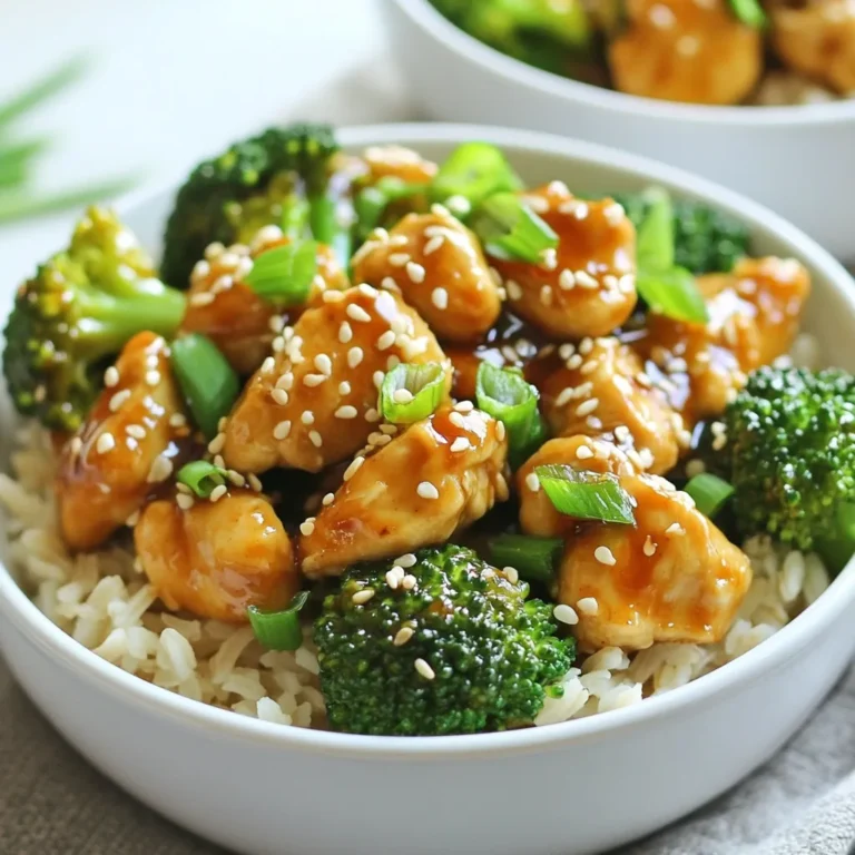 - 2 boneless, skinless chicken breasts - 2 cups broccoli florets - 1 cup brown rice - 4 cloves garlic, minced - 1 tablespoon ginger, grated - 1/4 cup low-sodium soy sauce - 2 tablespoons honey - 1 tablespoon sesame oil - 1 tablespoon olive oil - 1 tablespoon rice vinegar - Optional seasonings: 1/2 teaspoon red pepper flakes, salt, and pepper Gathering fresh ingredients is key. I love using bright green broccoli florets. They add color and crunch. The chicken breasts should be boneless and skinless for ease. This makes cooking simple. For the garlic sauce, fresh garlic is a must. It gives a strong flavor. I also use ginger for warmth and sweetness. Low-sodium soy sauce keeps it tasty without too much salt. Honey adds a hint of sweetness that balances the dish. Don't forget the oils! Sesame oil adds a nutty flavor, while olive oil helps cook the chicken. Rice vinegar brightens the sauce. If you like heat, consider adding red pepper flakes. Just a little can make a big difference. Each ingredient plays a part in making these Chicken and Broccoli Bowls special. Let's get cooking! {{ingredient_image_1}} - Rinse the brown rice under cold water. This removes extra starch. - Boil about 2 cups of water in a pot. Add the rinsed rice. - Lower the heat and cover. Let it simmer for 30-40 minutes until soft. - Heat 1 tablespoon of olive oil in a large skillet over medium-high heat. - Add 2 diced chicken breasts. Season with salt and pepper. - Cook for 5-7 minutes, stirring often, until the chicken is browned. - Toss in 2 cups of broccoli florets with the chicken in the skillet. - Sauté for 4-5 minutes. The broccoli should be bright green and tender. - In a small bowl, whisk together 4 minced garlic cloves and 1 tablespoon of grated ginger. - Add 1/4 cup of low-sodium soy sauce, 2 tablespoons of honey, and 1 tablespoon of rice vinegar. - Add red pepper flakes if you like some heat. - In each bowl, layer the cooked brown rice as a base. - Top with the chicken and broccoli mixture. Pour the garlic sauce over it. - Sprinkle sesame seeds and sliced green onions on top. This adds crunch and flavor. To cook chicken evenly, cut it into small, uniform pieces. This helps them cook at the same rate. Use medium-high heat to get a nice sear on the outside. Avoid crowding the pan, as this can lead to steaming instead of browning. To keep chicken juicy, do not overcook it. Chicken should reach an internal temperature of 165°F. After cooking, let it rest for a few minutes before serving. This allows the juices to redistribute and keeps your chicken moist. For crisp-tender broccoli, sauté it until bright green and crisp. This usually takes about 4-5 minutes. You want it to stay vibrant and not turn mushy. If you prefer other methods, try steaming for about 3-4 minutes. This keeps the broccoli crisp while adding moisture. You can also microwave it for 2-3 minutes with a little water in a covered bowl. Adjust the garlic and spice levels to match your taste. If you love garlic, add more minced cloves. For heat, increase the red pepper flakes or add chili paste. Consider adding toppings for extra flavor. Chopped nuts, like cashews or peanuts, add crunch. Fresh herbs like cilantro or basil can brighten the dish. You can even add a squeeze of lime for a zesty kick. Pro Tips Marinate the Chicken: For enhanced flavor, consider marinating the diced chicken in the soy sauce, honey, and sesame oil for at least 30 minutes before cooking. Blanch the Broccoli: To keep the broccoli vibrant green and crisp, blanch it in boiling water for 1-2 minutes before adding it to the skillet. Use Fresh Ingredients: Always opt for fresh garlic and ginger for a more robust and aromatic flavor in your dish. Customize the Heat: Adjust the level of red pepper flakes to suit your taste; add more for extra heat or omit it for a milder dish. {{image_2}} You can swap chicken for other proteins. Tofu and shrimp are both great choices. - Tofu: Use firm tofu for a nice texture. Press it to remove excess water. Cut it into cubes and sauté until golden. - Shrimp: Cooked shrimp works well too. Just add them to the pan for the final few minutes. For vegetarians, tofu offers a protein boost. You can also add chickpeas for extra fiber and taste. If you're looking for different bases, consider rice alternatives. Quinoa and cauliflower rice are delicious options. - Quinoa: This grain is high in protein and cooks fast. Rinse it, then boil for about 15 minutes. - Cauliflower Rice: This low-carb choice is a great way to cut calories. Simply pulse cauliflower in a food processor until it resembles rice. Other grains like farro or barley can also work. Just cook them according to package instructions. Adding new sauces can change the whole dish. Try teriyaki or spicy garlic sauce for a twist. - Teriyaki Sauce: This sweet and savory sauce pairs well with chicken and broccoli. - Spicy Garlic Sauce: For a kick, add more garlic and some chili paste. You can also enhance the flavors with fresh ingredients. A squeeze of lime brightens the dish. - Cilantro: This herb adds freshness and color. Chop it finely and sprinkle it on top. These variations let you customize your chicken and broccoli bowls to suit your taste! To keep your chicken and broccoli bowls fresh, store them in airtight containers. This method locks in flavor and prevents drying out. Make sure to cool the dish to room temperature before sealing. Place the bowls in the fridge. They will stay good for about three to four days. For reheating, I suggest using the microwave or stovetop. If using the microwave, place the bowl in for about 1-2 minutes. Stir halfway through to heat evenly. If you prefer the stovetop, warm the dish in a skillet over medium heat. Stir often for about 5-7 minutes until hot. You can freeze chicken and broccoli bowls for later meals. To freeze, use freezer-safe containers. Allow the dish to cool completely before packing it up. It will last up to three months in the freezer. When ready to eat, defrost in the fridge overnight. To serve, reheat as mentioned above. Enjoy your meal! Yes, you can make this dish gluten-free. Use gluten-free soy sauce instead of regular soy sauce. There are many brands available that taste great. Some options include tamari or coconut aminos. These will keep the flavor while making the dish safe for those with gluten issues. You can serve many sides with Chicken and Broccoli Bowls. Here are a few great options: - Steamed edamame - Mixed green salad - Fresh fruit slices - Asian-style slaw These sides add freshness and balance to your meal. You can easily customize this recipe to suit your taste. Here are some ideas: - Add more vegetables like bell peppers or snap peas. - Change the protein to tofu or shrimp. - Use different grains like quinoa or cauliflower rice. - Adjust the spice level by adding more red pepper flakes. Feel free to make it your own! Chicken and Broccoli Bowls last about 3 to 4 days in the fridge. Be sure to store it in an airtight container. To keep it fresh, let it cool before putting it in the fridge. When reheating, ensure it reaches 165°F to be safe to eat. This blog post covered a tasty chicken and broccoli dish. I shared the key ingredients, from chicken breasts and broccoli to the flavor-packed garlic sauce. You learned simple steps for cooking rice, chicken, and veggies. Tips to enhance the dish and variations for different diets are included. In my final thoughts, this dish is easy to make and full of flavor. Enjoy making it your own and share it with others!