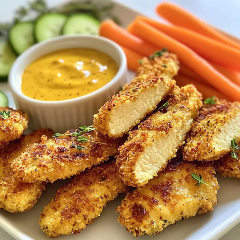 To make these tasty chicken tenders, you need: - 1 pound chicken breast, cut into strips - 1 cup almond flour - 1/2 cup whole grain breadcrumbs - 2 large eggs - Olive oil spray These seasonings add great flavor: - 1 teaspoon garlic powder - 1 teaspoon onion powder - 1 teaspoon smoked paprika - 1/2 teaspoon salt - 1/4 teaspoon black pepper Kids love dipping sauces! Here are some ideas: - Honey mustard - Ketchup - Ranch dressing - Barbecue sauce These ingredients work together to create a dish that kids will love. You can easily find most of these items at your local store. Using almond flour and whole grain breadcrumbs adds protein and fiber, making these tenders a healthier choice. {{ingredient_image_1}} Start with 1 pound of chicken breast. Cut it into strips. Aim for even sizes. This helps them cook evenly. Place the strips on a clean plate. Make sure to wash your hands and the cutting board after handling raw chicken. In a shallow bowl, mix these dry ingredients: - 1 cup almond flour - 1/2 cup whole grain breadcrumbs - 1 teaspoon garlic powder - 1 teaspoon onion powder - 1 teaspoon smoked paprika - 1/2 teaspoon salt - 1/4 teaspoon black pepper In another bowl, whisk 2 large eggs until smooth. Dip each chicken strip into the egg mixture. Let the excess egg drip off. Next, coat it in the breadcrumb mix. Press the coating gently to stick well. Repeat this for all chicken strips. Preheat your oven to 400°F (200°C). Line a baking sheet with parchment paper. Place the coated chicken tenders on the baking sheet. Lightly spray the tops with olive oil. This helps them crisp up as they bake. Bake for 15-20 minutes. Flip them halfway through for even cooking. They are done when golden brown and cooked through. Serve with honey mustard or your child's favorite dip. To get a crispy coating on your chicken tenders, use almond flour and whole grain breadcrumbs. These ingredients add crunch and nutrition. Press the coating onto the chicken strips firmly. This helps it stick better. Lightly spray the tops with olive oil before baking. This step encourages browning. Bake at 400°F (200°C) for 15-20 minutes. Flip the tenders halfway through for even cooking. Kids love dipping their food! Try honey mustard, ranch, or barbecue sauce. You can also mix Greek yogurt with herbs for a fun twist. For a change, use hummus or guacamole. These dips add flavor and fun to the meal. Let your kids choose their favorite dip for a personal touch. Serve the chicken tenders on a colorful plate. Include carrot and cucumber sticks for a healthy side. This makes the meal look fun and inviting. You can also add a small bowl of dip in the center. For a complete meal, pair the tenders with sweet potato fries or a fresh salad. Keep it bright and colorful to catch their eye! Pro Tips Coating Crunch: For an extra crispy texture, try adding a tablespoon of nutritional yeast to the breadcrumb mixture. It adds flavor and crunch! Flavor Variation: Experiment with different spices or herbs in the coating. Italian seasoning or Parmesan cheese can give a delicious twist! Even Cooking: Ensure chicken strips are of uniform size to promote even cooking and consistent doneness across all pieces. Make Ahead: Prepare the chicken tenders ahead of time and freeze them. Bake straight from the freezer, adding a few extra minutes to the cooking time. {{image_2}} You can make chicken tenders even healthier. Try using ground oats instead of breadcrumbs. Oats add fiber and nutrients. You can also bake them without oil for a lighter option. For a protein boost, mix in some ground flaxseed with the almond flour. This option adds omega-3 fatty acids. Want to spice it up? Add different herbs and spices to the coating mix. For a zesty kick, try lemon zest or lime juice. You can also mix in grated Parmesan cheese for a savory twist. If your kids like sweet flavors, add a teaspoon of cinnamon to the almond flour. These small changes can make a big difference. To keep it gluten-free, stick with almond flour and gluten-free breadcrumbs. Make sure to check labels on all products. Some brands offer gluten-free options for breadcrumbs. Also, use cornmeal instead of breadcrumbs. This choice gives a unique crunch and keeps it gluten-free. To keep your leftover chicken tenders fresh, place them in an airtight container. You can store them in the fridge for up to three days. Make sure they are completely cool before sealing. This helps keep them crispy and tasty. If you want to save chicken tenders for later, freeze them. First, let them cool completely. Then, wrap each tender in plastic wrap. You can also use a freezer bag. They will stay good for up to three months. Just label the bag with the date. To reheat your chicken tenders, use the oven for the best results. Preheat your oven to 375°F (190°C). Place the tenders on a baking sheet. Heat them for about 10-15 minutes. This will make them crispy again. You can also use a microwave, but they may not stay as crunchy. Enjoy your tasty leftovers! To make chicken tenders healthier, use lean chicken breast. You can also swap breadcrumbs for whole grains. Almond flour adds protein while reducing carbs. Another option is to bake instead of fry. This cuts down on extra oil and fat. Using spices enhances flavor without adding calories. Choose dips like yogurt or hummus instead of creamy sauces. Yes, you can make these chicken tenders in an air fryer! Preheat the air fryer to 400°F (200°C). Place the coated chicken strips in a single layer in the basket. Cook for about 10-12 minutes, flipping halfway. The tenders will turn golden and crispy. Air frying is a great way to cut down on oil while keeping them crunchy. To get crunchy chicken tenders without frying, use a good coating. The mix of almond flour and breadcrumbs works well. Press the coating firmly on the chicken to stick. Lightly spray with olive oil before baking. This helps create a crisp texture as they bake. Cooking at a higher temperature also adds to the crunch. Chicken tenders pair well with many sides. Carrot and cucumber sticks add a fresh crunch. A side of sweet potato fries offers a tasty twist. You can also serve them with a small salad for extra veggies. Macaroni and cheese is a kid favorite. Try fruit skewers for a fun, colorful addition. In this blog post, I covered how to make kid-friendly protein chicken tenders. I shared main ingredients, seasoning options, and dipping sauces. Next, I provided step-by-step instructions for preparation, coating, and baking. You learned tips for a crispy coating and kid-approved dips. Variations included healthy alternatives and gluten-free options. I also discussed storage and reheating. These chicken tenders are easy to make and fun to eat. Enjoy your cooking adventure!