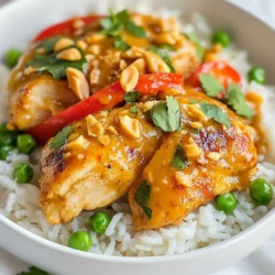 To make Quick and Delicious Thai Peanut Chicken, gather these fresh and simple ingredients. - Chicken Thighs - 1 lb (450g) boneless, skinless chicken thighs, sliced into strips - Peanut Sauce Components - 1/2 cup creamy peanut butter - 1/4 cup soy sauce - 2 tablespoons honey - 1 tablespoon fresh lime juice - 1 tablespoon sesame oil - 1 teaspoon minced garlic - 1 teaspoon grated ginger - Vegetables and Garnishes - 1 red bell pepper, sliced - 1 cup snap peas, trimmed - 1/4 cup chopped fresh cilantro (for garnish) - 1/4 cup chopped peanuts (for garnish) - Cooked jasmine rice or rice noodles (for serving) These ingredients blend together to create a rich and tasty dish. The chicken thighs provide a juicy base. The peanut sauce adds a creamy texture, while the veggies give a fresh crunch. All these flavors make this meal a hit for any dinner. {{ingredient_image_1}} To make the peanut sauce, grab a mixing bowl. Add 1/2 cup of creamy peanut butter. Then, pour in 1/4 cup of soy sauce. Next, add 2 tablespoons of honey for sweetness. Squeeze in 1 tablespoon of fresh lime juice. Drizzle in 1 tablespoon of sesame oil. Finally, mix in 1 teaspoon of minced garlic and 1 teaspoon of grated ginger. Whisk everything together until smooth. This sauce will give your dish a rich flavor. Next, take a large skillet or wok. Heat it over medium-high heat. Add a splash of oil to the pan. Once hot, add the sliced chicken thighs. Cook them for about 5 to 7 minutes. You want them golden brown and cooked through. This step is key to getting juicy chicken. After the chicken is cooked, it's time to add the veggies. Toss in the sliced red bell pepper and snap peas. Stir-fry for 3 to 4 minutes. You want the veggies to be tender yet crisp. Now, pour the peanut sauce over the chicken and vegetables. Toss everything together until well-coated. Allow it to cook for another 2 minutes. This heats everything through. Taste your dish and adjust the flavor if needed. Add more soy sauce or lime juice if desired. Serve the Thai peanut chicken hot over cooked jasmine rice or rice noodles. Garnish with chopped fresh cilantro and peanuts for a nice touch. Enjoy your meal! For juicy chicken, always use boneless, skinless thighs. They cook fast and stay moist. Cut the chicken into even strips. This helps them cook at the same rate. Heat your skillet before adding oil. A hot pan sears the chicken, locking in flavor. Cook the chicken until it's golden brown. This usually takes about 5 to 7 minutes. Don't overcrowd the pan; this can steam the chicken instead of sear it. If needed, cook in batches for the best results. The peanut sauce is the star of this dish. To make it pop, use fresh ingredients. Fresh lime juice adds a bright taste. Consider adding a pinch of red pepper flakes for heat. You can also mix in a bit of coconut milk for creaminess. Taste the sauce before adding it to the chicken. This lets you adjust the flavor to your liking. If it’s too thick, a splash of water can help. Make sure to stir it well to combine all flavors. Serve the Thai peanut chicken over jasmine rice or rice noodles. Both options soak up the sauce well. Add extra veggies for color and crunch. Consider using steamed broccoli or carrots as great additions. Garnish with fresh cilantro and chopped peanuts for a nice touch. If you want more flavor, squeeze extra lime on top. This dish pairs well with a light salad or steamed greens. Enjoy with a cold drink to balance the flavors. Pro Tips Use Fresh Ingredients: Fresh vegetables and herbs can enhance the flavor and texture of your dish significantly. Adjust the Spice Level: If you prefer a spicier dish, consider adding red pepper flakes or a dash of Sriracha to the peanut sauce. Meal Prep Friendly: This dish can be prepared in advance and stored in the fridge for up to 3 days, making it great for meal prep. Experiment with Proteins: Feel free to substitute chicken with tofu, shrimp, or beef for a different protein option. {{image_2}} You can change the protein in this Thai peanut chicken. If you want to use chicken breast, it will work well. Just cook it for the same time as thighs. You can also use shrimp or tofu. Cook shrimp for about 3-5 minutes until pink. If you pick tofu, press it first to remove water. Then, cube and cook until golden brown. If you want a vegetarian dish, try replacing chicken with vegetables or tofu. Use more veggies like bell peppers, broccoli, or carrots. For protein, add firm tofu or tempeh. Cook them until crispy. The peanut sauce will still add great flavor to your meal. To make this dish gluten-free, swap soy sauce for tamari. Tamari tastes like soy sauce but does not have gluten. Check your peanut butter too. Some brands add fillers that may contain gluten. Serve the dish with rice or gluten-free noodles for a complete meal. Store any leftover Thai peanut chicken in an airtight container. Make sure it cools down first. Place it in the fridge. It stays fresh for up to 4 days. Always check for freshness before eating. To reheat, use a skillet over low heat. Add a splash of water to keep it moist. Stir it often until it's hot. You can also use a microwave. Heat it in short bursts, stirring in between. You can freeze Thai peanut chicken for later. Use a freezer-safe container. It keeps well for about 2-3 months. Thaw it in the fridge overnight before reheating. This helps it taste great again! Yes, you can use chicken breast. Chicken breast is leaner than thighs. This change may make the dish a bit drier, so be careful not to overcook it. Thighs have more fat, which adds flavor. If you use breasts, try marinating them in the peanut sauce for extra moisture. If you need a substitute for peanut butter, try almond butter or sunflower seed butter. Both options work well in this dish. They add a similar creamy texture. You can also use tahini, which is made from sesame seeds. This option gives a nutty flavor that fits the dish. To make the dish less spicy, reduce the amount of garlic and ginger. You can also skip adding any hot sauce. If you want more sweetness, add extra honey. This will help balance the flavors without the heat. Another tip is to serve the dish with extra rice or noodles. This will dilute the spice. This blog post covered key ingredients like chicken thighs and peanut sauce. I provided steps for making the sauce, cooking the chicken, and serving it well. You learned tips for perfect chicken and flavoring the sauce, plus some variations for different diets. I also shared how to store leftovers and answered common questions. I hope these insights help you create a delicious meal. Enjoy exploring new flavors and cooking techniques with your next dish!