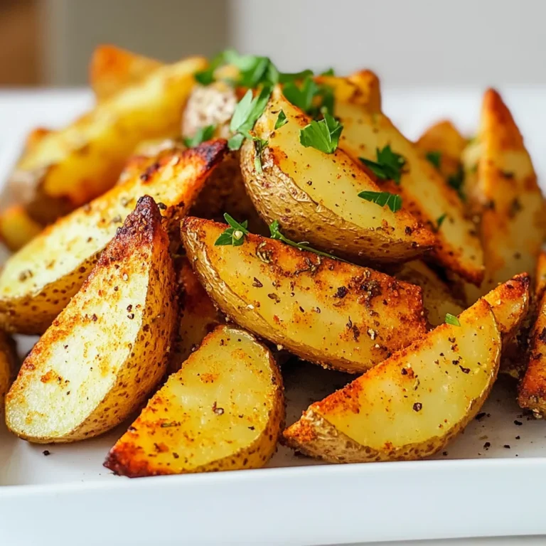 Here’s what you need for crispy air fryer potato wedges: - 4 medium russet potatoes - 3 tablespoons olive oil - 2 teaspoons garlic powder - 1 teaspoon onion powder - 1 teaspoon smoked paprika - 1 teaspoon dried oregano - Salt and pepper to taste - Fresh parsley, chopped (for garnish) These simple ingredients make a big difference. The russet potatoes give a fluffy inside and a crispy outside. Olive oil helps the spices stick and enhances the flavor. Garlic powder and onion powder add depth to the taste. Smoked paprika gives a nice kick. Dried oregano adds herb freshness. Lastly, don't forget salt and pepper for the perfect finish. Using fresh parsley as a garnish makes the dish look bright and inviting. It’s a simple step that adds color and a burst of flavor. Start by washing and scrubbing the potatoes. This removes dirt and makes them clean. Pat them dry with a kitchen towel. Next, cut each potato in half lengthwise. Then, cut each half into 4 to 6 wedges. The size of the wedges can change how they cook. In a large bowl, mix the wedges with olive oil. Add 2 teaspoons of garlic powder, 1 teaspoon of onion powder, 1 teaspoon of smoked paprika, and 1 teaspoon of dried oregano. Sprinkle in salt and pepper to taste. Toss everything together well. This step ensures every wedge gets that tasty flavor. First, preheat your air fryer to 400°F (200°C) for about 3 minutes. This helps the wedges cook evenly. Next, place the seasoned wedges in a single layer in the air fryer basket. You may need to do this in batches if your fryer is small. Cook the wedges for 15 to 20 minutes. Remember to shake the basket halfway through. This gives you golden brown and crispy wedges. When done, remove them and let them cool for a few minutes. Enjoy your delicious, crispy potato wedges! To get crispy wedges, start by drying the potatoes. After washing, pat them dry with a towel. This step is key. If the potatoes are wet, they will steam instead of crisp. Adjust the cooking time if your wedges are thick. Thicker wedges need a bit more time to get that golden look. Aim for about 20 minutes for thicker cuts. Adding extra spices can take your wedges to the next level. Consider using cayenne for heat or rosemary for a fresh twist. You can also try sweet potatoes for a different flavor. They add a nice sweetness and color. Each type of potato brings its unique taste, so feel free to experiment. When making multiple batches, keep the first batch warm. Place them on a baking sheet in a low oven, about 200°F. This way, everyone can enjoy hot, crispy wedges together. Don’t overcrowd the air fryer basket. Leave space for air to flow, ensuring each wedge cooks evenly. {{image_2}} You can change the flavor of your potato wedges easily. Here are some fun ideas: - Spicy potato wedges: Add cayenne pepper or chili powder for heat. Mix these with your oil and spices. This gives a nice kick to the dish. - Herb-infused options: Try adding fresh or dried herbs. Rosemary, thyme, or basil work great. They add a fresh taste. Mix them with the garlic and onion powder for a lovely aroma. You can cook potato wedges in different ways. Each method gives a unique taste: - Oven-baked version: Preheat your oven to 425°F (220°C). Spread the seasoned wedges on a baking sheet. Bake for 25-30 minutes until crispy. Flip them halfway for even cooking. - Traditional frying method: Heat oil in a deep pan. Fry the wedges until golden brown. This method gives a rich, crispy texture. Be careful with hot oil! Pairing your potato wedges with the right dips makes them even better. Here are some suggestions: - Pairing with dips: Serve with ranch, ketchup, or aioli. These dips enhance the flavor and add creaminess. - Complementary dishes: Enjoy them with burgers, grilled chicken, or salads. They make a great side dish. Mix and match to find your favorite combo! To keep your potato wedges fresh, place them in an airtight container. Glass or plastic containers work well. Make sure the wedges cool to room temperature before sealing. This prevents moisture buildup, which can make them soggy. The best way to reheat potato wedges is in the air fryer. Set it to 350°F (175°C) and heat for about 5-7 minutes. This method helps retain crispiness. You can also use a conventional oven. Heat it to 375°F (190°C) and bake for about 10 minutes. Yes, you can freeze potato wedges! To freeze, first cook them fully. Let them cool down before placing them in a single layer on a baking sheet. Freeze for about 1-2 hours until firm. Then, transfer them to a freezer bag or container. When ready to eat, bake them directly from the freezer. No need to thaw! To make air fryer potato wedges from scratch, first wash and scrub 4 medium russet potatoes. Pat them dry with a towel. Cut each potato in half lengthwise, then slice each half into 4 to 6 wedges. In a bowl, mix the wedges with 3 tablespoons olive oil, 2 teaspoons garlic powder, 1 teaspoon onion powder, 1 teaspoon smoked paprika, 1 teaspoon dried oregano, and salt and pepper. Toss until coated. Preheat your air fryer to 400°F (200°C). Arrange the wedges in a single layer in the air fryer basket. Cook for 15 to 20 minutes, shaking halfway through. Enjoy your crispy wedges! The best type of potato for wedges is the russet potato. Russets are starchy and crisp up well when cooked. They have a fluffy interior and a great texture. You can also try Yukon Gold potatoes for a buttery flavor. Avoid waxy potatoes, as they may not get as crispy. Yes, you can use different seasonings for air fryer potato wedges! You can try chili powder for heat or Italian herbs for a fresh taste. Other options include parmesan cheese, lemon zest, or even a sprinkle of cayenne pepper. Feel free to mix and match spices to find your favorite flavor. To ensure your wedges are crispy, dry the potatoes well after washing. Make sure they are not overcrowded in the air fryer basket. Cooking in batches helps. Shake the basket halfway through cooking to allow even air flow. Lastly, adjust cooking time as needed for your air fryer model. You can store cooked potato wedges in the fridge for about 3 to 5 days. Place them in an airtight container to keep them fresh. When you’re ready to eat, reheat them in the air fryer to regain their crispiness. Air fryer potato wedges are easy and tasty. We covered the key ingredients, crucial steps, and helpful tips. You learned how to season, cook, and store them for later. Explore flavor options and different cooking methods to mix things up. Enjoy your crispy wedges with your favorite dips. With these ideas, you can create a delicious snack that everyone will love. Happy cooking!