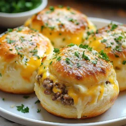 To make these Garlic Parmesan Cheeseburger Bombs, you need some tasty ingredients. Here is a list of the main ingredients: - 1 lb ground beef - 1 cup shredded cheddar cheese - 1/2 cup cream cheese, softened - 1 teaspoon garlic powder - 1 teaspoon onion powder - 1 teaspoon Worcestershire sauce - Salt and pepper to taste - 1 can (16 oz) refrigerated biscuit dough - 1/4 cup grated Parmesan cheese - 3 tablespoons melted butter - Fresh parsley for garnish These ingredients blend together to create a burst of flavor in every bite. The ground beef provides a hearty base, while the cheddar and cream cheese make it rich and creamy. Garlic and onion powders add a nice kick. Worcestershire sauce gives a savory depth. The biscuit dough wraps everything up perfectly. Finally, the melted butter and Parmesan on top add a delicious finish. Don't forget fresh parsley for a pop of color! {{ingredient_image_1}} - Preheating the Oven Start by preheating your oven to 375°F (190°C). This heat makes the bombs crisp and golden. - Preparing the Baking Sheet Line a baking sheet with parchment paper. This helps prevent sticking and makes cleanup easy. - Combining Ground Beef and Cheeses In a bowl, mix 1 lb of ground beef with 1 cup of shredded cheddar cheese and 1/2 cup of softened cream cheese. This blend gives a creamy and cheesy filling. - Adding Seasonings Add 1 teaspoon each of garlic powder and onion powder, plus 1 teaspoon of Worcestershire sauce. Season with salt and pepper to taste. Stir well until everything is mixed. - Separating and Flattening the Dough Open a can of refrigerated biscuit dough. Separate each biscuit and flatten it in your palm. Make it about 4 inches wide. - Filling the Biscuits Place a scoop of the beef and cheese mixture in the center of each biscuit. This will be the tasty surprise inside. - Sealing and Rolling the Balls Pinch the edges of the biscuit together to seal the filling inside. Roll it into a ball shape carefully. - Brushing with Butter and Parmesan In a bowl, mix 3 tablespoons of melted butter with 1/4 cup of grated Parmesan cheese. Brush this mixture on top of each cheeseburger bomb. - Baking Time and Temperature Arrange the balls on the prepared baking sheet, leaving space in between. Bake for 15 to 20 minutes or until they turn golden brown and are cooked through. These steps create delicious Garlic Parmesan Cheeseburger Bombs perfect for any party! - Using Fresh Ingredients Fresh ingredients make a big difference. Use ground beef that is not too lean. Choose high-quality cheese for the best taste. Fresh parsley adds color and flavor. - Adjusting Seasoning to Taste Taste your beef mixture before baking. If it needs more flavor, add more salt or garlic powder. You can also add a splash of hot sauce for heat. Adjust to suit your taste. - Allergies and Dietary Preferences Keep dietary needs in mind. For lactose-free options, swap cheese with a dairy-free alternative. For gluten-free eaters, use gluten-free biscuit dough. - Portion Size Recommendations Each cheeseburger bomb is a great snack. Serve two to three per person, depending on appetite. They work well for parties, game days, or family dinners. Pro Tips Use Fresh Ingredients: Fresh ground beef and high-quality cheese will elevate the flavor of your cheeseburger bombs. Don’t Overfill: Be cautious not to overfill the biscuits; too much filling can cause them to burst open while baking. Experiment with Flavors: Feel free to add your favorite spices or herbs to the beef mixture for a personalized touch. Serve with Dipping Sauces: Pair these cheeseburger bombs with various dipping sauces like BBQ or honey mustard for extra flavor. {{image_2}} You can play with cheese types in these bombs. Cheddar is great, but try mozzarella for a stringy texture. Gouda adds a nutty twist, while pepper jack gives a spicy kick. Mix cheeses for fun flavor combos. Experiment with your favorites and see what you like best! For a meatless option, swap ground beef with plant-based meat. You can use lentils or black beans for a hearty filling. Crumbled tofu works well too. Just add your favorite spices to keep the flavor strong. This way, you can enjoy the same yummy experience without meat. Adding spices or herbs can make these bombs even better. Try some chili powder for heat or Italian herbs for a different taste. Fresh garlic or chopped onions can add depth. You can also mix in some chopped spinach for extra nutrients. Get creative and make these bombs your own! To store leftover Garlic Parmesan Cheeseburger Bombs, let them cool first. Place them in an airtight container. You can keep them in the fridge for up to three days. For best taste, consume them within this time frame. Make sure to label the container with the date. This way, you won’t forget how long they’ve been there. Reheating Cheeseburger Bombs can bring back their delicious flavor. The best way to reheat them is in the oven. Preheat your oven to 350°F (175°C). Place the bombs on a baking sheet. Heat for about 10-15 minutes. This method keeps them crispy and warm. You can also use a microwave for a quick fix. Heat them for about 30 seconds to 1 minute. However, this may make the outside a bit soft. For the best taste, I recommend the oven. Enjoy! You can serve Garlic Parmesan Cheeseburger Bombs with many tasty sides. Here are some ideas: - Dipping sauces: Ketchup, ranch dressing, or BBQ sauce work great. - Fresh veggies: Carrot sticks, celery, or cucumber slices add crunch. - Salads: A simple green salad or coleslaw can balance the meal. - Chips: Potato chips or tortilla chips are perfect for crunch. These sides will make your snack spread even more fun! Yes, you can easily freeze these bombs. First, let them cool completely. Then, place them in an airtight container or a freezer bag. They can stay in the freezer for up to three months. When you're ready to eat them, thaw in the fridge overnight. Bake them again to get them warm and crispy. You can tell when your cheeseburger bombs are done by looking for a nice golden brown color. They should feel firm to the touch. If you want to be sure, you can use a meat thermometer. The inside should reach 160°F (70°C) for ground beef. Absolutely! If you prefer homemade dough, feel free to use it. Just roll it out to the same thickness as the biscuit dough. This will work well and give you that fresh taste. Make sure to follow the same filling and baking steps for great results. In this article, we explored how to make delicious Garlic Parmesan Cheeseburger Bombs. We discussed the key ingredients, from ground beef to fresh parsley, and detailed step-by-step instructions for baking. I shared helpful tips to improve flavor and texture, along with variations for dietary needs. You can enjoy these easy treats at any gathering. Remember, the right ingredients and a bit of creativity will make your dish shine. So gather your supplies and start cooking!