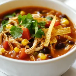 To make your low calorie chicken tortilla soup, gather these fresh and flavorful ingredients: - 1 pound boneless, skinless chicken breasts - 4 cups low-sodium chicken broth - 1 can (15 oz) black beans, rinsed and drained - 1 can (14.5 oz) diced tomatoes with green chilies - 1 cup frozen corn - 1 medium onion, diced - 2 cloves garlic, minced - 1 tablespoon chili powder - 1 teaspoon cumin - 1 teaspoon smoked paprika - Salt and pepper, to taste - 1 lime, juiced - Fresh cilantro, for garnish - Baked tortilla strips, for garnish These ingredients work together to create a soup that is both light and full of flavor. The chicken provides protein, while the beans and corn add texture. The spices give the soup its zesty kick. Fresh cilantro and lime juice brighten the whole dish, making it perfect for any meal. {{ingredient_image_1}} 1. Sauté onion and garlic Start by heating a drizzle of olive oil in a large pot over medium heat. Add the diced onion. Sauté it for about 3 to 4 minutes until it turns translucent. Then, stir in the minced garlic and cook for one more minute until you smell its fragrant aroma. 2. Cook chicken in broth Next, place the boneless, skinless chicken breasts into the pot. Pour in the low-sodium chicken broth. Bring this mixture to a boil. Once boiling, reduce the heat to let it simmer. 3. Shred the chicken After about 20 minutes, check if the chicken is fully cooked. Carefully take it out of the pot. Use two forks to shred the chicken into bite-sized pieces. Return this shredded chicken back into the soup. 1. Add spices and simmer Now, it’s time to add flavor! Stir in chili powder, cumin, and smoked paprika. Also, add the can of diced tomatoes with green chilies. Season it with a pinch of salt and pepper to taste. Cover the pot and let it simmer for a while. 2. Incorporate beans and corn After simmering, stir in the rinsed black beans and frozen corn. Let it cook for an additional 5 minutes. This warms the beans and corn through, making the soup heartier. 3. Final seasoning and lime juice Finally, remove the pot from heat. Squeeze the juice of one lime into the soup. Taste and adjust the seasoning if needed. This adds a nice zing to your soup. - Garnishing options Serve this soup hot, garnished with fresh cilantro. You can also add baked tortilla strips on top for a crunchy texture. - Recommended accompaniments Pair your soup with a side of fresh avocado slices or a light salad. This adds freshness and makes your meal more filling. Enjoy your tasty and low-calorie chicken tortilla soup! To keep this soup low in calories, use smart swaps. Instead of regular chicken broth, choose low-sodium broth. This helps reduce salt and calories. Opt for skinless chicken breasts, as they are lower in fat. You can also replace higher-calorie toppings with fresh herbs or baked tortilla strips. These choices keep the taste without the extra calories. For cooking methods, use grilling or baking over frying. These methods cut down on fat and keep your soup light. A slow cooker or Instant Pot can also help. They let the flavors blend well without adding fat. Fresh herbs make a big difference. Adding cilantro brightens the soup. You can also use fresh lime juice for a zesty kick. Don't forget to adjust your spices! Try adding more chili powder or cumin to up the flavor. A pinch of smoked paprika will add depth without adding calories. Meal prepping can save time. Chop your veggies and seasonings in advance. This makes cooking a breeze on busy nights. You can also prepare a big batch of soup and freeze portions for later. Using a slow cooker or Instant Pot is a great way to make this soup easy. Just throw in your ingredients, set it, and let it cook. You’ll have a tasty meal waiting for you when you’re ready to eat. Pro Tips Perfectly Shredded Chicken: To get a tender and juicy shredded chicken, be sure to use two forks to shred the chicken while it’s still warm. This helps maintain its moisture and flavor. Customize Your Spices: Feel free to adjust the spice levels according to your taste. If you like it spicier, consider adding more chili powder or some diced jalapeños. Fresh Lime Juice: Always add lime juice at the end of cooking. This preserves its bright flavor and ensures your soup has a fresh, zesty finish. Garnish for Extra Flavor: Don’t skip the garnishes! Fresh cilantro and baked tortilla strips add texture and enhance the overall flavor profile of the soup. {{image_2}} You can make this soup vegetarian by swapping chicken for tofu or more beans. Use firm tofu, cut into small cubes. Add it to the pot when you add the spices. This gives you protein while keeping the soup hearty. You can also add more black beans or even kidney beans for extra texture and taste. If you like heat, add jalapeños or cayenne pepper. Chop jalapeños finely and toss them in with the onion. For cayenne, start with a small pinch and adjust to your taste. Both options will give your soup a nice kick. This variation makes the soup exciting and full of flavor. For a creamy twist, add Greek yogurt or low-fat sour cream. Stir in a few dollops just before serving. This adds richness without too many calories. It also gives your soup a smooth texture that’s very satisfying. You can also use it as a topping with your tortilla strips. After you make the soup, let it cool. Store it in an airtight container. This keeps it fresh and tasty. The soup lasts up to four days in the fridge. Always check for odors or changes in color before eating leftovers. To freeze the soup, use freezer-safe containers. Leave some space at the top for expansion. The soup can stay good for about three months in the freezer. When you want to eat it, let it thaw in the fridge overnight. Reheat on the stove over low heat, stirring often. You can also microwave it in a bowl, covered with a lid. To make meal prep easy, portion the soup into single servings. Use small containers for quick grab-and-go meals. This way, you can enjoy a warm bowl anytime. It's perfect for busy days or when you want a healthy snack. Yes, you can use frozen chicken breasts. Just make a few changes. First, add about 10 minutes to the cooking time. You want the chicken to be hot and fully cooked. Start by placing the frozen chicken in the pot with the broth and bring it to a boil. Then, follow the rest of the steps as usual. This method keeps your soup tasty and easy. If you don’t have chicken broth, try vegetable broth or water. Both options work well. You can also make a quick broth using bouillon cubes. Just dissolve them in hot water for added flavor. Don’t forget to season your soup to enhance the taste. To add heat, try these tips. Add chopped jalapeños or a bit of cayenne pepper. You can also use hot sauce for extra spice. Start with a little, then taste and adjust. This way, you control the heat level and make it perfect for your taste buds. This blog post covered all the key points for making a tasty chicken soup. You learned about the right ingredients and step-by-step instructions to prepare it perfectly. We also shared tips for boosting flavor and options for special diets. In closing, remember to customize the soup to your taste. Enjoy experimenting with flavors and make it your own. This dish is not only easy to prepare but also great for any meal. Feel confident in your cooking skills!