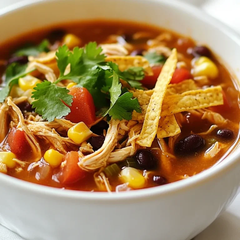 To make your low calorie chicken tortilla soup, gather these fresh and flavorful ingredients: - 1 pound boneless, skinless chicken breasts - 4 cups low-sodium chicken broth - 1 can (15 oz) black beans, rinsed and drained - 1 can (14.5 oz) diced tomatoes with green chilies - 1 cup frozen corn - 1 medium onion, diced - 2 cloves garlic, minced - 1 tablespoon chili powder - 1 teaspoon cumin - 1 teaspoon smoked paprika - Salt and pepper, to taste - 1 lime, juiced - Fresh cilantro, for garnish - Baked tortilla strips, for garnish These ingredients work together to create a soup that is both light and full of flavor. The chicken provides protein, while the beans and corn add texture. The spices give the soup its zesty kick. Fresh cilantro and lime juice brighten the whole dish, making it perfect for any meal. {{ingredient_image_1}} 1. Sauté onion and garlic Start by heating a drizzle of olive oil in a large pot over medium heat. Add the diced onion. Sauté it for about 3 to 4 minutes until it turns translucent. Then, stir in the minced garlic and cook for one more minute until you smell its fragrant aroma. 2. Cook chicken in broth Next, place the boneless, skinless chicken breasts into the pot. Pour in the low-sodium chicken broth. Bring this mixture to a boil. Once boiling, reduce the heat to let it simmer. 3. Shred the chicken After about 20 minutes, check if the chicken is fully cooked. Carefully take it out of the pot. Use two forks to shred the chicken into bite-sized pieces. Return this shredded chicken back into the soup. 1. Add spices and simmer Now, it’s time to add flavor! Stir in chili powder, cumin, and smoked paprika. Also, add the can of diced tomatoes with green chilies. Season it with a pinch of salt and pepper to taste. Cover the pot and let it simmer for a while. 2. Incorporate beans and corn After simmering, stir in the rinsed black beans and frozen corn. Let it cook for an additional 5 minutes. This warms the beans and corn through, making the soup heartier. 3. Final seasoning and lime juice Finally, remove the pot from heat. Squeeze the juice of one lime into the soup. Taste and adjust the seasoning if needed. This adds a nice zing to your soup. - Garnishing options Serve this soup hot, garnished with fresh cilantro. You can also add baked tortilla strips on top for a crunchy texture. - Recommended accompaniments Pair your soup with a side of fresh avocado slices or a light salad. This adds freshness and makes your meal more filling. Enjoy your tasty and low-calorie chicken tortilla soup! To keep this soup low in calories, use smart swaps. Instead of regular chicken broth, choose low-sodium broth. This helps reduce salt and calories. Opt for skinless chicken breasts, as they are lower in fat. You can also replace higher-calorie toppings with fresh herbs or baked tortilla strips. These choices keep the taste without the extra calories. For cooking methods, use grilling or baking over frying. These methods cut down on fat and keep your soup light. A slow cooker or Instant Pot can also help. They let the flavors blend well without adding fat. Fresh herbs make a big difference. Adding cilantro brightens the soup. You can also use fresh lime juice for a zesty kick. Don't forget to adjust your spices! Try adding more chili powder or cumin to up the flavor. A pinch of smoked paprika will add depth without adding calories. Meal prepping can save time. Chop your veggies and seasonings in advance. This makes cooking a breeze on busy nights. You can also prepare a big batch of soup and freeze portions for later. Using a slow cooker or Instant Pot is a great way to make this soup easy. Just throw in your ingredients, set it, and let it cook. You’ll have a tasty meal waiting for you when you’re ready to eat. Pro Tips Perfectly Shredded Chicken: To get a tender and juicy shredded chicken, be sure to use two forks to shred the chicken while it’s still warm. This helps maintain its moisture and flavor. Customize Your Spices: Feel free to adjust the spice levels according to your taste. If you like it spicier, consider adding more chili powder or some diced jalapeños. Fresh Lime Juice: Always add lime juice at the end of cooking. This preserves its bright flavor and ensures your soup has a fresh, zesty finish. Garnish for Extra Flavor: Don’t skip the garnishes! Fresh cilantro and baked tortilla strips add texture and enhance the overall flavor profile of the soup. {{image_2}} You can make this soup vegetarian by swapping chicken for tofu or more beans. Use firm tofu, cut into small cubes. Add it to the pot when you add the spices. This gives you protein while keeping the soup hearty. You can also add more black beans or even kidney beans for extra texture and taste. If you like heat, add jalapeños or cayenne pepper. Chop jalapeños finely and toss them in with the onion. For cayenne, start with a small pinch and adjust to your taste. Both options will give your soup a nice kick. This variation makes the soup exciting and full of flavor. For a creamy twist, add Greek yogurt or low-fat sour cream. Stir in a few dollops just before serving. This adds richness without too many calories. It also gives your soup a smooth texture that’s very satisfying. You can also use it as a topping with your tortilla strips. After you make the soup, let it cool. Store it in an airtight container. This keeps it fresh and tasty. The soup lasts up to four days in the fridge. Always check for odors or changes in color before eating leftovers. To freeze the soup, use freezer-safe containers. Leave some space at the top for expansion. The soup can stay good for about three months in the freezer. When you want to eat it, let it thaw in the fridge overnight. Reheat on the stove over low heat, stirring often. You can also microwave it in a bowl, covered with a lid. To make meal prep easy, portion the soup into single servings. Use small containers for quick grab-and-go meals. This way, you can enjoy a warm bowl anytime. It's perfect for busy days or when you want a healthy snack. Yes, you can use frozen chicken breasts. Just make a few changes. First, add about 10 minutes to the cooking time. You want the chicken to be hot and fully cooked. Start by placing the frozen chicken in the pot with the broth and bring it to a boil. Then, follow the rest of the steps as usual. This method keeps your soup tasty and easy. If you don’t have chicken broth, try vegetable broth or water. Both options work well. You can also make a quick broth using bouillon cubes. Just dissolve them in hot water for added flavor. Don’t forget to season your soup to enhance the taste. To add heat, try these tips. Add chopped jalapeños or a bit of cayenne pepper. You can also use hot sauce for extra spice. Start with a little, then taste and adjust. This way, you control the heat level and make it perfect for your taste buds. This blog post covered all the key points for making a tasty chicken soup. You learned about the right ingredients and step-by-step instructions to prepare it perfectly. We also shared tips for boosting flavor and options for special diets. In closing, remember to customize the soup to your taste. Enjoy experimenting with flavors and make it your own. This dish is not only easy to prepare but also great for any meal. Feel confident in your cooking skills!