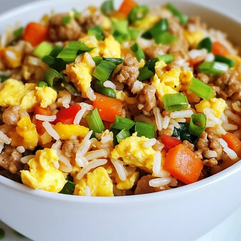 To make Ground Chicken Fried Rice, you need a few key ingredients. Each one brings flavor and nutrition to the dish. Here’s what you will need: - Ground chicken - 2 cups cooked jasmine rice (preferably day-old) - 1 cup mixed vegetables (peas, carrots, corn) - 1 medium onion, finely chopped - 2 garlic cloves, minced - 2 large eggs, beaten - 3 tablespoons soy sauce (or tamari for gluten-free) - 1 teaspoon sesame oil - 2 tablespoons vegetable oil - Salt and pepper to taste - Optional: sriracha or chili sauce for heat These ingredients come together to create a dish that is both tasty and filling. Day-old rice works best since it is drier and fries better. Fresh rice can become mushy. Ground chicken is lean and cooks quickly. The mixed vegetables add color and crunch. You can use any veggies you like, but peas, carrots, and corn are popular. The onion and garlic add a nice aroma. They lay the flavor foundation of the dish. The soy sauce gives a savory taste, while the sesame oil adds a nutty touch. Don't forget to have eggs on hand! They make the fried rice even more satisfying. If you like a kick, add some sriracha or chili sauce. It makes the meal more exciting. With these ingredients, you can create a nourishing and tasty meal that everyone will enjoy! {{ingredient_image_1}} To make ground chicken fried rice, you need to prep your ingredients first. Chop the onion and slice the green onions. Mince the garlic. Get your vegetables ready. Use day-old jasmine rice for the best texture. This rice is less sticky and fries better. 1. Heat the skillet: Start by heating your large skillet over medium-high heat. 2. Add oil: Pour in the vegetable oil and wait until it gets hot. 3. Sauté onions and garlic: Add the chopped onion and minced garlic. Cook for about 2 minutes. Stir until the onion looks clear. 4. Cook ground chicken: Push the onions to the side. Add the ground chicken to the other side. Cook it for 5-7 minutes. Stir until it turns brown and is fully cooked. Season with salt and pepper. 5. Add mixed vegetables: Stir in your mixed vegetables. Cook them for 3-4 minutes until warm. 6. Scramble the eggs: Move the chicken and veggies to one side. Pour the beaten eggs on the other side. Scramble the eggs until fully cooked, then mix them in. 7. Add cooked rice: Add your cooked jasmine rice. Break up any clumps with a spatula. Stir well to mix everything. 8. Add sauces: Pour the soy sauce and sesame oil over the rice. Toss everything until well coated. Taste and adjust the seasonings if you need to. 9. Finish with green onions: Mix in the sliced green onions. Let it cook for another 2-3 minutes to blend the flavors. 10. Add heat if desired: If you like spice, drizzle some sriracha or chili sauce on top before serving. - Oil heat: Make sure the oil is hot before adding ingredients. This helps them cook evenly. - Don’t rush the chicken: Let the chicken brown. This adds flavor and texture. - Use leftover rice: Day-old rice works best. Fresh rice can be too sticky. - Taste as you go: Adjust salt and pepper to your liking. You know what's best for you! - Keep it moving: Stir often to prevent sticking and ensure even cooking. To cook ground chicken well, keep these points in mind: - Use high heat: This helps brown the chicken and adds flavor. - Break it apart: Stir the chicken often to avoid clumps. - Cook until no pink: Ensure the chicken is fully cooked for safety. - Season early: Add salt and pepper while cooking for better flavor. The texture of fried rice is key to its success. Follow these steps: - Use day-old rice: Fresh rice is too moist and sticky. - Break up clumps: Use a spatula to separate rice before cooking. - High heat cooking: This prevents sogginess and keeps the rice firm. - Don’t overcrowd the pan: Cook in batches if needed for best results. Storing leftovers properly keeps your fried rice fresh: - Cool before storing: Let it cool to room temperature first. - Use airtight containers: This prevents drying out in the fridge. - Refrigerate within two hours: Keep it safe by storing promptly. - Consume within three days: For the best taste, eat leftovers quickly. Pro Tips Use Day-Old Rice: For the best texture, use day-old jasmine rice. It dries out slightly in the fridge, preventing the fried rice from becoming mushy. Customize Your Veggies: Feel free to add any of your favorite vegetables or leftovers to this dish. Bell peppers, broccoli, or even spinach work great! High Heat is Key: Cooking on medium-high heat helps to give the rice a slight crispy texture while ensuring everything is cooked evenly. Season Gradually: Taste and adjust the seasoning gradually. Start with less soy sauce and add more as needed to avoid overpowering the dish. {{image_2}} You can make Ground Chicken Fried Rice healthier by swapping some ingredients. Use brown rice instead of jasmine rice. Brown rice has more fiber and nutrients. You can also add more veggies. Try broccoli, bell peppers, or spinach. They add color and health benefits. Use low-sodium soy sauce to cut down on salt, too. These changes keep the dish tasty while boosting nutrition. If you want to change the protein, there are great options. Turkey works well and has less fat. You can also use tofu for a plant-based choice. Just make sure to press it to remove extra water. This keeps the tofu from getting soggy. Cook it until it’s golden and crispy for the best texture. Another option is shrimp, which cooks fast and adds a nice flavor. To make your dish pop, try adding different spices. A pinch of ginger gives a warm taste. You can also add a splash of rice vinegar for a tangy kick. For a spicy touch, toss in some red pepper flakes or chili paste. Fresh herbs like cilantro or basil can bring a burst of freshness. Experiment with these flavors to find your favorite combination. To keep your ground chicken fried rice fresh, let it cool first. Place it in an airtight container. Store it in the fridge for up to three days. Make sure to label the container with the date. This way, you know when to eat it. Reheat the fried rice in a skillet over medium heat. Add a splash of water to help steam it. Stir often until hot. You can also use the microwave. Heat it in a microwave-safe bowl for 1-2 minutes. Stir halfway through to heat evenly. If you want to freeze it, use a freezer-safe container. Make sure to leave some space at the top for expansion. It can last up to three months in the freezer. When ready to eat, thaw it overnight in the fridge. Reheat as mentioned above for the best taste. No, you cannot use uncooked rice. Fried rice needs cooked rice. The cooked jasmine rice adds texture and flavor. Freshly cooked rice is too moist and clumps together. Day-old rice is best. It dries out and fries better. You can store cooked rice in the fridge for up to a week. You can add many vegetables! Try bell peppers, broccoli, or snap peas. Zucchini and mushrooms also work well. You can even toss in fresh spinach for a pop of color. Use what you like or have on hand. The mixed veggies can add nutrition and taste. To make this dish gluten-free, use tamari instead of soy sauce. Tamari tastes similar but has no wheat. Check labels on all sauces. Some brands may add gluten. Also, make sure your vegetable oil is gluten-free. This way, you enjoy a tasty meal without gluten. Yes, you can easily make a vegetarian version. Swap the ground chicken for tofu or tempeh. You can use chickpeas as another protein option. Add more vegetables to make it filling. Use the same spices and sauces for flavor. This way, you get a hearty meal without meat. To wrap this up, we covered the key ingredients for ground chicken fried rice. You learned steps for preparation and cooking, plus tips for perfect texture. I shared variations for healthier options and flavor boosts. Lastly, we discussed storage and reheating methods. With these insights, you can create a tasty meal that fits your needs. Enjoy your cooking journey!