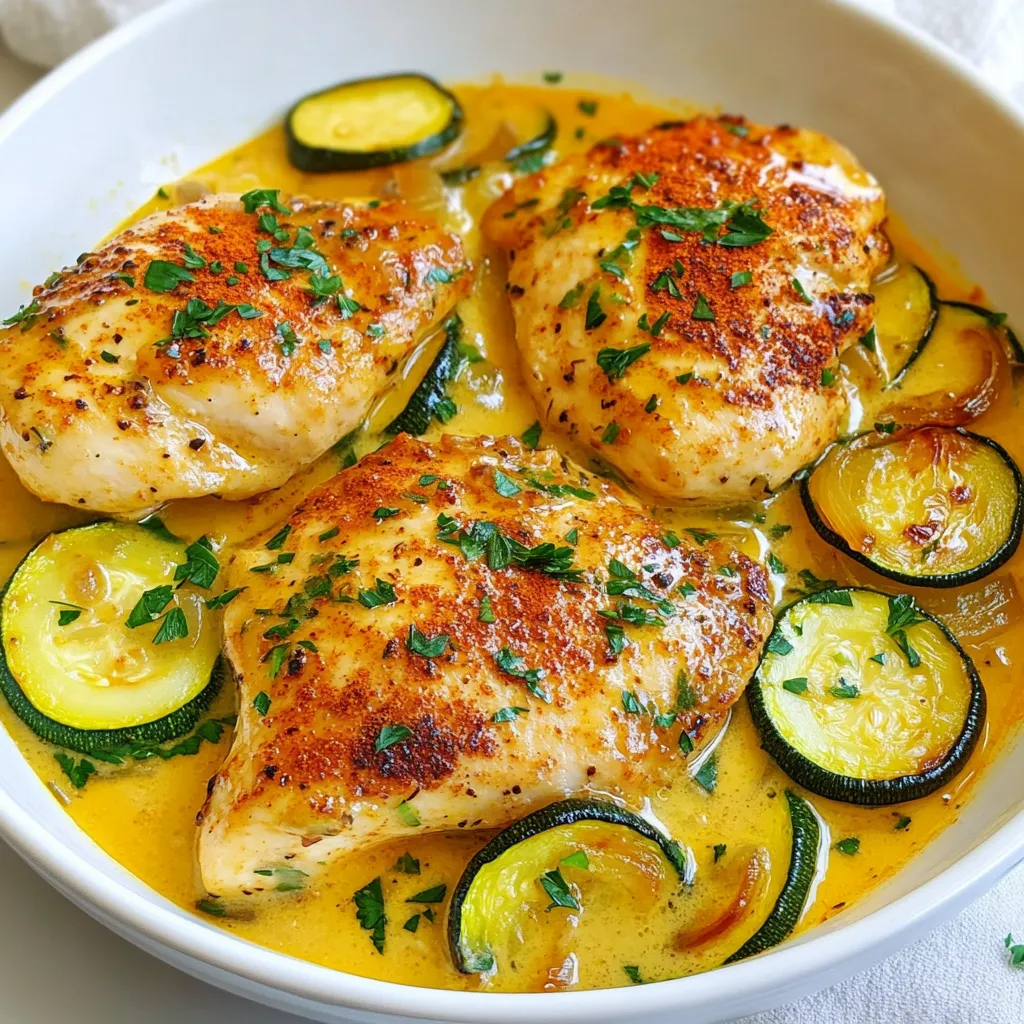 - 2 boneless, skinless chicken breasts - 2 medium zucchinis, sliced into half-moons - 1 medium onion, finely chopped - 3 cloves garlic, minced - 1 cup heavy cream - 2 teaspoons paprika (smoked or sweet) - 1 teaspoon dried thyme - 1 tablespoon olive oil - Salt and pepper to taste - Fresh parsley, chopped (for garnish) You can swap heavy cream for half-and-half or coconut milk. These options give a lighter feel but still add creaminess. If you're looking for spice, try adding cayenne pepper or red pepper flakes. This will give your dish a nice kick. You can also use different herbs like oregano or basil for a fresh twist. {{ingredient_image_1}} - Seasoning the chicken: Start by seasoning the chicken breasts. Sprinkle salt, pepper, and 1 teaspoon of paprika on both sides. This adds flavor and a nice color. Let them sit for a few minutes. - Sautéing the vegetables: Next, chop the onion finely and mince the garlic. This will help release the flavors when you cook them. Set these aside while you heat the skillet. - Searing the chicken: Heat 1 tablespoon of olive oil in a large skillet over medium-high heat. When the oil is hot, add the seasoned chicken breasts. Cook them for about 5-7 minutes on each side. You want them golden brown and fully cooked. Once done, remove the chicken from the skillet and set it aside on a plate. - Making the creamy sauce: In the same skillet, add the chopped onion. Cook until it is soft and translucent, about 3 minutes. Then, add the minced garlic and sauté for another minute. Toss in the sliced zucchini and the remaining teaspoon of paprika. Cook for about 5 minutes until the zucchini is tender. Lower the heat and pour in 1 cup of heavy cream. Stir well to combine. Add 1 teaspoon of dried thyme and adjust the seasoning with salt and pepper. Let this simmer for 3-4 minutes until it thickens slightly. - Combining chicken and sauce: Return the chicken to the skillet. Make sure each piece is well covered with the creamy sauce. Let everything cook together for another 2-3 minutes. This warms the chicken through and blends the flavors. - Serving suggestions: Once ready, remove the skillet from heat. Drizzle fresh parsley on top for a pop of color and flavor. Serve hot and enjoy your creamy paprika zucchini chicken! - Perfecting the chicken sear: Start with dry chicken. Pat it with paper towels. This helps it brown better. Heat your skillet until it’s hot before adding olive oil. This creates a nice crust. Cook the chicken for 5-7 minutes on each side. Look for a golden brown color. This means the chicken is seared well. - Ensuring creamy consistency: When adding cream, lower the heat first. This stops the cream from curdling. Stir the cream and spices gently. Make sure they mix well. Let the sauce simmer for just a few minutes. This helps it thicken without burning. - Additional herbs and spices: You can add more flavor. Try a pinch of oregano or rosemary. Fresh herbs like basil can brighten the dish. Experiment with a dash of cayenne for heat. Just remember, a little goes a long way! - Serving with sides: Pair this dish with rice or pasta. They soak up the creamy sauce well. A simple salad or steamed vegetables adds freshness. Consider garlic bread for a cozy touch. - Overcooking zucchini: Zucchini cooks fast. Aim for just 5 minutes in the pan. You want it tender, not mushy. Keeping some crunch adds texture. - Under-seasoning the sauce: Taste is key! Always sample your sauce before serving. Add salt and pepper as needed. This brings out the flavors of the cream and spices. Pro Tips Choose the Right Paprika: Smoked paprika adds a rich, smoky flavor, while sweet paprika offers a milder taste. Choose based on your preference! Don’t Overcook the Chicken: To keep the chicken juicy and tender, avoid cooking it too long. Use a meat thermometer to check for an internal temperature of 165°F (75°C). Customize the Vegetables: Feel free to add other vegetables like bell peppers or spinach for added nutrition and flavor. Just adjust cooking times accordingly. Garnish for Freshness: Fresh parsley not only adds color but also a fresh flavor that brightens the dish. Consider adding a squeeze of lemon for extra zing! {{image_2}} You can change the vegetables in this dish. Instead of zucchini, try bell peppers or broccoli. Both add great flavor and crunch. You can also mix in spinach for some extra greens. For protein options, chicken is great, but turkey works well too. If you want a vegetarian twist, use chickpeas or tofu. These swaps keep the meal fresh and fun. If you need a gluten-free meal, check your cream and seasonings. Most are safe, but always read labels. For a low-fat option, use half-and-half instead of heavy cream. This keeps the creamy texture while cutting fat. You can also try non-dairy cream for a vegan version. Look for coconut or almond cream to make it rich. You can bake the dish instead of sautéing. Preheat your oven to 400°F (200°C). Place the chicken and veggies in a baking dish, pour the cream over them, and bake for about 25 minutes. This method frees you up to prepare sides. If you love grilling, this recipe works well on the grill too. Grill the chicken first, then add the veggies to a grill-safe pan with the cream. This method adds a smoky flavor that is simply delightful. Store leftovers in an airtight container. Let the dish cool before sealing. This keeps it fresh. You can store it in the fridge for up to three days. Make sure to check for any signs of spoilage before eating. To freeze, place the cooled dish in a freezer-safe container. Seal it tightly to avoid freezer burn. It can last up to three months in the freezer. When you’re ready to eat, let it thaw overnight in the fridge. For reheating, place it in a skillet over low heat. Stir often until hot. You can also use the microwave. Heat in short bursts, stirring in between, to ensure even warming. You can prepare the chicken and sauce in advance. Store them separately for best results. This allows you to keep everything fresh. When ready to eat, simply reheat the chicken and sauce together. For quick reheating, use a skillet on medium heat. This keeps the chicken juicy and the sauce creamy. You can also microwave it if you're short on time, just remember to stir well. You can use whole milk mixed with butter. For every cup of heavy cream, mix ¾ cup of milk with ¼ cup of melted butter. This mix gives you a creamy texture. You can also try coconut cream for a dairy-free option. It adds a nice flavor too. Check the chicken's internal temperature. It should reach 165°F. You can also cut into the chicken. If the meat is no longer pink and the juices run clear, it is done. Cooking times can vary, so always check. Yes, you can use frozen zucchini. Just remember to thaw and drain it first. This helps avoid extra water in your dish. Frozen zucchini may cook a bit faster, so keep an eye on it. You can serve this dish with rice or pasta to soak up the sauce. A fresh salad pairs well too. Roasted potatoes or steamed green beans add a nice crunch. Feel free to mix and match to find your favorite! This recipe for Creamy Paprika Zucchini Chicken highlights tasty ingredients like chicken, zucchini, and spices. You learned how to prepare, cook, and serve this dish, along with tips to avoid common mistakes. Explore variations for dietary needs and cooking methods that fit your style. With the right storage and meal prep ideas, you can enjoy this dish at your convenience. Try it out and have fun in the kitchen!