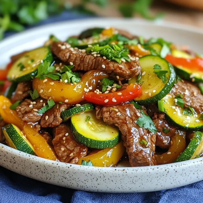 - 500g beef sirloin, thinly sliced - 2 medium zucchinis, sliced into half-moons - 1 bell pepper (red or yellow), sliced - 1 medium onion, sliced - 3 cloves garlic, minced - 2 tablespoons ginger, minced The main ingredients create a delicious base for your stir fry. Beef sirloin gives great flavor and tender bites. Zucchini adds a soft crunch, while bell pepper brings sweetness. Onion, garlic, and ginger add depth and warmth. - 3 tablespoons soy sauce - 1 tablespoon oyster sauce - 1 teaspoon sesame oil - 1 tablespoon cornstarch These sauces and seasonings balance flavors in your stir fry. Soy sauce adds saltiness, while oyster sauce gives richness. Sesame oil adds a nutty taste. Cornstarch helps thicken the sauce and gives it a nice glaze. - Sesame seeds - Fresh cilantro or green onions Garnishes add color and a fresh touch. Sesame seeds add crunch, while cilantro or green onions bring brightness. These small details make your dish look and taste even better. {{ingredient_image_1}} To start, take 500g of thinly sliced beef sirloin. In a bowl, add the beef with 3 tablespoons of soy sauce, 1 tablespoon of oyster sauce, 1 tablespoon of cornstarch, and a pinch of salt and pepper. Mix well to coat all the beef. I suggest marinating for about 15 minutes. This helps the beef soak up all those tasty flavors. While the beef marinates, heat a large skillet or wok over medium-high heat. Add 1 tablespoon of vegetable oil. Once hot, lay the marinated beef in a single layer in the skillet. Don’t stir it for 2-3 minutes. Let it brown nicely. Then, flip the beef and cook for another 1-2 minutes. Once done, remove the beef from the skillet and set it aside. In the same skillet, add 1 more tablespoon of vegetable oil. Now, toss in the sliced onion, minced garlic, and minced ginger. Sauté them for about 1 minute. You want to smell that great aroma. Next, add the sliced zucchinis and bell pepper. Stir-fry these for 3-4 minutes. They should be tender but still a bit crunchy. Now it’s time to bring everything together. Return the cooked beef to the skillet. Drizzle in 1 teaspoon of sesame oil and stir everything for about 2 minutes. This warms the beef and mixes the flavors. Taste and adjust the seasoning with more soy sauce or pepper if needed. Finally, serve your stir fry on plates and garnish with sesame seeds and fresh cilantro or green onions. Enjoy your meal! - Choosing the right cut: For stir fry, beef sirloin works best. It offers great flavor and tenderness. Look for cuts with some marbling. This fat makes the meat juicy and flavorful. Avoid tough cuts like chuck or round. - Importance of marination: Marinating beef adds flavor and helps tenderize the meat. Use soy sauce, oyster sauce, and cornstarch. These ingredients work together to break down tough fibers. Let the beef marinate for at least 15 minutes. Longer is even better for full flavor. - Cooking times for crunchiness: To keep zucchini crunchy, cook it for about 3-4 minutes. Stir-fry over high heat for the best results. You want it tender but still crisp, not mushy. - Avoiding sogginess: To prevent sogginess, don’t overcrowd the pan. Cook in batches if needed. Also, add zucchini after the onions and garlic. This timing keeps it from cooking too long. - Suggestions for additional spices: To spice things up, try adding red pepper flakes or black pepper. These add heat and depth to your dish. You can also use fresh herbs like basil or cilantro for fresh flavor. - Combining different sauces: Mixing sauces can elevate your stir fry. Try adding hoisin sauce or teriyaki sauce alongside soy sauce. This adds a sweet and savory balance that enhances the overall taste. Pro Tips Marinate for Flavor: Allowing the beef to marinate for at least 15 minutes helps infuse it with flavor, making each bite more delicious. High Heat Cooking: Stir-frying is best done over high heat to ensure that the vegetables remain crisp and the beef gets a nice sear. Prep Ingredients Ahead: Having all your ingredients prepped and ready to go before you start cooking makes the process smoother and quicker. Customize Your Veggies: Feel free to add other vegetables like broccoli or snap peas for extra color and nutrition. {{image_2}} You can switch the beef for chicken or tofu. Chicken thighs work well here. They stay juicy and cook fast. If you prefer plant-based protein, try firm tofu. Press it to remove water, then cube it. It soaks up flavors and adds great texture. You can also use shrimp or scallops for a seafood twist. Just make sure to cook them until they turn pink. Feel free to add more veggies to your stir fry. Broccoli adds crunch and color. Bell peppers give a sweet taste, but any color works. Carrots bring a nice sweetness and bright orange hue. Seasonal veggies like asparagus or snap peas can also shine in this dish. Mix and match to keep it fresh and exciting. If you want to change the sauce, try teriyaki or hoisin. Both add a sweet and savory touch. You can also make a simple garlic sauce. Blend a bit of soy sauce with minced garlic and a dash of sugar. This easy option packs a flavor punch. Homemade sauces let you control the taste and ingredients. To store leftovers, let the stir fry cool first. Place it in an airtight container. This keeps it fresh and safe. You can store it in the fridge for up to three days. Remember to label your container with the date. You can freeze the stir fry if you want to save some for later. Allow it to cool completely before freezing. Use a freezer-safe container or bag to prevent freezer burn. When you’re ready to eat, defrost it in the fridge overnight. Reheat it in a pan or microwave until hot. Zucchini beef stir fry lasts about three days in the fridge. If frozen, it can last up to three months. For the best taste, try to eat it within a month. Always check for freshness before eating, especially if it’s been in the fridge for a while. Yes, you can make Zucchini Beef Stir Fry ahead of time. Meal prep is easy with this dish. You can cook the beef and veggies, then store them. Use an airtight container for best results. Keep it in the fridge for up to three days. When you are ready to eat, just reheat it in a skillet. Add a splash of soy sauce for extra flavor. Yes, you can enjoy this dish on a gluten-free diet. Many soy sauces contain gluten, but there are gluten-free versions available. Look for tamari or coconut aminos as great alternatives. For the oyster sauce, find a gluten-free brand or make your own with mushrooms. These swaps will let you enjoy this tasty meal without worry. Zucchini Beef Stir Fry pairs well with many sides. Serve it over steamed rice or quinoa for a filling meal. You can also pair it with noodles for a fun twist. Try adding a side of fresh salad or steamed vegetables. These options will add more color and nutrition to your plate. Zucchini beef stir fry is easy and quick to make. You learned about the key ingredients, step-by-step instructions, and tips for perfect results. You can customize it with different proteins and veggies. Proper storage keeps leftovers fresh. This dish is a tasty meal any night of the week. Enjoy your cooking adventure!