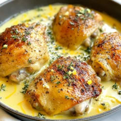 To make creamy oven baked chicken thighs, you need a few key items: - 4 chicken thighs, bone-in and skin-on - 1 cup heavy cream - 1 tablespoon Dijon mustard - 1 tablespoon garlic powder - 1 teaspoon onion powder - 1 teaspoon paprika - Salt and pepper to taste - 2 tablespoons olive oil These chicken thighs turn out juicy and rich. The heavy cream makes the dish creamy, while the Dijon mustard adds a nice kick. Garlic powder and onion powder give deep flavor, and paprika adds a touch of warmth. For seasoning, I use salt and pepper. They help bring out the chicken’s natural taste. You can adjust the salt to your liking. The garlic powder and onion powder work well together, creating a savory base. The paprika adds color and a hint of spice, enhancing the dish's overall flavor. To finish your dish, consider adding a few garnishes: - Fresh thyme sprigs - Zest of 1 lemon Fresh thyme adds a lovely herbal note. The lemon zest gives a bright flavor that lifts the creamy sauce. These garnishes make the dish more appealing and add extra taste. You can serve the chicken directly from the skillet or on a plate with a drizzle of sauce. {{ingredient_image_1}} First, grab a bowl. Add 1 cup of heavy cream. Then, mix in 1 tablespoon of Dijon mustard. Next, add 1 tablespoon of garlic powder and 1 teaspoon of onion powder. Toss in 1 teaspoon of paprika. Season this with salt and pepper to taste. Whisk it all together until smooth and creamy. You want the sauce to be well combined and flavorful. Now, heat 2 tablespoons of olive oil in a large oven-safe skillet. Make sure your skillet is hot enough. Season the 4 chicken thighs with salt and pepper. Place the thighs skin-side down in the hot skillet. Sear them for about 5 to 7 minutes. Look for a golden and crispy skin. This step adds great flavor and texture. Once the skin is crispy, flip the chicken thighs over. Pour the creamy sauce over the top of the chicken. Make sure it covers the thighs well. Now, transfer the skillet to your preheated oven at 375°F (190°C). Bake for 25 to 30 minutes. Check that the chicken reaches an internal temperature of 165°F (74°C). When done, remove the skillet from the oven. Garnish with fresh thyme and lemon zest. Let it rest for a few minutes before serving. This resting time helps the juices settle back in. Enjoy your creamy chicken thighs! To make your sauce creamy, use heavy cream. Whisk it with Dijon mustard and seasonings. This mix gives you a rich taste. Don't skip the garlic powder and paprika. They add depth to the flavor. Adjust the seasoning to your liking. If you want more tang, add a bit of lemon juice. This small change brightens the sauce. For crispy skin, heat olive oil in your skillet. Place the chicken thighs skin-side down. Sear them for about 5-7 minutes. You want them golden brown. This step seals in juices and creates a great texture. Flip the thighs gently to keep the skin intact. Then pour the creamy sauce over them to keep the skin crispy. After baking, let the chicken rest for a few minutes. This step helps the juices spread evenly. Resting keeps the meat moist and tender. Slice into the thighs too soon, and you'll lose those tasty juices. Serve with sauce drizzled on top for added flavor. Enjoy every bite of this creamy delight. Pro Tips Perfectly Crispy Skin: For the crispiest chicken skin, make sure to pat the chicken thighs dry with paper towels before seasoning and searing them. Flavor Boost: Marinate the chicken thighs in the creamy mixture for a few hours or overnight to enhance the flavor and tenderness. Check for Doneness: Always use a meat thermometer to ensure your chicken reaches an internal temperature of 165°F (74°C) to avoid undercooking. Serving Suggestions: This dish pairs beautifully with a side of garlic mashed potatoes or steamed green beans for a well-rounded meal. {{image_2}} You can change the creamy sauce to fit your taste. Instead of heavy cream, try using sour cream or Greek yogurt. Both options give a nice tang. For a richer flavor, add some cream cheese. You can also swap Dijon mustard for whole grain mustard for a new twist. If you want more herbs, add fresh parsley or dill to the mix. You can easily cook these chicken thighs in a slow cooker or an Instant Pot. For the slow cooker, season the chicken and pour the creamy sauce over it. Cook on low for 6-7 hours or high for 3-4 hours. If you use an Instant Pot, brown the chicken first, then add the sauce and cook on high pressure for about 12 minutes. Both methods make the chicken super juicy and tender. Feel free to play with herbs and spices. Try adding rosemary or basil for a fresh taste. For a spicy kick, use cayenne pepper or red pepper flakes. You can also add a bit of lemon juice for brightness. Each change can make your dish unique and exciting. Try different combinations to find your favorite flavor! To keep your creamy chicken thighs fresh, place them in an airtight container. Make sure the chicken is cooled before sealing it. Store in the fridge for up to three days. Always label the container with the date to track freshness easily. When reheating, use the oven for the best results. Preheat the oven to 350°F (175°C). Place the chicken in a baking dish and cover it with foil. Heat for about 20 minutes or until warmed through. This method keeps the skin crispy while warming the creamy sauce. If you want to save the dish for later, freezing works well. First, let the chicken cool completely. Wrap each piece in plastic wrap, then place them in a freezer bag. This way, they’ll last up to three months. To reheat, thaw in the fridge overnight before reheating in the oven. Yes, you can use skinless chicken thighs. The dish will still taste great. However, skin adds a nice crispiness. Without it, the texture will be softer. To keep flavor, consider cooking the chicken longer. You may also want to increase the seasoning. Creamy Oven Baked Chicken Thighs pair well with many sides. Try these options: - Roasted vegetables like carrots and broccoli - Steamed rice or quinoa - A fresh green salad with lemon vinaigrette - Mashed potatoes for a comforting touch These sides balance the rich creaminess of the chicken. They add color and nutrients to your plate. To lighten this recipe, use low-fat yogurt instead of heavy cream. It gives a tangy flavor. For a dairy-free option, switch to coconut milk. It offers a nice creaminess and a hint of sweetness. Use mustard and spices for flavor. Adjust cooking time if needed for thinner sauces. In this post, we explored how to make creamy oven-baked chicken thighs. We covered main ingredients, seasoning, and optional garnishes to elevate your dish. The step-by-step instructions ensure perfect results every time. I shared tips to achieve creaminess and great sear. Plus, we looked at tasty variations and how to store leftovers. Remember, you can adapt this dish to fit your taste. Enjoy cooking and get creative with your flavors!