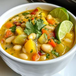 - 2 tablespoons olive oil - 1 medium onion, diced - 3 cloves garlic, minced - 1 bell pepper (any color), diced - 2 carrots, diced - 1 celery stalk, diced - 1 can (15 oz) white beans (cannellini or great northern), drained and rinsed - 4 cups vegetable broth - 1 cup corn kernels (fresh or frozen) - 1 teaspoon ground cumin - 1 teaspoon chili powder - 1/2 teaspoon smoked paprika - 1/4 teaspoon cayenne pepper (optional for heat) - 1 cup heavy cream or coconut milk for a vegan option - Salt and pepper to taste - Fresh cilantro or parsley, for garnish - Lime wedges, for serving I love using simple, fresh ingredients. Each one adds to the chili's flavor. Olive oil gives a rich base. Onion and garlic bring depth and aroma. Bell peppers add sweetness and color, while carrots and celery add crunch. White beans are the star of this dish. They are creamy and filling. You can use cannellini or great northern beans. Vegetable broth makes the chili hearty and adds a vegetable kick. Corn kernels bring a pop of sweetness. Spices like cumin and chili powder give warmth. Smoked paprika adds a nice, smoky touch, and cayenne pepper can give it a kick if you like heat. Finally, heavy cream or coconut milk makes it creamy. It rounds out the flavors and adds richness. Salt and pepper bring everything together. Garnish with cilantro or parsley for a fresh finish. Lime wedges add a zesty touch when serving. This combination creates a warm and comforting meal. {{ingredient_image_1}} 1. Heating the oil and sautéing the onion In a large pot, heat 2 tablespoons of olive oil over medium heat. Add 1 medium diced onion. Sauté the onion for about 3 to 4 minutes until it turns translucent. 2. Adding garlic and vegetables Next, add 3 minced garlic cloves, 1 diced bell pepper, 2 diced carrots, and 1 diced celery stalk to the pot. Stir frequently for 5 to 7 minutes, until all the vegetables soften. 3. Stirring in beans, broth, and spices Now, stir in 1 can of drained and rinsed white beans, 4 cups of vegetable broth, and 1 cup of corn kernels. Add 1 teaspoon of ground cumin, 1 teaspoon of chili powder, 1/2 teaspoon of smoked paprika, and 1/4 teaspoon of cayenne pepper if you want heat. Mix well. 1. Bringing to a boil and simmering Bring the mixture to a gentle boil. Once it starts bubbling, reduce the heat. Let it simmer for about 20 to 25 minutes. Stir occasionally to help the flavors meld. 2. Adding cream or coconut milk After it thickens slightly, stir in 1 cup of heavy cream or coconut milk for a vegan option. This adds a nice creaminess to the chili. 3. Final seasoning and serving instructions Season with salt and pepper to taste. Let the chili simmer for another 5 minutes to heat through. Remove from heat, ladle into bowls, and garnish with fresh cilantro or parsley. Serve with lime wedges for an extra zing. For a creamy chili, I love using cannellini or great northern beans. These beans blend well and create a rich texture. If you want a thicker chili, mash some beans with a fork. This adds body without changing the flavor. You can also adjust the chili's consistency by adding more broth or cream. If it's too thick, just add a splash of vegetable broth. You can always add more, but it's hard to take it out! Spices make all the difference in chili. I recommend using cumin, chili powder, and smoked paprika for a warm taste. If you like a kick, add cayenne pepper. For toppings, fresh cilantro or parsley brightens each bowl. Squeeze lime juice on top to add zest. You can even try avocado slices or shredded cheese for extra creaminess. Each of these choices adds a unique twist to your creamy white bean chili. Pro Tips Use Fresh Ingredients: Fresh vegetables and herbs elevate the flavor of your chili, making it more vibrant and delicious. Adjust the Spice Level: Customize the heat by varying the amount of cayenne pepper or adding diced jalapeños for an extra kick. Let It Rest: Allow the chili to sit for a few minutes after cooking to let the flavors meld together for a richer taste. Garnish Creatively: Experiment with different garnishes like avocado, sour cream, or shredded cheese to enhance the presentation and flavor. {{image_2}} To make this creamy white bean chili vegan, swap the heavy cream for coconut milk. This keeps it rich and tasty. For a dairy-free option, coconut milk works great as well. It adds a sweet flavor and creamy texture. If you need a gluten-free version, you’re in luck! All the ingredients in this chili are gluten-free. Just check your vegetable broth label to ensure it’s gluten-free. Enjoy this chili without worry! You can use fresh or frozen corn in this recipe. Fresh corn gives a sweet crunch, while frozen corn is convenient and just as tasty. If you choose frozen, add it in during the last 10 minutes of cooking for best results. When it comes to beans, feel free to switch things up! Cannellini beans are my favorite, but you can also try great northern beans or even chickpeas. Each type of bean adds its own unique flavor and texture. Don’t hesitate to experiment! To keep your creamy white bean chili fresh, use airtight containers. Glass containers work well since they don’t absorb odors. Plastic containers are also good if they seal tightly. Store the chili in the fridge for up to five days. If you want to keep it longer, freezing is a great option. When reheating, avoid the microwave if you can. Instead, warm the chili on the stove over low heat. Stir often to keep it from sticking. You can add a splash of broth or cream to restore its creamy texture. If you freeze it, let the chili cool completely before putting it in containers. It can last up to three months in the freezer. When ready to eat, thaw it in the fridge overnight. Then, reheat it slowly on the stove. This way, you keep all the great flavors intact. Can I use different types of beans? Yes, you can use different beans. Cannellini and great northern beans work best. You can also try navy beans or pinto beans. Each type adds a unique texture and taste. Mixing beans can make the chili even more interesting. How can I make it spicier or milder? To make it spicier, add more cayenne pepper or some hot sauce. You can also use jalapeños for a fresh kick. If you prefer it milder, skip the cayenne and reduce the chili powder. Taste as you go to find the right balance for you. What are some good sides to serve with chili? Chili pairs well with cornbread or crusty bread. A fresh salad can add a nice crunch. You might also enjoy tortilla chips or rice on the side. Lime wedges are great for squeezing over the dish for extra flavor. This blog post covered delicious chili ingredients and simple steps to cook it. You also learned tips to enhance flavor and texture. Experiment with variations for dietary needs and ingredient swaps. Storing and reheating are easy when done right. Feel excited to make this chili your own. Enjoy a warm bowl and share with friends!