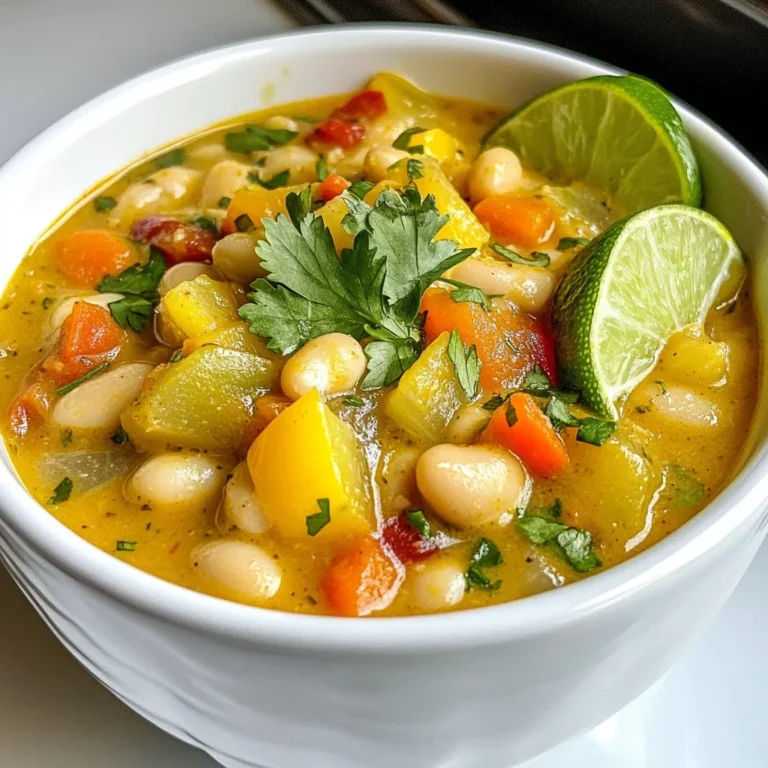 - 2 tablespoons olive oil - 1 medium onion, diced - 3 cloves garlic, minced - 1 bell pepper (any color), diced - 2 carrots, diced - 1 celery stalk, diced - 1 can (15 oz) white beans (cannellini or great northern), drained and rinsed - 4 cups vegetable broth - 1 cup corn kernels (fresh or frozen) - 1 teaspoon ground cumin - 1 teaspoon chili powder - 1/2 teaspoon smoked paprika - 1/4 teaspoon cayenne pepper (optional for heat) - 1 cup heavy cream or coconut milk for a vegan option - Salt and pepper to taste - Fresh cilantro or parsley, for garnish - Lime wedges, for serving I love using simple, fresh ingredients. Each one adds to the chili's flavor. Olive oil gives a rich base. Onion and garlic bring depth and aroma. Bell peppers add sweetness and color, while carrots and celery add crunch. White beans are the star of this dish. They are creamy and filling. You can use cannellini or great northern beans. Vegetable broth makes the chili hearty and adds a vegetable kick. Corn kernels bring a pop of sweetness. Spices like cumin and chili powder give warmth. Smoked paprika adds a nice, smoky touch, and cayenne pepper can give it a kick if you like heat. Finally, heavy cream or coconut milk makes it creamy. It rounds out the flavors and adds richness. Salt and pepper bring everything together. Garnish with cilantro or parsley for a fresh finish. Lime wedges add a zesty touch when serving. This combination creates a warm and comforting meal. {{ingredient_image_1}} 1. Heating the oil and sautéing the onion In a large pot, heat 2 tablespoons of olive oil over medium heat. Add 1 medium diced onion. Sauté the onion for about 3 to 4 minutes until it turns translucent. 2. Adding garlic and vegetables Next, add 3 minced garlic cloves, 1 diced bell pepper, 2 diced carrots, and 1 diced celery stalk to the pot. Stir frequently for 5 to 7 minutes, until all the vegetables soften. 3. Stirring in beans, broth, and spices Now, stir in 1 can of drained and rinsed white beans, 4 cups of vegetable broth, and 1 cup of corn kernels. Add 1 teaspoon of ground cumin, 1 teaspoon of chili powder, 1/2 teaspoon of smoked paprika, and 1/4 teaspoon of cayenne pepper if you want heat. Mix well. 1. Bringing to a boil and simmering Bring the mixture to a gentle boil. Once it starts bubbling, reduce the heat. Let it simmer for about 20 to 25 minutes. Stir occasionally to help the flavors meld. 2. Adding cream or coconut milk After it thickens slightly, stir in 1 cup of heavy cream or coconut milk for a vegan option. This adds a nice creaminess to the chili. 3. Final seasoning and serving instructions Season with salt and pepper to taste. Let the chili simmer for another 5 minutes to heat through. Remove from heat, ladle into bowls, and garnish with fresh cilantro or parsley. Serve with lime wedges for an extra zing. For a creamy chili, I love using cannellini or great northern beans. These beans blend well and create a rich texture. If you want a thicker chili, mash some beans with a fork. This adds body without changing the flavor. You can also adjust the chili's consistency by adding more broth or cream. If it's too thick, just add a splash of vegetable broth. You can always add more, but it's hard to take it out! Spices make all the difference in chili. I recommend using cumin, chili powder, and smoked paprika for a warm taste. If you like a kick, add cayenne pepper. For toppings, fresh cilantro or parsley brightens each bowl. Squeeze lime juice on top to add zest. You can even try avocado slices or shredded cheese for extra creaminess. Each of these choices adds a unique twist to your creamy white bean chili. Pro Tips Use Fresh Ingredients: Fresh vegetables and herbs elevate the flavor of your chili, making it more vibrant and delicious. Adjust the Spice Level: Customize the heat by varying the amount of cayenne pepper or adding diced jalapeños for an extra kick. Let It Rest: Allow the chili to sit for a few minutes after cooking to let the flavors meld together for a richer taste. Garnish Creatively: Experiment with different garnishes like avocado, sour cream, or shredded cheese to enhance the presentation and flavor. {{image_2}} To make this creamy white bean chili vegan, swap the heavy cream for coconut milk. This keeps it rich and tasty. For a dairy-free option, coconut milk works great as well. It adds a sweet flavor and creamy texture. If you need a gluten-free version, you’re in luck! All the ingredients in this chili are gluten-free. Just check your vegetable broth label to ensure it’s gluten-free. Enjoy this chili without worry! You can use fresh or frozen corn in this recipe. Fresh corn gives a sweet crunch, while frozen corn is convenient and just as tasty. If you choose frozen, add it in during the last 10 minutes of cooking for best results. When it comes to beans, feel free to switch things up! Cannellini beans are my favorite, but you can also try great northern beans or even chickpeas. Each type of bean adds its own unique flavor and texture. Don’t hesitate to experiment! To keep your creamy white bean chili fresh, use airtight containers. Glass containers work well since they don’t absorb odors. Plastic containers are also good if they seal tightly. Store the chili in the fridge for up to five days. If you want to keep it longer, freezing is a great option. When reheating, avoid the microwave if you can. Instead, warm the chili on the stove over low heat. Stir often to keep it from sticking. You can add a splash of broth or cream to restore its creamy texture. If you freeze it, let the chili cool completely before putting it in containers. It can last up to three months in the freezer. When ready to eat, thaw it in the fridge overnight. Then, reheat it slowly on the stove. This way, you keep all the great flavors intact. Can I use different types of beans? Yes, you can use different beans. Cannellini and great northern beans work best. You can also try navy beans or pinto beans. Each type adds a unique texture and taste. Mixing beans can make the chili even more interesting. How can I make it spicier or milder? To make it spicier, add more cayenne pepper or some hot sauce. You can also use jalapeños for a fresh kick. If you prefer it milder, skip the cayenne and reduce the chili powder. Taste as you go to find the right balance for you. What are some good sides to serve with chili? Chili pairs well with cornbread or crusty bread. A fresh salad can add a nice crunch. You might also enjoy tortilla chips or rice on the side. Lime wedges are great for squeezing over the dish for extra flavor. This blog post covered delicious chili ingredients and simple steps to cook it. You also learned tips to enhance flavor and texture. Experiment with variations for dietary needs and ingredient swaps. Storing and reheating are easy when done right. Feel excited to make this chili your own. Enjoy a warm bowl and share with friends!