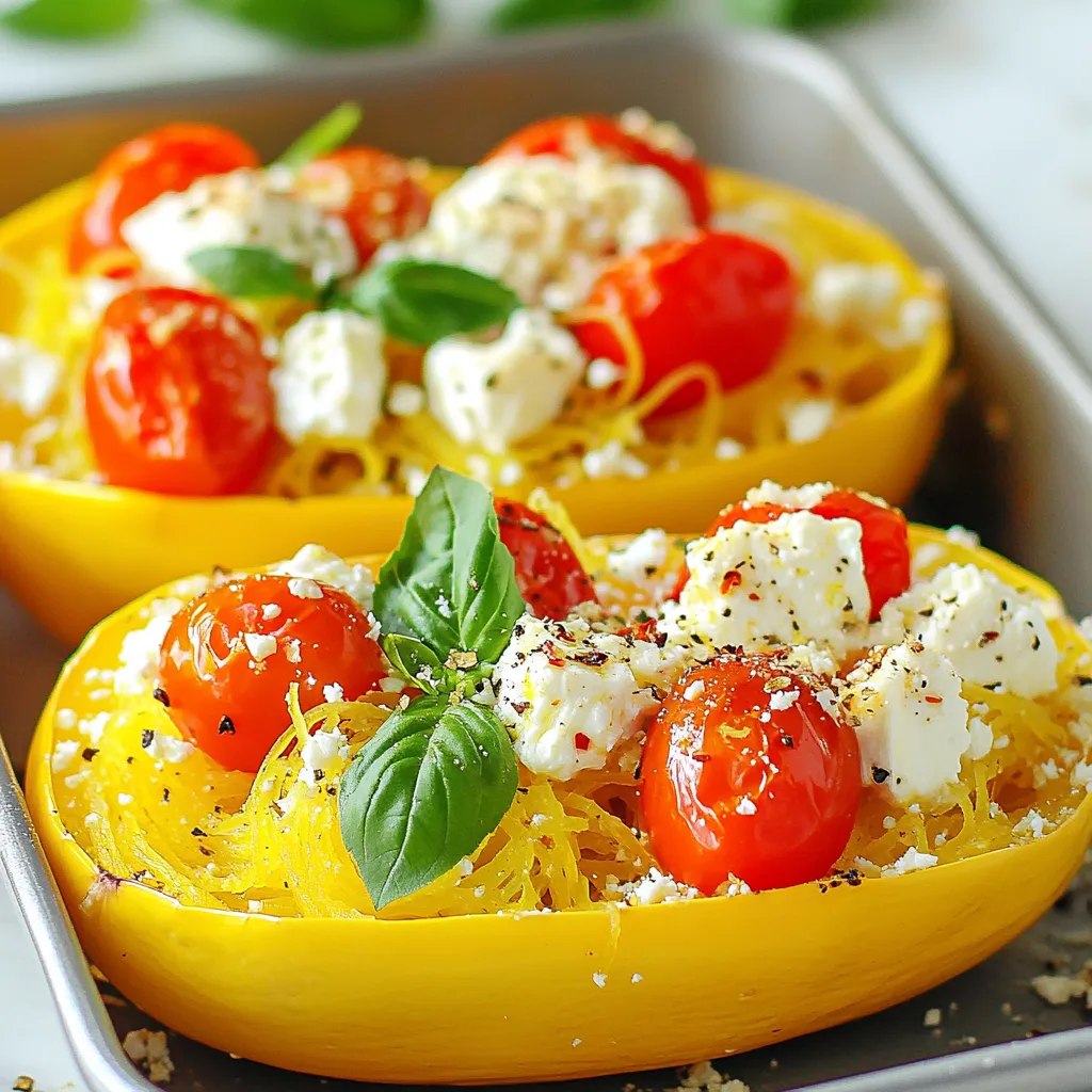 To make Baked Feta Spaghetti Squash, you will need: - 1 medium spaghetti squash - 200g block of feta cheese - 1 cup cherry tomatoes, halved - 3 cloves garlic, minced - 2 tablespoons olive oil - 1 teaspoon dried oregano - 1/2 teaspoon red pepper flakes (optional) - Salt and pepper to taste - Fresh basil leaves for garnish - Grated Parmesan cheese for serving (optional) You can swap some ingredients if needed. Here are some ideas: - Feta cheese: Use goat cheese or ricotta for a different taste. - Cherry tomatoes: Any small tomato will work, or use diced larger tomatoes. - Olive oil: Canola or avocado oil can replace olive oil. - Red pepper flakes: Use fresh chili if you want more heat. - Fresh basil: Try parsley or arugula if you don't have basil. This dish is not just tasty; it's also healthy! Here’s a quick view of what you get per serving: - Calories: 250 - Protein: 10g - Fat: 18g - Carbohydrates: 15g - Fiber: 5g - Sugars: 3g This dish is low in carbs and high in flavor. It's perfect for a healthy meal! {{ingredient_image_1}} To start, you need to preheat your oven to 400°F (200°C). Next, grab your medium spaghetti squash and cut it in half lengthwise. Be careful and use a sharp knife. After cutting, scoop out the seeds inside. This part can be messy, so have a bowl ready for the seeds. Place the squash halves cut-side up on a baking sheet. Drizzle them with olive oil and sprinkle salt, pepper, and dried oregano on top. Now, it's time to add the star of the show: the feta cheese. Place the block of feta right in the middle of the baking sheet. Surround the feta with your halved cherry tomatoes and minced garlic. Drizzle everything again with a bit more olive oil. If you like heat, sprinkle some red pepper flakes on top. Bake this delicious mix in your preheated oven for 30-35 minutes. You want the squash to be tender and the feta to be soft and slightly brown. Once the baking time is up, carefully remove the baking sheet from the oven. The smell will be amazing! Using a fork, scrape the insides of the spaghetti squash to create strands. This is where the fun begins! Mix the roasted tomatoes, garlic, and crumbled feta together with those lovely squash strands. Ensure everything is well combined. This dish is now ready to serve. You can present it right in the squash shells. Add fresh basil leaves on top for a pop of color, and if you like, sprinkle some grated Parmesan cheese for extra flavor. Enjoy your healthy and flavorful baked feta spaghetti squash! To get the best spaghetti squash, pick one that feels heavy. A firm squash means better texture. Always cut it lengthwise to get long strands. Scoop the seeds out well for even cooking. Preheat your oven properly; this helps everything cook evenly. Drizzle enough olive oil to coat the squash but don’t drown it. Season well with salt and pepper for flavor. Bake until tender, around 30 to 35 minutes, but check it a bit earlier. To serve, use the squash shell as a bowl. This looks nice and keeps the dish warm. Mix in the roasted feta, tomatoes, and garlic well. Add fresh basil leaves on top for a pop of color and flavor. If you like, sprinkle some grated Parmesan on each serving. This adds a nice cheesy touch that many love. You can also serve it with a side salad for a complete meal. Baked feta spaghetti squash pairs well with a crisp green salad. A simple side of steamed broccoli works great too. If you want more protein, grilled chicken or shrimp is perfect. For a heartier meal, try serving it with crusty bread. This helps scoop up the delicious squash mix. You can also serve it with roasted vegetables for a colorful plate. Each option adds flavor and makes your meal even better. Pro Tips Choose a ripe squash: Look for spaghetti squash that is firm, with a smooth and vibrant yellow skin for the best flavor and texture. Adjust the feta: Use a flavored feta (like herb or chili) for an extra layer of taste that complements the dish beautifully. Customize your toppings: Feel free to add other roasted vegetables like zucchini or bell peppers for added nutrition and flavor. Make it creamy: Stir in a splash of heavy cream or a dollop of Greek yogurt after mixing for a creamier sauce-like consistency. {{image_2}} You can swap feta cheese for other types. Goat cheese adds a tangy taste. Cream cheese makes the dish creamy and smooth. If you want something sharper, try aged cheddar. Each cheese gives a unique flavor to your baked spaghetti squash. This dish is great for adding extra veggies. Bell peppers add sweetness and color. Zucchini brings a nice texture. Spinach or kale can boost nutrition. Just roast them along with the squash and cheese for a tasty mix. To make this dish vegan, use vegan feta or tofu. Tofu can soak up flavors well. You can also skip the cheese and add more roasted veggies. Nutritional yeast gives a cheesy flavor without dairy. This keeps the dish healthy and plant-based. To keep your baked feta spaghetti squash fresh, let it cool first. Once cool, transfer it to an airtight container. This dish can stay in the fridge for up to four days. If you want to store it longer, consider freezing it. Just make sure to use freezer-safe containers. It will last for about three months in the freezer. When you're ready to enjoy your leftovers, reheat them gently. You can use a microwave or an oven. For the microwave, place a portion in a bowl and heat for one to two minutes. Stir halfway through. If using an oven, preheat it to 350°F (175°C) and bake for about 10-15 minutes. Cover the dish with foil to prevent it from drying out. Meal prepping this dish can save you time. You can roast the spaghetti squash and feta in advance. Store the squash strands and feta separately. When you're ready to eat, just mix the two together. This makes it easy to enjoy a healthy meal anytime. You can also pack the leftovers into single servings for quick lunches. Yes, you can use other squash types. Zucchini or butternut squash work well. They have different textures, but they absorb flavors nicely. Just remember, cooking times may change based on the squash you choose. You will know the spaghetti squash is done when it is tender. You can poke it with a fork. If it goes in easily, it is ready. The skin should also feel soft. Yes, you can make this dish ahead of time. You can cook the squash and mix it with the feta and tomatoes. Store it in the fridge for up to three days. Just reheat it before serving to enjoy its full flavor. If you want a substitute for feta cheese, try goat cheese or ricotta. They both add creaminess. For a dairy-free option, use tofu or a vegan feta. These will change the taste, but they still work well. This blog post covers everything you need to know about spaghetti squash. We discussed the key ingredients, including substitutions and nutritional info. I walked you through each step of the cooking process, sharing tips for great results. We explored variations, like different cheeses and vegan options. Finally, I gave you storage tips to keep leftovers fresh. Spaghetti squash is a versatile dish you can make your own. Enjoy experimenting with flavors and sharing your creations!