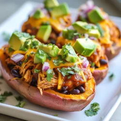 - Sweet potatoes - Cooked shredded chicken - Barbecue sauce - Red onion - Corn - Black beans - Shredded cheddar cheese - Avocado - Fresh cilantro - Salt and pepper BBQ Chicken Stuffed Sweet Potatoes need fresh ingredients for the best taste. I prefer using medium sweet potatoes. They should be firm and free from blemishes. The cooked shredded chicken can come from rotisserie chicken or any leftover chicken you have. Choose your favorite barbecue sauce; it adds a lot of flavor. I like a balance of sweet and tangy. For the crunch, you will need red onion. It adds a nice bite. Canned or frozen corn works great too. Black beans provide protein and fiber, making this meal filling. Shredded cheddar cheese melts perfectly on top, giving a rich taste. Fresh avocado and cilantro add freshness and color to your dish. Finally, add salt and pepper to enhance all the flavors. When you gather these ingredients, you’ll be ready to create a tasty dish. Each ingredient plays a vital role in making these sweet potatoes a hearty meal. {{ingredient_image_1}} - Preheat the oven: Set your oven to 400°F (200°C). This step is key to getting soft sweet potatoes. - Wash and pierce the sweet potatoes: Rinse them well under cold water. Use a fork to poke holes in each potato. This helps steam escape while baking. - Bake until tender: Place the sweet potatoes on a baking sheet. Bake for about 45-60 minutes. They are done when they feel soft when squeezed. - Combine chicken with barbecue sauce: In a mixing bowl, mix 2 cups of shredded chicken with 1 cup of your favorite barbecue sauce. Stir until the chicken is well coated. This adds great flavor. - Mix corn, black beans, and onion: In another bowl, combine 1 cup of corn, 1 cup of black beans, and 1/2 cup of finely chopped red onion. Add salt and pepper to taste. Stir everything together until mixed well. - Cut slits and scoop out the sweet potato: Once the sweet potatoes are cool, cut a slit down the middle of each one. Use a spoon to scoop out some flesh, leaving some on the skin. - Fill with corn mixture, BBQ chicken, and cheese: Take a little of the scooped-out sweet potato and mix it with the chicken. Fill each potato with a layer of the corn mixture, then add the BBQ chicken mix. Top with 1 cup of shredded cheddar cheese. - Bake stuffed sweet potatoes until cheese is melted: Place the stuffed sweet potatoes back in the oven. Bake them for about 10-15 minutes. They are ready when the cheese is melted and bubbly. Enjoy your meal! - How to choose the best sweet potatoes: Look for sweet potatoes that are firm and smooth. The skin should be free of blemishes or spots. Choose medium-sized potatoes for even cooking. - Timing tips for baking: Bake sweet potatoes at 400°F (200°C) for about 45-60 minutes. Time may vary based on size. To check doneness, pierce with a fork. It should slide in easily. - Best barbecue sauce options: Use your favorite barbecue sauce for the best taste. A sweet sauce pairs well with the sweet potatoes. Try a smoky or tangy sauce for a different twist. - Adding spices or herbs to the filling: Mix in spices like paprika or cumin for warmth. Fresh herbs like cilantro add a bright flavor. Experiment with what you enjoy! - Pairing with side dishes: Serve these stuffed sweet potatoes with a fresh salad or grilled veggies. They balance the hearty meal well. - Ideal garnishes and toppings: Top with diced avocado and chopped cilantro for freshness. A squeeze of lime juice adds a nice zing. You can also sprinkle extra cheese for a richer bite. Pro Tips Perfectly Cooked Sweet Potatoes: To ensure even cooking, choose sweet potatoes that are similar in size. This will help them bake evenly and avoid some being undercooked while others are overcooked. Flavorful Chicken: For extra flavor, consider marinating the shredded chicken in the barbecue sauce for at least 30 minutes before mixing it with the potatoes. This enhances the taste significantly. Cheese Melting Tip: For an extra cheesy topping, try mixing different types of cheese, such as mozzarella or pepper jack, with the cheddar. This adds depth and creaminess to your dish. Serving Suggestion: Pair these stuffed sweet potatoes with a side salad or coleslaw for a well-rounded meal. The freshness will complement the richness of the dish beautifully. {{image_2}} You can switch the chicken for other meats. Pulled pork works great in this dish. It adds a smoky flavor that pairs well with sweet potatoes. Turkey is another tasty choice. It gives a lighter twist and still tastes good with BBQ sauce. For a vegetarian option, use lentils or chickpeas. They add protein and flavor. You can also try quinoa for a unique texture. Both options are filling and delicious. Cheese can take your dish to the next level. Try pepper jack for a spicy kick. You can also use creamy goat cheese for a rich taste. Mixing cheeses can create a fun flavor blend. Add more veggies for extra crunch. Bell peppers or spinach can brighten the dish. You can also mix in some roasted zucchini. This adds color and nutrients, making your meal even better. Feel free to get creative with barbecue sauce. Making your own gives you control over the flavors. You can add honey for sweetness or hot sauce for spice. Experimenting can lead to your new favorite sauce. Try different sauces like teriyaki or buffalo sauce. These can change the whole vibe of your stuffed sweet potatoes. Each sauce offers a new taste adventure, making meals exciting. To store your BBQ Chicken Stuffed Sweet Potatoes, first let them cool. Then, place them in an airtight container. You can keep them in the refrigerator for up to three days. If you want to save them for later, freezing is a great option too. Wrap each stuffed sweet potato tightly in plastic wrap. Then, place them in a freezer-safe bag or container. They will stay good for up to three months. When you're ready to enjoy your leftovers, here are the best ways to reheat them. The oven is great for keeping the texture. Preheat your oven to 350°F (175°C). Place the stuffed sweet potatoes on a baking sheet. Heat them for about 15-20 minutes, or until warm. If you’re short on time, you can also use the microwave. Just place the sweet potato on a microwave-safe plate. Heat it for 2-3 minutes. To keep the flavor and texture, here’s a tip: add a splash of water before microwaving. This helps steam the sweet potato and keeps it moist. Enjoy your tasty meal again! Yes, you can. This dish is great for meal prep. Bake the sweet potatoes and fill them. Store them in the fridge for up to three days. When ready to eat, just reheat in the oven. This keeps the flavors fresh and tasty. You can also freeze them. Wrap each stuffed sweet potato in foil. They will last for about a month in the freezer. To reheat, bake from frozen at 375°F (190°C) for about 25-30 minutes. For this recipe, both sweet and tangy barbecue sauces work well. Sweet sauces add a nice glaze and flavor. They balance the savory chicken and creamy avocado. Tangy sauces add a bit of zing and depth. They can make the dish pop with flavor. My personal favorite is a honey BBQ sauce. It gives a lovely sweetness that pairs perfectly with the sweet potatoes. You can make a few simple swaps to boost health. Use low-sugar barbecue sauce to cut down on added sugars. Swap regular cheese for a reduced-fat version. You can also add more veggies to the filling. Try spinach or bell peppers for added nutrients. If you want a lighter option, replace chicken with shredded rotisserie chicken. This saves time and adds flavor without extra fat. Yes, you can use other types of potatoes if you like. Russet potatoes work well for a classic taste. They are fluffy and absorb flavors nicely. You could also try Yukon gold potatoes for a creamier texture. For a twist, use cauliflower for a low-carb option. Just bake until tender and follow the same filling steps. Each type will change the flavor, but all can be delicious. In this blog post, we explored how to make BBQ chicken stuffed sweet potatoes. We discussed key ingredients, step-by-step prep, and tips for perfecting your dish. You also learned about different protein options and flavor enhancements. A well-stuffed sweet potato can be a tasty meal or snack. Experiment with storage and reheating for the best results. Try making your own twist on this dish to keep it fresh and fun! Enjoy your cooking adventure!