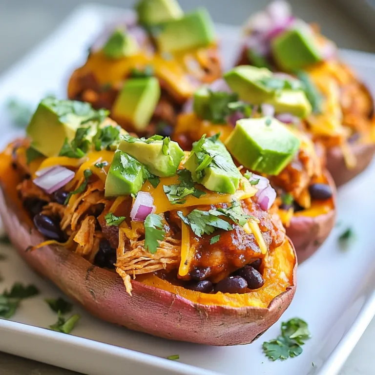 - Sweet potatoes - Cooked shredded chicken - Barbecue sauce - Red onion - Corn - Black beans - Shredded cheddar cheese - Avocado - Fresh cilantro - Salt and pepper BBQ Chicken Stuffed Sweet Potatoes need fresh ingredients for the best taste. I prefer using medium sweet potatoes. They should be firm and free from blemishes. The cooked shredded chicken can come from rotisserie chicken or any leftover chicken you have. Choose your favorite barbecue sauce; it adds a lot of flavor. I like a balance of sweet and tangy. For the crunch, you will need red onion. It adds a nice bite. Canned or frozen corn works great too. Black beans provide protein and fiber, making this meal filling. Shredded cheddar cheese melts perfectly on top, giving a rich taste. Fresh avocado and cilantro add freshness and color to your dish. Finally, add salt and pepper to enhance all the flavors. When you gather these ingredients, you’ll be ready to create a tasty dish. Each ingredient plays a vital role in making these sweet potatoes a hearty meal. {{ingredient_image_1}} - Preheat the oven: Set your oven to 400°F (200°C). This step is key to getting soft sweet potatoes. - Wash and pierce the sweet potatoes: Rinse them well under cold water. Use a fork to poke holes in each potato. This helps steam escape while baking. - Bake until tender: Place the sweet potatoes on a baking sheet. Bake for about 45-60 minutes. They are done when they feel soft when squeezed. - Combine chicken with barbecue sauce: In a mixing bowl, mix 2 cups of shredded chicken with 1 cup of your favorite barbecue sauce. Stir until the chicken is well coated. This adds great flavor. - Mix corn, black beans, and onion: In another bowl, combine 1 cup of corn, 1 cup of black beans, and 1/2 cup of finely chopped red onion. Add salt and pepper to taste. Stir everything together until mixed well. - Cut slits and scoop out the sweet potato: Once the sweet potatoes are cool, cut a slit down the middle of each one. Use a spoon to scoop out some flesh, leaving some on the skin. - Fill with corn mixture, BBQ chicken, and cheese: Take a little of the scooped-out sweet potato and mix it with the chicken. Fill each potato with a layer of the corn mixture, then add the BBQ chicken mix. Top with 1 cup of shredded cheddar cheese. - Bake stuffed sweet potatoes until cheese is melted: Place the stuffed sweet potatoes back in the oven. Bake them for about 10-15 minutes. They are ready when the cheese is melted and bubbly. Enjoy your meal! - How to choose the best sweet potatoes: Look for sweet potatoes that are firm and smooth. The skin should be free of blemishes or spots. Choose medium-sized potatoes for even cooking. - Timing tips for baking: Bake sweet potatoes at 400°F (200°C) for about 45-60 minutes. Time may vary based on size. To check doneness, pierce with a fork. It should slide in easily. - Best barbecue sauce options: Use your favorite barbecue sauce for the best taste. A sweet sauce pairs well with the sweet potatoes. Try a smoky or tangy sauce for a different twist. - Adding spices or herbs to the filling: Mix in spices like paprika or cumin for warmth. Fresh herbs like cilantro add a bright flavor. Experiment with what you enjoy! - Pairing with side dishes: Serve these stuffed sweet potatoes with a fresh salad or grilled veggies. They balance the hearty meal well. - Ideal garnishes and toppings: Top with diced avocado and chopped cilantro for freshness. A squeeze of lime juice adds a nice zing. You can also sprinkle extra cheese for a richer bite. Pro Tips Perfectly Cooked Sweet Potatoes: To ensure even cooking, choose sweet potatoes that are similar in size. This will help them bake evenly and avoid some being undercooked while others are overcooked. Flavorful Chicken: For extra flavor, consider marinating the shredded chicken in the barbecue sauce for at least 30 minutes before mixing it with the potatoes. This enhances the taste significantly. Cheese Melting Tip: For an extra cheesy topping, try mixing different types of cheese, such as mozzarella or pepper jack, with the cheddar. This adds depth and creaminess to your dish. Serving Suggestion: Pair these stuffed sweet potatoes with a side salad or coleslaw for a well-rounded meal. The freshness will complement the richness of the dish beautifully. {{image_2}} You can switch the chicken for other meats. Pulled pork works great in this dish. It adds a smoky flavor that pairs well with sweet potatoes. Turkey is another tasty choice. It gives a lighter twist and still tastes good with BBQ sauce. For a vegetarian option, use lentils or chickpeas. They add protein and flavor. You can also try quinoa for a unique texture. Both options are filling and delicious. Cheese can take your dish to the next level. Try pepper jack for a spicy kick. You can also use creamy goat cheese for a rich taste. Mixing cheeses can create a fun flavor blend. Add more veggies for extra crunch. Bell peppers or spinach can brighten the dish. You can also mix in some roasted zucchini. This adds color and nutrients, making your meal even better. Feel free to get creative with barbecue sauce. Making your own gives you control over the flavors. You can add honey for sweetness or hot sauce for spice. Experimenting can lead to your new favorite sauce. Try different sauces like teriyaki or buffalo sauce. These can change the whole vibe of your stuffed sweet potatoes. Each sauce offers a new taste adventure, making meals exciting. To store your BBQ Chicken Stuffed Sweet Potatoes, first let them cool. Then, place them in an airtight container. You can keep them in the refrigerator for up to three days. If you want to save them for later, freezing is a great option too. Wrap each stuffed sweet potato tightly in plastic wrap. Then, place them in a freezer-safe bag or container. They will stay good for up to three months. When you're ready to enjoy your leftovers, here are the best ways to reheat them. The oven is great for keeping the texture. Preheat your oven to 350°F (175°C). Place the stuffed sweet potatoes on a baking sheet. Heat them for about 15-20 minutes, or until warm. If you’re short on time, you can also use the microwave. Just place the sweet potato on a microwave-safe plate. Heat it for 2-3 minutes. To keep the flavor and texture, here’s a tip: add a splash of water before microwaving. This helps steam the sweet potato and keeps it moist. Enjoy your tasty meal again! Yes, you can. This dish is great for meal prep. Bake the sweet potatoes and fill them. Store them in the fridge for up to three days. When ready to eat, just reheat in the oven. This keeps the flavors fresh and tasty. You can also freeze them. Wrap each stuffed sweet potato in foil. They will last for about a month in the freezer. To reheat, bake from frozen at 375°F (190°C) for about 25-30 minutes. For this recipe, both sweet and tangy barbecue sauces work well. Sweet sauces add a nice glaze and flavor. They balance the savory chicken and creamy avocado. Tangy sauces add a bit of zing and depth. They can make the dish pop with flavor. My personal favorite is a honey BBQ sauce. It gives a lovely sweetness that pairs perfectly with the sweet potatoes. You can make a few simple swaps to boost health. Use low-sugar barbecue sauce to cut down on added sugars. Swap regular cheese for a reduced-fat version. You can also add more veggies to the filling. Try spinach or bell peppers for added nutrients. If you want a lighter option, replace chicken with shredded rotisserie chicken. This saves time and adds flavor without extra fat. Yes, you can use other types of potatoes if you like. Russet potatoes work well for a classic taste. They are fluffy and absorb flavors nicely. You could also try Yukon gold potatoes for a creamier texture. For a twist, use cauliflower for a low-carb option. Just bake until tender and follow the same filling steps. Each type will change the flavor, but all can be delicious. In this blog post, we explored how to make BBQ chicken stuffed sweet potatoes. We discussed key ingredients, step-by-step prep, and tips for perfecting your dish. You also learned about different protein options and flavor enhancements. A well-stuffed sweet potato can be a tasty meal or snack. Experiment with storage and reheating for the best results. Try making your own twist on this dish to keep it fresh and fun! Enjoy your cooking adventure!