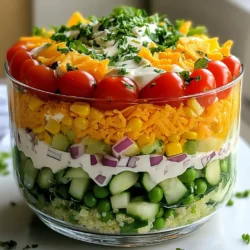 For this vibrant salad, you will need: - 1 head of iceberg lettuce, chopped - 1 cup cherry tomatoes, halved - 1 cup cucumbers, diced - 1 cup carrots, grated - 1 cup red bell pepper, diced - 1 cup sweet corn (canned or frozen) - 1 cup cooked green peas (fresh or frozen) These fresh vegetables make the salad colorful and crunchy. Each layer adds its own taste and texture. The bright colors make it appealing. To dress this salad, mix: - 1 cup mayonnaise - 2 tablespoons apple cider vinegar - 1 tablespoon honey - Salt and pepper to taste This dressing is creamy and tangy. The honey adds a hint of sweetness. Adjust salt and pepper to your liking. Feel free to customize your salad! Here are some fun options: - 1 cup shredded cheddar cheese - 1 cup cooked and crumbled quinoa - 1/2 cup red onion, finely chopped - Fresh parsley for garnish Cheddar cheese adds richness. Quinoa boosts protein and makes it filling. Red onion gives a nice bite. Fresh parsley adds a pop of green on top. {{ingredient_image_1}} Start with a large, clear glass bowl. This helps show off the beautiful layers. First, chop one head of iceberg lettuce. Spread it evenly at the bottom of the bowl. Next, slice one cup of cherry tomatoes in half. Add them on top of the lettuce. Then, dice one cup of cucumbers. Layer these over the tomatoes. After that, grate one cup of carrots. Place the grated carrots as your next layer. Now, take one cup of diced red bell pepper. Add this on top of the carrots. Next, open a can of sweet corn or use frozen corn. Spread one cup of corn over the peppers. Then, take one cup of cooked green peas. You can use fresh or frozen peas. Layer these on top of the corn. Finally, sprinkle one cup of cooked and crumbled quinoa over the peas. This adds a nice texture and flavor. In a separate bowl, mix the dressing. Start with one cup of mayonnaise. Add two tablespoons of apple cider vinegar for tanginess. Then, include one tablespoon of honey for a touch of sweetness. Don't forget to season with salt and pepper to taste. Whisk these ingredients together until smooth. This dressing will tie all the layers together. Now, it’s time to put everything together. Pour the dressing over the salad layers. Make sure it covers everything evenly. Then, add one cup of shredded cheddar cheese on top. Follow this with half a cup of finely chopped red onion. This will add a nice crunch and flavor. Cover the bowl with plastic wrap. Place it in the fridge for at least one hour. This allows the flavors to blend well. Before serving, garnish your salad with fresh parsley for a pop of color. Layering is key to a lovely seven layer salad. Start with chopped iceberg lettuce at the bottom. This adds crunch and keeps all the other layers fresh. Next, add cherry tomatoes for a pop of color and sweetness. Then, layer diced cucumbers for crunch. Grate the carrots next to add color and sweetness. After that, add diced red bell peppers for a sweet taste. Sweet corn follows for a nice touch of sweetness. Finally, finish with cooked green peas and crumbled quinoa. This helps to keep the salad healthy and filling. To make your salad shine, don’t forget the dressing! Mix mayonnaise, apple cider vinegar, honey, salt, and pepper in a bowl. This will give flavor and creaminess. Pour the dressing evenly over the layers. It helps blend the flavors together. You can also add herbs like dill or basil for a fresh twist. A sprinkle of paprika can add a nice kick. Taste as you go to find the perfect balance. Presentation matters! Use a clear glass bowl to show off the layers. A trifle dish works great too. For serving, use a long spoon. This makes it easy to scoop out layers. You can also serve in small salad cups. This way, each cup shows off the colorful layers. Before serving, add fresh parsley on top. It adds a bright finish and a lovely aroma. Enjoy the beauty of your salad as much as the taste! Pro Tips Fresh Ingredients: Use the freshest vegetables possible for the best flavor and texture in your salad. Layering Technique: To maintain the salad's beautiful layers, add the heavier ingredients like quinoa and cheese last. Chill Time: Allowing the salad to chill for at least an hour helps the flavors meld together, enhancing the overall taste. Custom Dressing: Feel free to customize the dressing by adding herbs or spices to suit your taste preferences. {{image_2}} You can make this salad even healthier. Try using Greek yogurt instead of mayonnaise. It gives a nice tang and adds protein. Swap out the cheddar cheese for a low-fat cheese. You could also add more veggies, like spinach or kale, for extra nutrients. Use fresh corn instead of canned for better flavor and crunch. Making this salad vegetarian or vegan is easy. Skip the cheese and use a dairy-free dressing. You can blend silken tofu with herbs for a creamy texture. Use chickpeas instead of quinoa for added protein. This keeps the salad filling and tasty without any animal products. Change the salad with the seasons. In summer, add fresh basil or mint for a refreshing twist. In fall, consider roasted squash or apples for a sweet touch. Winter is great for using hearty veggies like Brussels sprouts. This keeps the salad exciting and full of new flavors all year round. To keep your seven layer salad fresh, cover it tightly. Use plastic wrap or a lid. Store it in the fridge. This helps keep the layers nice and crisp. If you have dressing left, store it separately. This prevents the salad from getting soggy. For meal prep, you can cut veggies a day ahead. Store them in separate bags or containers. When you are ready, layer them in your serving dish. This keeps them fresh and crunchy. You can also prepare the dressing in advance. Just mix it and store it in the fridge. Choose a clear glass bowl for best results. A trifle dish works great too. It shows off the colorful layers. If you need something more portable, use a large plastic container. Make sure it has a good seal. This helps keep everything fresh and prevents spills. Yes, you can make Seven Layer Salad in advance. This dish tastes even better after sitting for a few hours. If you prep it a day before, the flavors mix well. Just cover it and chill in the fridge. Keep the cheese and fresh veggies on top until serving. This keeps them crisp and fresh. If you want a mayo swap, try Greek yogurt. It adds creaminess and is healthier. You can also use avocado for a rich taste. Another option is a vinaigrette made with olive oil and vinegar. These swaps keep the salad tasty and fun. Seven Layer Salad lasts about three to five days in the fridge. Make sure to store it in an airtight container. If you see any signs of spoilage, it’s best to toss it. Enjoy this fresh and colorful dish within a few days for the best taste! The seven-layer salad is easy to make and fun to share. We covered fresh veggies, dressings, and tasty toppings. I shared steps for preparing, mixing, and assembling your salad. Plus, you learned tips for layering and serving beautifully. You can also explore variations for healthy or seasonal twists. Enjoying this salad can be a breeze with all the storage info we discussed. Keeping leftovers fresh is simple, too. Now, you’re ready to create your own version. Get creative with flavors and have fun making this dish your own!