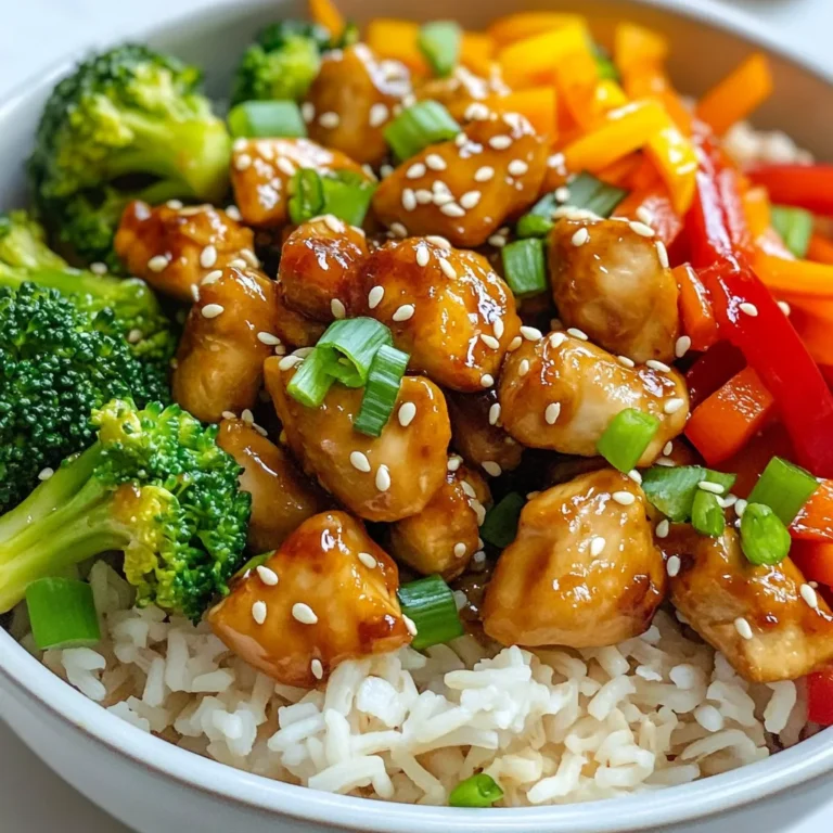- 1 lb boneless, skinless chicken breast, cut into bite-sized pieces - 2 tablespoons sesame oil - 3 tablespoons low-sodium soy sauce - 1 tablespoon honey or agave syrup - 1 tablespoon rice vinegar - 1 teaspoon fresh ginger, minced - 2 cloves garlic, minced - 1 cup broccoli florets - 1 bell pepper, sliced (any color) - 1 carrot, julienned - 1 tablespoon sesame seeds (for garnish) - 2 green onions, sliced (for garnish) - Cooked brown rice or quinoa (for serving) This Healthy Sesame Chicken dish is simple yet full of flavor. The chicken serves as the main protein, and you can choose any color bell pepper to add a pop of brightness. The marinade combines sesame oil, soy sauce, and honey, giving a sweet and savory touch. Fresh ginger and garlic boost the flavor and offer health benefits too. Broccoli, bell pepper, and carrots add texture and nutrients. Don't skip the sesame seeds and green onions for that final touch of freshness! Serve this over brown rice or quinoa for a wholesome meal. This recipe is not only quick but also packed with good ingredients. Enjoy cooking with these fresh, vibrant ingredients! {{ingredient_image_1}} To start, I make the marinade. In a medium bowl, I whisk together: - 2 tablespoons sesame oil - 3 tablespoons low-sodium soy sauce - 1 tablespoon honey or agave syrup - 1 tablespoon rice vinegar - 1 teaspoon minced fresh ginger - 2 cloves minced garlic This mix gives the chicken a rich flavor. Next, I add the bite-sized chicken pieces. I make sure every piece is well-coated. I let the chicken marinate for at least 20 minutes. For more flavor, I sometimes let it sit in the fridge for up to one hour. Once the chicken has marinated, I heat a non-stick skillet over medium-high heat. I add the marinated chicken pieces to the hot skillet. I cook the chicken for about 5 to 7 minutes. I stir it occasionally until the chicken is browned and fully cooked. After the chicken is cooked, it’s time to add veggies. I toss in: - 1 cup broccoli florets - 1 sliced bell pepper (any color) - 1 julienned carrot I stir everything together and cook for another 5 to 6 minutes. This timing helps the vegetables stay tender-crisp. I check the seasoning and add more soy sauce if needed. Once done, I remove it from heat. I love to sprinkle sesame seeds and sliced green onions on top before serving. To enhance flavors, you can add more ingredients. Try adding a sprinkle of red pepper flakes for heat or a splash of lime juice for brightness. These small changes make a big difference. I recommend marinating the chicken for at least 20 minutes. If you have more time, let it sit for up to an hour in the fridge. This longer time helps the chicken soak up all the tasty flavors. Use a non-stick skillet or a wok for high heat cooking. These tools help the chicken brown nicely without sticking. Heat the skillet before adding the chicken. This ensures a good sear. To keep the chicken juicy, avoid overcooking it. Cook the chicken for about 5-7 minutes until it's no longer pink inside. Stir occasionally to cook evenly. When serving, use a deep bowl for a great look. Place a scoop of brown rice or quinoa at the bottom. Top it with the chicken and veggies. For garnishing, sprinkle sesame seeds and sliced green onions on top. A wedge of lime on the side adds color and a zesty kick. This makes your dish not only tasty but also beautiful! Pro Tips Marinate for Maximum Flavor: Allowing the chicken to marinate for at least 1 hour will enhance the flavor. If time permits, marinate overnight for even better results. Veggie Variety: Feel free to add other vegetables like snow peas, zucchini, or snap peas for added nutrition and color. Cooking Method: For a crispier texture, consider stir-frying the chicken in batches instead of overcrowding the skillet. Garnish Generously: Don’t skimp on the sesame seeds and green onions; they add a delightful crunch and fresh flavor to the dish. {{image_2}} Options for gluten-free You can make this dish gluten-free by using tamari instead of soy sauce. Tamari is a great option because it has a similar taste but is safe for those with gluten issues. You can also check labels on your honey or agave to ensure they are gluten-free. Substitutes for vegetarian or vegan diets For a vegetarian or vegan twist, swap the chicken for tofu or tempeh. Both options absorb the marinade well. You can also use seitan for a meat-like texture. Just make sure to adjust cooking times based on what you choose. Different vegetables to use Feel free to get creative with the veggies! You can add snap peas, zucchini, or even mushrooms. Each vegetable brings its own flavor and texture. Use what you have on hand or what’s in season for a fresh taste. Low-calorie substitutes for the marinade If you want to cut calories, try using less honey or agave. You can also add more vinegar for tang without the calories. Another trick is to use a bit of vegetable broth instead of oil. This adds flavor without extra fat. To keep your Healthy Sesame Chicken fresh, use these simple tips: - Place leftovers in the fridge within two hours of cooking. - Use airtight containers to prevent moisture loss. - Store in glass or BPA-free plastic containers for safety. - Label containers with the date for easy tracking. When reheating, keep the chicken juicy and tasty. Here are some methods: - Use a microwave for quick reheating. Cover the dish to trap steam. - Reheat on the stovetop over low heat. Add a splash of water to keep it moist. - Avoid high heat to prevent drying out the chicken. Safe reheating tips include checking the internal temperature. Heat until it reaches 165°F (74°C). Enjoy your meal again! I recommend marinating the chicken for at least 20 minutes. This time allows the flavors to soak in. You can marinate it for up to 1 hour in the fridge for even better taste. If you’re in a hurry, 20 minutes will still give you nice flavor. Yes, you can use frozen chicken. But first, you need to thaw it completely. I suggest using the fridge for safe thawing overnight. Once thawed, cut it into bite-sized pieces and marinate as usual. Avoid cooking frozen chicken directly, as it may not cook evenly. For a balanced meal, serve Healthy Sesame Chicken with cooked brown rice or quinoa. Both add fiber and nutrients. You can also add a side of steamed vegetables, like green beans or snap peas, for extra color and crunch. A light salad can also pair nicely. Absolutely! Healthy Sesame Chicken is perfect for meal prep. Cook a large batch and store it in airtight containers. Keep it in the fridge for up to 4 days. You can also freeze portions for up to 3 months. Just reheat on the stove or in the microwave when you’re ready to eat. This blog post guides you to make Healthy Sesame Chicken. We explored key ingredients, marinating the chicken, and cooking techniques. I shared tips for flavor and presentation. You can adapt the recipe for special diets and store leftovers correctly. Cooking can be simple and fun. With these steps, you can create a dish everyone will enjoy. Try it out, and enjoy your tasty meal!