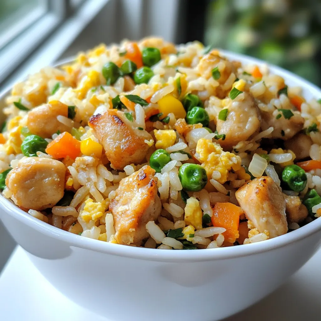 To make Crispy Garlic Chicken Fried Rice, gather these essential ingredients: - 2 cups cooked jasmine rice (day-old preferred) - 1 cup boneless chicken breast, diced - 4 cloves garlic, minced - 1 small onion, finely chopped - 1 cup mixed vegetables (peas, carrots, corn) - 3 tablespoons soy sauce - 2 tablespoons oyster sauce (optional) - 1 tablespoon sesame oil - 2 tablespoons vegetable oil - 2 eggs, beaten - Green onions, sliced for garnish - Salt and pepper to taste Day-old rice works best. It dries out slightly, making it easier to fry. If you don’t have day-old rice, spread freshly cooked rice on a tray to cool. This helps reduce moisture. For substitutions, here are some helpful tips: - You can use brown rice instead of jasmine rice for a healthier option. - Chicken breast can be swapped for tofu or shrimp for a different protein. - If you don’t have mixed veggies, use any fresh or frozen veggies you like. - Soy sauce can be replaced with tamari for a gluten-free option. - Instead of oyster sauce, use hoisin sauce for a sweet twist. These swaps keep your dish tasty while fitting your pantry. Enjoy cooking! {{ingredient_image_1}} Start by preparing the chicken. Take one cup of boneless chicken breast, and cut it into small pieces. Season the chicken with a pinch of salt and pepper. Let it sit for a bit to absorb the flavor. Next, it’s time to fry the chicken. Heat one tablespoon of vegetable oil in a large skillet or wok over medium-high heat. Add the seasoned chicken pieces and cook them for about 5 to 7 minutes. You want them golden and crispy. Once done, remove the chicken from the pan and set it aside. Now, let’s sauté the aromatics for flavor. In the same pan, add another tablespoon of vegetable oil. Toss in four minced garlic cloves and one finely chopped small onion. Sauté these for about 2 to 3 minutes. You want the mixture to be fragrant and the onions to look translucent. After that, add in one cup of mixed vegetables, like peas, carrots, and corn. Stir-fry these for an additional 3 to 4 minutes until they are warmed up. Next, we incorporate the rice. Push the veggies to one side of the pan. If needed, add another tablespoon of vegetable oil. Then, add 2 cups of day-old jasmine rice. Break up any clumps and stir-fry the rice for about 5 minutes. This step is key for getting that crispy texture. Now, mix everything together. Add the cooked chicken back into the pan. Pour in three tablespoons of soy sauce and two tablespoons of oyster sauce if you want a richer flavor. Stir well to coat the rice evenly with the sauces. Then, it’s time to add the eggs. Push the fried rice to one side of the pan. Pour two beaten eggs into the empty space. Scramble the eggs until fully cooked, then mix them into the rice. Finally, drizzle one tablespoon of sesame oil over the fried rice. Taste and adjust the seasoning with salt and pepper as needed. Give it one last stir to combine all the flavors. Serve your Crispy Garlic Chicken Fried Rice hot, garnished with sliced green onions on top. Enjoy this tasty dish! To make Crispy Garlic Chicken Fried Rice, start with day-old rice. Fresh rice is too moist. It clumps together and won’t fry well. Day-old rice is dry and firm. This texture helps get that crispy finish. For crispy fried rice, use high heat. A wok or a large skillet works best. Spread the rice in a thin layer. Don’t crowd the pan. Let it sit in the pan for a few minutes before stirring. This way, it gets nice and crispy. Adjust the seasoning to your taste. Soy sauce adds saltiness, while oyster sauce gives depth. Taste as you go. Add a bit of salt or pepper if needed. You want a balance of flavors. If you like it spicy, add some chili flakes or sauce. Experiment with these tips to make your fried rice just right! Pro Tips Use Day-Old Rice: Day-old jasmine rice is ideal for fried rice as it has dried out slightly, making it easier to fry without becoming mushy. High Heat Cooking: Cooking on high heat helps to achieve that desirable crispy texture in both the chicken and the rice. Customize Your Veggies: Feel free to mix and match vegetables based on your preference or what you have on hand for added flavor and nutrition. Garnish for Freshness: Adding fresh green onions at the end brightens up the dish and adds a pop of color and flavor. {{image_2}} You can switch up the recipe to fit your needs or tastes. - Vegetarian options for Crispy Garlic Fried Rice: Use tofu or tempeh instead of chicken. Both options add protein and flavor. You can also use chickpeas for a different twist. - Other protein alternatives: If you prefer beef or shrimp, those work well too. Just adjust your cooking time. Ground turkey or pork also makes a tasty choice. - Adding different vegetables for flavor: Feel free to mix in bell peppers, broccoli, or zucchini. They add color and crunch. Try adding spinach or kale for a healthy boost. These swaps keep the dish exciting and tasty! To store your Crispy Garlic Chicken Fried Rice, follow these steps: - Cool it down: Let the fried rice sit at room temperature for no more than two hours. This helps avoid bacteria growth. - Use airtight containers: Place the rice in containers that seal tightly. This keeps moisture out and helps maintain flavor. - Label and date: Write the date on the container. This way, you know how long it's been stored. When reheating, you want to keep that perfect texture. Here are some tips: - Use a skillet: Heat a little oil in a pan. Add the rice and stir occasionally. This helps it heat evenly and regain some crispiness. - Add a splash of water: If the rice is too dry, add a few drops of water. Cover the pan for a minute to create steam. This helps rehydrate the rice. You can also freeze Crispy Garlic Chicken Fried Rice if you want to save it for later: - Portion it out: Divide the fried rice into meal-sized portions before freezing. This makes it easy to reheat later. - Use freezer bags: Place the rice in freezer-safe bags and squeeze out excess air. This prevents freezer burn. - Store for up to three months: Frozen fried rice keeps well. Just remember to label the bags with the date. Following these storage tips ensures your delicious meal stays fresh and tasty! How long does Crispy Garlic Chicken Fried Rice last in the fridge? Crispy Garlic Chicken Fried Rice can last for about 3 to 4 days in the fridge. Make sure to store it in an airtight container. This keeps it fresh and tasty. The rice may lose some crispness, but the flavor stays great. Can I make this dish in advance? Yes, you can make this dish in advance. Prepare the fried rice, let it cool, and then store it in the fridge. Reheat it when you are ready to eat. To keep it crispy, use a skillet and heat it on medium. What should I serve with Crispy Garlic Chicken Fried Rice? You can serve this dish with a variety of sides. A simple cucumber salad adds crunch. You might also enjoy it with some spring rolls for extra flavor. For a more filling meal, pair it with a hot soup, like miso or egg drop soup. Crispy Garlic Chicken Fried Rice is a tasty and simple dish. We discussed essential ingredients, cooking steps, and how to achieve the perfect texture. You learned about ingredient swaps for different diets and tips for storing leftovers. In closing, this recipe is fun to make and customize. Enjoy making it your way, and share it with friends. You will love how simple ingredients become a delicious meal.