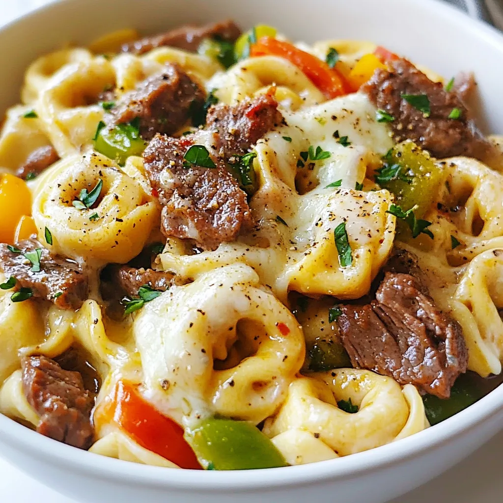 - 12 oz cheese tortellini - 1 lb beef sirloin, thinly sliced - 1 tablespoon olive oil - 1 large onion, sliced - 1 green bell pepper, sliced - 1 red bell pepper, sliced - 2 cloves garlic, minced - 1 cup beef broth - 1 cup cream cheese, softened - 1 teaspoon Worcestershire sauce - 1 cup provolone cheese, shredded - Salt and pepper to taste - Fresh parsley, chopped (for garnish) The main star of this dish is cheese tortellini. It adds a rich, cheesy base. Next, we have beef sirloin. It provides a meaty flavor that pairs well with the other ingredients. Olive oil helps sauté the veggies and adds a nice touch. Onions bring sweetness to the mix. Green and red bell peppers add color and crunch. Garlic gives a strong flavor that enhances the dish. We use beef broth for a savory sauce. Cream cheese makes the sauce creamy and smooth. Worcestershire sauce adds a tangy kick. Provolone cheese melts well and adds depth. Finally, salt and pepper season the dish perfectly. Fresh parsley gives it a bright finish. This combination creates a tasty meal that is sure to impress! {{ingredient_image_1}} To start, boil a large pot of salted water. The salt helps add flavor to the tortellini. Once the water boils, add 12 ounces of cheese tortellini. Cook it according to the package instructions, usually around 5-7 minutes. Test a piece to ensure it’s tender. Drain the tortellini and set it aside while you prepare the other ingredients. Use a large skillet for this step. Heat 1 tablespoon of olive oil over medium-high heat. Add sliced onions, green bell peppers, and red bell peppers. Sauté them for about 5-7 minutes. The goal is to make the veggies tender while keeping some crunch. Stir them often for even cooking. For the beef, thinly slice 1 pound of beef sirloin. Make sure to slice against the grain for a tender bite. Add the beef to the skillet with the vegetables. Season with salt and pepper. Cook for about 3-4 minutes until the beef is browned. Add 2 cloves of minced garlic and cook for another minute until fragrant. Pour in 1 cup of beef broth and 1 teaspoon of Worcestershire sauce. Allow this mixture to simmer for 2-3 minutes. Next, add 1 cup of softened cream cheese. Stir until the cream cheese melts and mixes in evenly. This will create a rich and creamy sauce, perfect for your dish. Now, add the cooked tortellini into the skillet with the cheesesteak mixture. Gently toss everything together. You want to coat the tortellini well with the sauce. Look for visual cues, like the tortellini being evenly covered and warmed through. Remove the skillet from the heat. Stir in 1 cup of shredded provolone cheese until it melts. Adjust the seasoning with more salt and pepper if needed. Serve warm and garnish with chopped fresh parsley. The parsley adds a nice pop of color and freshness to your dish. Enjoy this tasty and hearty meal! Using the right cheese is key. I love provolone for its creamy texture and rich taste. You can also try mozzarella or even a mix for more flavor. For broth, use low-sodium beef broth for a nice base. You might add a splash of red wine or some steak sauce to boost the taste. Prep your ingredients in advance. Slice your beef and chop your veggies early. This makes cooking faster and easier. You can also cook the tortellini while you sauté the vegetables. This way, you save time and keep things moving. For refrigeration, let the dish cool down before storing. Use an airtight container to keep it fresh. When reheating, add a splash of broth to help keep the texture nice. Heat it gently on the stove or in the microwave. This way, your dish stays creamy and delicious. Pro Tips Use Fresh Ingredients: Fresh vegetables and high-quality beef will enhance the flavor of your dish significantly. Customize Your Cheese: Feel free to mix different cheeses like mozzarella or cheddar for a unique flavor profile. Don’t Overcook the Beef: Since the beef is thinly sliced, it cooks quickly. Remove it from heat as soon as it’s browned to keep it tender. Add Heat if Desired: For a spicy kick, consider adding chopped jalapeños or a dash of hot sauce to your cheesesteak mixture. {{image_2}} For a vegetarian twist on this dish, you can replace the beef. Use mushrooms or tempeh as great meat alternatives. Both give a hearty texture. You can also add more vegetables. Try zucchini, spinach, or cherry tomatoes for extra color and flavor. These options make the dish flavorful and healthy. If you like heat, add some spice! You can include jalapeños for a fresh kick. Slice them thin and toss them in with the onions and peppers. Hot sauce is another fun option. Just drizzle in a few drops while cooking. Adjust the amount to suit your taste. This adds a nice zing to the creamy sauce. Cheese can change the whole flavor of this dish. Provolone is classic, but feel free to switch it up. Try mozzarella for a milder taste or pepper jack for heat. You can also mix different cheeses for depth. When melting cheese, stir it in off the heat. This helps it melt smoothly without clumping. To keep your Philly Cheesesteak Tortellini Pasta fresh, use airtight containers. Glass or plastic containers work great. Make sure they seal well to keep out air. You can store leftovers in the fridge for up to three days. This helps keep the flavors intact. If you want to save this dish for later, freezing is a good option. Let the pasta cool completely before freezing. Portion it into containers, but leave some space for expansion. You can freeze it for up to three months. To thaw, place it in the fridge overnight. Reheat it on low heat in a skillet or the microwave. Add a splash of broth to keep it creamy and moist. Yes, you can use other pasta shapes. Bowtie, penne, or shells work great. Each type gives a unique texture. Just remember to cook them according to the package. You can use Greek yogurt or sour cream for a lighter option. For dairy-free, try cashew cream or coconut cream. These options give a nice creamy texture. Choose gluten-free tortellini or any gluten-free pasta. Many brands offer good alternatives. Always check the label to ensure it's certified gluten-free. The total time is about 30 minutes. You spend 10 minutes on prep and 20 minutes on cooking. It’s a quick and tasty dinner option. Yes, pre-cooked beef can save you time. Just add it to the skillet with the veggies. Heat until warm, then mix in the sauce. This dish pairs well with a fresh salad or garlic bread. Roasted vegetables also complement the flavors. Choose sides that balance the rich cheesesteak taste. This blog post explored a tasty dish: Philly Cheesesteak Tortellini Pasta. You learned the key ingredients and step-by-step cooking instructions. We covered tips for making the dish shine and how to store leftovers. You can also try fun variations like vegetarian or spicy options. With this knowledge, you'll create a delicious meal that brings joy to your table. Remember, cooking is about creativity and fun. Enjoy making this recipe your own and share it with friends or family. Happy cooking!