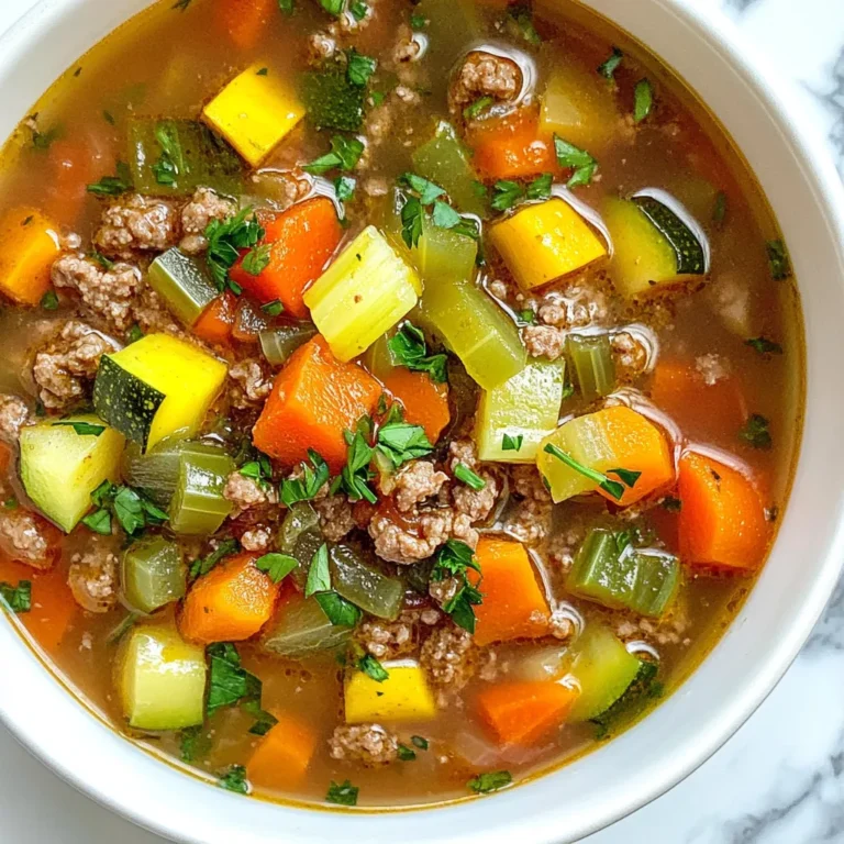 - 1 pound ground beef - 1 medium onion, diced - 2 cloves garlic, minced - 2 medium carrots, diced - 2 celery stalks, diced - 1 bell pepper (any color), diced - 1 zucchini, diced - 1 cup green beans, chopped - 1 can (14.5 oz) diced tomatoes with juice - 4 cups beef broth - 1 tablespoon Worcestershire sauce - 1 teaspoon dried thyme - 1 teaspoon dried basil - Salt and pepper to taste - 2 tablespoons olive oil - Fresh parsley, chopped (for garnish) Each serving of this soup has about 300 calories. You get 20 grams of protein and 15 grams of fat. There are 25 grams of carbohydrates and 5 grams of dietary fiber. This soup is hearty, filling, and good for you. You can swap out the ground beef for ground turkey or chicken. For a veggie twist, add mushrooms or spinach instead of beef. Use vegetable broth instead of beef broth for a lighter soup. Feel free to mix in any seasonal veggies you have on hand. This soup is flexible and can fit your taste. {{ingredient_image_1}} Start by gathering your ingredients. You will need ground beef, onion, garlic, carrots, celery, bell pepper, zucchini, green beans, diced tomatoes, beef broth, Worcestershire sauce, thyme, basil, salt, pepper, olive oil, and fresh parsley. Next, chop your vegetables. Dice the onion, carrots, celery, bell pepper, and zucchini. Mince the garlic. Chop the green beans into small pieces. This step is crucial. Properly chopped veggies cook more evenly and enhance the soup's texture. In a large pot, heat olive oil over medium heat. Add the diced onion and sauté for about 3 minutes, stirring until it softens. Then, stir in the minced garlic and cook for one more minute. This will fill your kitchen with a lovely aroma. Now, add the ground beef to the pot. Cook it, breaking it up with a wooden spoon. You want it browned and no longer pink, which takes about 6-8 minutes. If there's excess fat, drain it off. Next, add the chopped carrots, celery, bell pepper, zucchini, and green beans. Cook these for about 5 minutes. Stir occasionally to ensure even cooking. Pour in the can of diced tomatoes with juice and the beef broth. Then add Worcestershire sauce, thyme, basil, salt, and pepper. Give everything a good stir to mix well. Bring the soup to a boil. Once it boils, reduce the heat to low. Let it simmer uncovered for 30 minutes. This allows all the flavors to blend beautifully. After simmering, taste the soup. Adjust the seasoning with more salt and pepper if needed. For the final touch, serve the soup hot in bowls. Garnish with fresh parsley for a pop of color and flavor. Enjoy this warm and hearty meal! To make the best ground beef vegetable soup, focus on cooking times. Start by sautéing the onion for three minutes. This softens it and builds flavor. Next, add minced garlic. Cook it for one minute to release its aroma. Brown the ground beef until it turns a nice brown color, about six to eight minutes. This step adds depth to the soup. When adding veggies, cook them for five minutes. This keeps them crisp yet tender. Taste your soup before serving. Adjust flavors by adding salt or pepper. If you want a richer taste, add a bit more Worcestershire sauce. For a thicker soup, let it simmer longer, which also deepens the flavors. This soup pairs well with many sides. Fresh bread is a great choice. A simple green salad can also complement it nicely. For toppings, consider shredded cheese or crunchy croutons. Fresh parsley adds a pop of color and flavor. You can also add a dollop of sour cream for creaminess. Watch out for overcooking the vegetables. You want them tender but not mushy. Also, don’t skip the simmering step. This melds the flavors and makes your soup taste amazing. Avoid using too much salt at the start; you can always add more later. Lastly, ensure the ground beef is fully cooked. No one wants to bite into raw meat. Pro Tips Use Fresh Vegetables: Fresh vegetables enhance the flavor and nutrition of your soup. Look for seasonal produce for the best taste. Brown the Beef Properly: Ensure the ground beef is well-browned to develop a rich flavor. Avoid overcrowding the pot to achieve a good sear. Adjust Seasonings to Taste: After simmering, taste your soup and adjust the seasonings as needed. A little extra salt or herbs can make a big difference. Let It Rest: Allow the soup to sit for a while before serving. This helps the flavors meld together beautifully. {{image_2}} You can change this soup to fit your taste. For a vegetarian version, swap the ground beef for lentils or chickpeas. They add protein and fiber. Use vegetable broth instead of beef broth. You can still enjoy the hearty feel of the soup. If you prefer a low-carb option, skip the potatoes and add more green veggies. Try cauliflower or spinach for a nice twist. This keeps the soup light yet filling. For a spicy kick, mix in red pepper flakes or diced jalapeños. This adds heat and flavor. You can also use spicy sausage instead of beef. It gives the soup a whole new taste. Using seasonal vegetables makes your soup fresh and tasty. In the spring, add peas or asparagus for a burst of color and flavor. Summer is great for tomatoes and bell peppers. They will make your soup vibrant and full of nutrients. In the fall, think about adding squash or pumpkin. These ingredients bring a warm, cozy feel. In winter, root vegetables like parsnips or turnips can add depth. Seasonal veggies enhance the soup and support local farms. You can cook this soup in different ways. The stovetop method is quick and easy, as shown in the recipe. Just sauté, add ingredients, and simmer. For a slow cooker, brown the beef first. Then, add all ingredients to the cooker. Set it on low for 6-8 hours. This method lets the flavors meld well. If you want speed, use an Instant Pot. Brown the beef using the sauté function. Then, add everything and cook on high pressure for about 10 minutes. Release the pressure, and your soup is ready fast. Each method has its charm, so pick one that fits your style. After you make the soup, let it cool. Store leftovers in an airtight container. This keeps the soup fresh. You can keep it in the fridge for up to four days. If you notice any bad smells or changes in color, throw it away. Always trust your senses when it comes to food safety. Freezing is a great option if you want to save some soup. Use freezer-safe containers or bags. Make sure to leave some space at the top. Soup expands as it freezes. You can freeze the soup for up to three months. When you want to eat it, thaw it overnight in the fridge. Reheat in a pot over low heat. Stir often to heat evenly. You can prepare this soup ahead of time. Chop all the vegetables and store them in the fridge. This makes cooking quick and easy. You can also cook a big batch and portion it out. Use small containers for single servings. This way, you have meals ready to go when you need them. Meal prep can save you time during busy weeks. Ground beef vegetable soup can last about 3 to 4 days in the fridge. To keep it fresh, store it in an airtight container. Make sure to let it cool down before sealing. If you see any signs of spoilage, like off smells or mold, discard it. Always reheat the soup to a safe temperature before eating. Yes, making this soup in advance is a great idea. It saves time during busy days. The flavors will deepen as it sits, making it taste even better. You can prepare it, cool it, and store it in the fridge. Just heat it up when you’re ready to eat. You can also freeze it for longer storage. To spice up your soup, try adding red pepper flakes or hot sauce. You can also use diced jalapeños for a fresh kick. Another option is to add some chipotle in adobo for a smoky flavor. Start small, and taste as you go. Adjust until it’s just right for your taste buds. This blog post detailed how to make a hearty ground beef vegetable soup. We covered the key ingredients, cooking steps, and helpful tips. You learned about nutritional values and substitutions to fit your needs. We also discussed storage methods to keep your soup fresh. Remember, making this recipe can be a fun and versatile experience. Adjust it to suit your taste and enjoy it any time of the year. Cooking isn't just about food; it's about creativity too. Happy cooking!