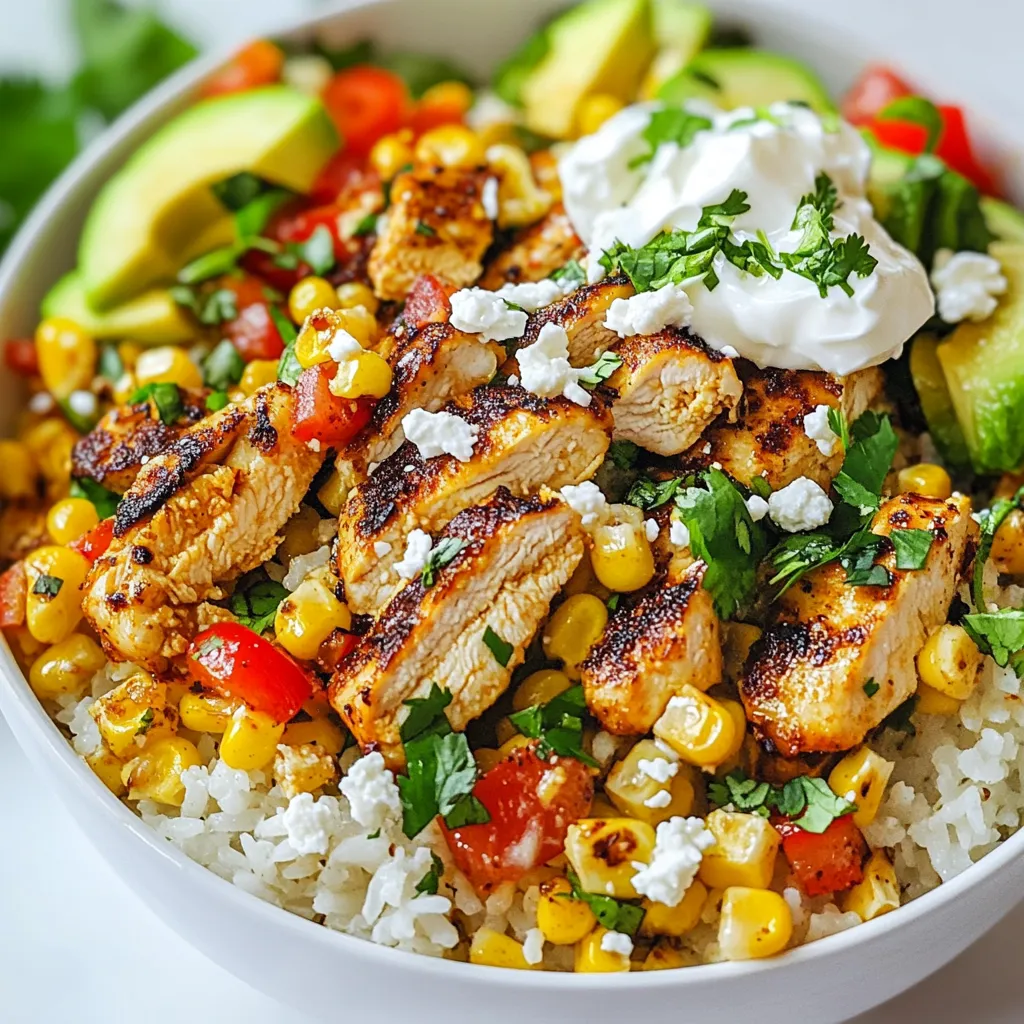 - 2 cups cooked jasmine rice - 1 lb chicken breast, diced - 1 cup corn (fresh or canned) - 1 red bell pepper, diced - 1 avocado, sliced - ¼ cup crumbled feta cheese - ¼ cup fresh cilantro, chopped - 2 tablespoons olive oil - 1 teaspoon paprika - 1 teaspoon cumin - 1 teaspoon garlic powder - Salt and pepper to taste - 2 tablespoons lime juice - ½ cup sour cream or Greek yogurt - Lime wedges for serving To make this dish, gather all the ingredients first. The jasmine rice gives a nice base. The chicken breast is the star. You can use fresh or canned corn. The red bell pepper adds crunch and color. Sliced avocado brings creaminess. Feta cheese gives a salty kick. Fresh cilantro adds flavor. Olive oil is key for cooking. For seasoning, you just need a few spices. Paprika gives warmth. Cumin adds earthiness. Garlic powder enhances taste. Salt and pepper balance everything. Lime juice adds brightness. Don't forget the toppings! Sour cream or Greek yogurt adds creaminess. Lime wedges give zest when served. These elements combine to make a tasty bowl that feels special yet easy to prepare. {{ingredient_image_1}} To start, grab a mixing bowl. Combine the diced chicken breast with olive oil, paprika, cumin, garlic powder, salt, and pepper. Toss it all together until the chicken is well coated. This mix gives the chicken great flavor. Next, heat a skillet over medium-high heat. Add the seasoned chicken to the hot skillet. Cook for about 5 to 7 minutes. You want it to turn golden brown and be fully cooked. Once done, remove it from the heat and set it aside. Now, let’s move on to the corn. In the same skillet, if needed, add a splash more olive oil. Toss in the corn and sauté it for 3 to 4 minutes. You want to see some char on the corn. This adds a nice smoky taste to your dish. After it’s slightly charred and heated through, remove it from the heat. It’s time to build your bowl! Start with 2 cups of cooked jasmine rice as the base. Add the juicy cooked chicken on top. Then, layer the sautéed corn over the chicken. Next, add some diced red bell pepper for crunch and color. Place sliced avocado on top for creaminess. Finish with crumbled feta cheese for a salty kick. Drizzle lime juice over everything for a zesty touch. If you like, add a dollop of sour cream or Greek yogurt on top. Finally, sprinkle fresh cilantro for a burst of flavor and a pop of green. Enjoy your beautiful, tasty bowl! To ensure your chicken is fully cooked, check its internal temperature. It should reach 165°F. I recommend cutting the chicken into small, even pieces. This helps it cook faster and stay tender. Use a skillet over medium-high heat to get a nice sear. You can also marinate the chicken for extra flavor beforehand. For a great visual appeal, layer the ingredients in your bowl. Start with the rice at the bottom. Then add the chicken, sautéed corn, and colorful veggies on top. Use vibrant bowls to make the dish pop. Consider garnishing with fresh cilantro and lime wedges. This adds a splash of color and extra zest. Prepping ingredients in advance saves time. You can chop the veggies and marinate the chicken a day before. Store them in the fridge for quick assembly later. Cooked rice can also be made ahead. Just reheat it when you’re ready to eat. This makes dinner easy and fun! Pro Tips Perfectly Cooked Chicken: Ensure your chicken is cooked to an internal temperature of 165°F for safety and juiciness. Fresh Corn Flavor: If using fresh corn, grill it beforehand for an extra smoky taste before adding it to the skillet. Customize Your Toppings: Feel free to add other toppings like black beans or jalapeños for added flavor and texture. Meal Prep Friendly: This dish is great for meal prep; just store the ingredients separately and assemble when ready to eat. {{image_2}} You can easily change the protein in this bowl. Swap chicken for tofu or shrimp. Tofu gives a nice texture and absorbs flavors well. Shrimp cooks fast and adds a sweet touch. Try different cheeses too. Instead of feta, use queso fresco or cheddar. You can also mix in other veggies. Try zucchini, black beans, or even diced tomatoes for a twist. Want to spice things up? Add jalapeños for heat. Sliced or diced, they bring a nice kick. You can also try different sauces. A drizzle of chipotle sauce or a splash of sriracha can elevate the dish. Experiment with dressings like cilantro lime or a creamy avocado sauce to add depth to the flavors. If you need gluten-free options, this bowl is easy to adapt. Just check that your sauces and dressings are gluten-free. For a low-carb or keto-friendly version, swap jasmine rice for cauliflower rice. Cauliflower rice keeps the dish light and low on carbs while still being filling. You can also add extra protein like beans or chickpeas for a hearty meal. To keep your chicken rice bowl fresh, store it right. First, let it cool. Place it in a container with a lid. Use glass or plastic containers that seal well. This helps keep flavors locked in. Make sure to eat leftovers within three days for best taste. Reheat your bowl gently. The best way is in the microwave. Use a medium setting for about 2-3 minutes. Stir halfway to heat evenly. You can also use a skillet. Heat it on low for about 5 minutes. This keeps the chicken and corn nice and juicy. You can freeze some parts of the dish. The chicken and rice freeze well. Avoid freezing the avocado and sour cream, as they don’t thaw well. To freeze, place cooled chicken and rice in a freezer bag. Press out air and seal tightly. When you’re ready, thaw in the fridge overnight. Reheat as needed. It takes about 30 minutes to make this dish. You’ll spend 15 minutes prepping the ingredients and another 15 minutes cooking. This quick time makes it a great meal for busy nights. Yes, you can use frozen corn. Just thaw it before cooking. Frozen corn is handy and saves time. It also keeps the sweet taste of fresh corn. You can use basmati or brown rice instead of jasmine rice. Basmati has a nutty flavor, while brown rice is chewier and more filling. Both options work well with this dish. This dish is mild, but you can adjust the spice. If you want more heat, add jalapeños or hot sauce. You can also skip the spices or use less if you prefer it bland. In this blog post, we explored the key ingredients to make a tasty Street Corn Chicken Rice Bowl. We covered how to cook your chicken, sauté corn, and assemble the bowl for a beautiful dish. I shared tips on cooking, presentation, and making ahead for busy days. You can also customize ingredients to fit your taste. Remember to store any leftovers properly and follow the reheating tips for best results. This dish is simple yet flexible, making it a delightful meal for everyone. Enjoy your cooking!